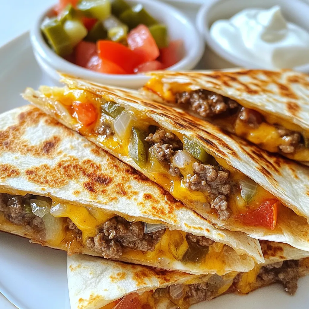 - 1 pound ground beef - 4 large flour tortillas - 1 cup shredded cheddar cheese - 1 cup shredded Monterey Jack cheese - 1/2 cup diced onions - 1/2 cup diced tomatoes - 1/4 cup pickles, chopped The main ingredients for Smashburger quesadillas create a flavorful meal. Ground beef serves as the star, bringing rich taste. Flour tortillas wrap everything, making them easy to hold. The mix of cheddar and Monterey Jack cheeses adds creaminess. Onions and tomatoes give freshness, while pickles add a nice crunch. - 1 tablespoon burger seasoning (or a mix of salt, pepper, garlic powder) - 2 tablespoons olive oil Seasoning is key for great flavor. You can use a store-bought burger seasoning or make your own. A simple mix of salt, pepper, and garlic powder works well. Olive oil helps brown the beef and crisp the tortillas. It gives a nice texture and flavor. - Sour cream - Salsa For serving, I love adding sour cream and salsa. Sour cream cools the heat and adds creaminess. Salsa brings a zesty kick to each bite. Together, they enhance the flavors and make each quesadilla even better. {{ingredient_image_1}} To start, season the ground beef in a bowl. Use about one tablespoon of burger seasoning. You can also mix salt, pepper, and garlic powder. This will add a great taste to your beef. Next, form the beef into small balls. Aim for balls about the size of golf balls. This shape helps them cook evenly and fit nicely in the quesadilla. Now it's time to cook the beef. Heat a non-stick skillet or griddle on medium-high heat. Add one tablespoon of olive oil to the hot skillet. Place the beef balls in the skillet. Use a spatula to smash them down into thin patties. This technique gives you that classic smashburger look. Cook the patties for about 3-4 minutes on one side. They should be browned before flipping. After flipping, cook for another 2-3 minutes. Make sure they are fully cooked and browned. Once done, remove them from heat and set aside. Now, let's assemble the quesadillas. Start by laying a tortilla flat on a clean surface. Sprinkle a layer of cheddar and Monterey Jack cheese over half of the tortilla. Next, add a layer of the cooked burger patties. Top that with diced onions, tomatoes, and pickles. Then, add another layer of cheese on top of the fillings. Carefully fold the tortilla in half to cover the filling. This will create a nice pocket for all the flavors. To cook the quesadillas, return to the skillet. Add the remaining tablespoon of olive oil to the skillet. Place the folded quesadilla in the oil and cook for about 3-4 minutes on each side. You want the tortilla to turn golden brown and the cheese to melt. Once cooked, remove the quesadilla from the skillet. Let it sit for a minute. Then slice it into wedges and serve with sour cream and salsa. Enjoy your delicious Smashburger Quesadillas! To avoid soggy tortillas, make sure to cook the quesadillas in a hot pan. This helps the tortillas crisp up nicely. Use just enough olive oil to coat the pan lightly. Too much oil can make them soggy. For getting the right cheese melt, I like to use a mix of cheddar and Monterey Jack. These cheeses melt well and give a great flavor. Layer them generously inside the quesadilla for that gooey, melty goodness. You can add extra toppings to boost flavor. Try some sliced jalapeños for heat or fresh cilantro for freshness. Spices like cumin or smoked paprika can also elevate the taste. To customize fillings, think outside the box. You can use cooked chicken or even beans. Mix in roasted vegetables for a twist. Let your creativity flow with what you have at home. The best pans for quesadillas are non-stick skillets. They help prevent sticking and make flipping easier. A cast-iron skillet also works well for a nice crispy finish. Useful kitchen tools include a spatula for smashing patties and flipping quesadillas. A sharp knife makes slicing them into wedges simple. Keep a cutting board handy for easy assembly and prep. Pro Tips Use Fresh Ingredients: Always opt for fresh vegetables and quality cheeses for the best flavor in your quesadillas. Don’t Overcrowd the Skillet: If making multiple quesadillas, cook them one at a time to ensure even browning and melting of cheese. Experiment with Cheese: Mix and match different cheeses like pepper jack or gouda for a unique flavor twist in your quesadillas. Let Them Rest: After cooking, let the quesadillas sit for a minute before slicing to help the cheese set and prevent spilling. {{image_2}} You can switch beef for other meats. Chicken or turkey works great. Just use the same seasoning. Cook them until they're nice and juicy. If you want a veggie option, try plant-based meat. It tastes good and is a healthy choice. Cheddar and Monterey Jack are classic choices. But don't stop there! Try pepper jack for a spicy kick. You can also mix cheeses for a fun twist. Creamy cheese blends add richness. Flavored cheeses can bring new tastes to your quesadillas. Want to make your quesadillas even better? Add some extra veggies! Bell peppers, spinach, or corn can add color and crunch. You can also toss in beans for protein. If you like heat, add jalapeños. They give a nice spicy touch. To keep your Smashburger quesadillas fresh, follow these steps: - Let them cool to room temperature. - Wrap each quesadilla in foil or plastic wrap. - Place them in an airtight container. In the fridge, they stay good for about 3 days. Freezing quesadillas is a great way to save leftovers. Here are some tips: - Wrap each quesadilla tightly in plastic wrap and then in foil. - Label with the date so you know when to use them. Frozen quesadillas can last up to 3 months. To reheat, remove the foil and wrap in a damp paper towel. Use the microwave for 1-2 minutes or bake at 350°F for 15-20 minutes. You can prepare quesadillas ahead of time for quick meals. - Assemble them in advance, but don’t cook them yet. - Store uncooked quesadillas in the fridge for up to 2 days. They make a quick lunch or dinner. Just cook them in a skillet when you're ready to eat. Enjoy a tasty meal in minutes! Smashburger Quesadillas are tasty and filling. Each serving has about 600 calories. They contain 35 grams of protein, 40 grams of carbs, and 30 grams of fat. The cheeses add richness, while the beef brings protein. The veggies like onions and tomatoes offer vitamins too. These quesadillas are a hearty meal. Yes, you can make quesadillas ahead of time. Prepare the filling and store it in the fridge. Assemble the quesadillas when you are ready to cook. Wrap them in foil or plastic wrap. This keeps them fresh. If you want to freeze them, wrap tightly and store in a freezer bag. Cook them directly from frozen. Just add a few extra minutes to the cooking time. Pair your quesadillas with tasty sides. A simple green salad adds crunch. Chips and guacamole make a great snack. You can also serve rice or beans for a heartier meal. For drinks, try soda, iced tea, or even a cold beer. These sides enhance the quesadilla experience and make your meal more fun. Smashburger quesadillas combine tasty beef, gooey cheese, and fun toppings. We covered key ingredients like ground beef and tortillas, plus cooking techniques for perfect results. Remember, customizing with different cheeses and add-ins can enhance flavor. Keep leftovers fresh in the fridge or freezer for later. These quesadillas make great meals anytime, so enjoy experimenting with your favorite flavors. Happy cooking!