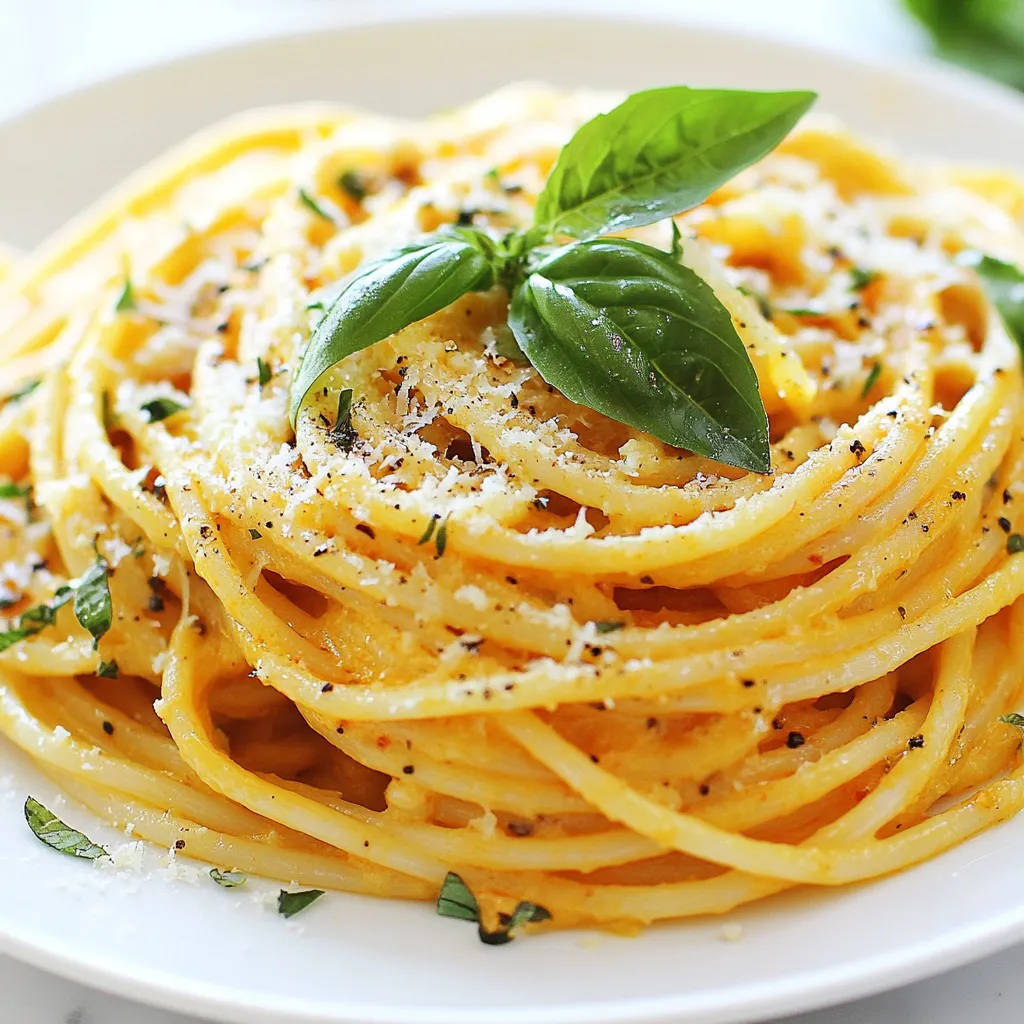 To make this tasty dish, you need a few key items. Here they are: - 200g pasta (spaghetti or linguine) - 2 tablespoons olive oil - 5 cloves garlic, minced - 400g canned crushed tomatoes - 1 cup heavy cream - 1 teaspoon dried basil - 1 teaspoon dried oregano - Salt and pepper to taste These ingredients come together to create a rich and creamy sauce that coats the pasta perfectly. If you want to make your pasta even better, consider these optional additions: - Fresh basil leaves for garnish - Grated Parmesan cheese for a cheesy finish These extras can give your dish a fresh touch and a hint of saltiness. While you can use any pasta, I recommend spaghetti or linguine. They hold the sauce well. Other options like fettuccine or penne can work too. Choose what you like best! {{ingredient_image_1}} Start by bringing a large pot of water to a boil. Make sure you add a good amount of salt to the water. This salt helps the pasta taste great. Once the water is boiling, add 200g of spaghetti or linguine. Cook it according to the package instructions, which usually takes about 8 to 10 minutes. You want the pasta to be al dente, meaning it should still have a little bite to it. Before draining, reserve 1 cup of the pasta water. This water will help later. After that, drain the pasta and set it aside. In a large skillet, heat 2 tablespoons of olive oil over medium heat. Once the oil is hot, add 5 minced garlic cloves. Sauté the garlic for about 1 minute until it smells nice but is not brown. Then, pour in 400g of canned crushed tomatoes. Stir this mix well and let it simmer for 3 to 4 minutes. Lower the heat, and now you can add 1 cup of heavy cream. Mix in 1 teaspoon of dried basil and 1 teaspoon of dried oregano. Stir everything until the sauce is creamy. Don’t forget to season with salt and pepper to taste! Now it’s time to combine everything. Add the cooked pasta to the skillet with the creamy tomato sauce. Toss the pasta gently to coat it in the sauce. If the sauce feels too thick, add some of the reserved pasta water a little at a time. This will help you reach the sauce's desired creaminess. Once everything is mixed well, remove the skillet from heat and let it rest for a minute. Give it a taste and adjust the seasoning if needed. Serve the pasta hot, topped with fresh basil leaves and grated Parmesan cheese if you like. Enjoy your meal! To make the sauce creamier, use full-fat heavy cream. It gives a rich feel. You can also add cream cheese for extra creaminess. Blend it into the sauce until smooth. Another option is to use a bit of pasta water. This helps mix the sauce well and keeps it silky. Add a pinch of red pepper flakes for a nice kick. Fresh herbs like parsley or thyme can brighten the dish. You might also try adding a squeeze of lemon juice. It enhances the flavors and adds freshness. If you love cheese, consider extra Parmesan. Mix it in for a cheesy boost. Always salt your water before boiling pasta. It helps flavor the pasta from the start. Stir the pasta occasionally to prevent sticking. Check for doneness a minute early. It should be al dente, which means it has a slight bite. Remember to reserve pasta water before draining. You can use it to adjust the sauce later. Pro Tips Perfect Pasta Timing: Start cooking the pasta just before the sauce is ready to ensure everything is served hot and fresh. Enhance the Flavor: For a richer flavor, consider adding a pinch of red pepper flakes to the garlic while sautéing. Texture Tip: If your sauce is too thick, gradually add more reserved pasta water until you reach your desired consistency. Garnish Wisely: Fresh basil not only adds a pop of color but also enhances the dish's aroma and flavor, so don't skip it! {{image_2}} You can easily make this pasta dish vegetarian. Skip the cheese or use a plant-based version. Add more veggies like spinach, zucchini, or bell peppers. These add color and taste. You can sauté these with garlic for extra flavor. Try adding mushrooms for a meaty texture. They pair well with the creamy sauce and tomatoes. If you want to add protein, consider chicken or shrimp. Cook them in the skillet before adding garlic. You can also use cooked sausage for a savory kick. For a plant-based option, try chickpeas or lentils. They blend well and add fiber. Just toss them in with the sauce to heat through before serving. Dietary needs can change what you use. For a dairy-free version, swap heavy cream for coconut milk or almond cream. These give a creamy texture without dairy. If you need gluten-free, use gluten-free pasta instead. It cooks the same way and tastes great. Make sure to check your canned tomatoes for added sugars. To store your Minute Creamy Garlic Tomato Pasta, first let it cool. Place it in an airtight container. This helps keep the pasta fresh. You can store it in the fridge for up to three days. When you are ready to eat, you can reheat it easily. To reheat your pasta, use a skillet or a microwave. If using a skillet, add a splash of water or olive oil. Heat on low until warm. This keeps the pasta from drying out. If using a microwave, cover the dish and heat in short bursts. Stir in between to warm evenly. If you want to freeze your creamy pasta, let it cool completely first. Then, place it in a freezer-safe container. It can last for up to two months in the freezer. When ready to eat, thaw it in the fridge overnight. Reheat gently on the stove or in the microwave. Add a little cream or water for extra moisture. Yes, you can use fresh tomatoes in this dish. Start with about 4-5 medium-sized ripe tomatoes. Remove the skins and chop them finely. Cook the chopped tomatoes until soft, about 5-7 minutes. This will give a nice fresh taste. Fresh tomatoes add a light flavor, while canned tomatoes are richer. Choose based on your taste preference. If you want a lighter option, try using half-and-half or whole milk. You can also use coconut cream for a dairy-free choice. Greek yogurt works well too. Just mix it in slowly to avoid lumps. Each option will change the flavor and texture slightly, so pick what fits your meal best. This creamy garlic tomato pasta lasts about 3 days in the fridge. Store it in an airtight container to keep it fresh. When reheating, add a splash of water or a little olive oil to restore creaminess. This way, your dish stays tasty and enjoyable! To recap, we explored how to make creamy garlic tomato pasta. I shared required and optional ingredients for a flavorful dish. You learned how to cook pasta and make a rich sauce. We also covered tips for creaminess, flavor boosts, and cooking expert tricks. Plus, I offered variations for dietary needs and storage tips for leftovers. This pasta dish is easy, tasty, and adaptable. Enjoy creating it in your kitchen!