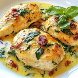 - 4 boneless, skinless chicken breasts - 1 cup fresh spinach, chopped - 1/2 cup sun dried tomatoes, chopped - 1 cup heavy cream - 1/2 cup grated Parmesan cheese - 2 cloves garlic, minced - 1 teaspoon Italian seasoning - 2 tablespoons olive oil - Salt and pepper to taste - Fresh basil leaves for garnish If you want to change things up, here are some easy swaps: - Use chicken thighs instead of breasts for more flavor. - Swap heavy cream with coconut milk for a lighter dish. - Try fresh tomatoes if sun dried ones are not available. - Replace Parmesan with nutritional yeast for a vegan option. - Use any leafy greens like kale instead of spinach. When picking your ingredients, I recommend: - Choose chicken that feels firm and has no odor. - Look for spinach that is bright green and crisp. - Select sun dried tomatoes that are plump and not too dry. - For garlic, pick bulbs that are hard, not soft. - Fresh basil should smell sweet and look vibrant. These choices will make your dish shine and taste amazing! {{ingredient_image_1}} Start by preheating your oven to 375°F (190°C). This helps the chicken cook evenly. Take 4 boneless, skinless chicken breasts. Season them with salt, pepper, and Italian seasoning. Make sure to coat both sides well. Heat 2 tablespoons of olive oil in a large oven-safe skillet over medium heat. Once the oil is hot, add the chicken breasts. Sear them for 5-7 minutes until they turn golden brown. They don’t need to be fully cooked at this stage. After searing, remove the chicken from the skillet and set it aside. In the same skillet, add 2 cloves of minced garlic. Cook for about 1 minute until you smell the garlic. Then, add 1/2 cup of chopped sun dried tomatoes and 1 cup of fresh, chopped spinach. Stir everything together and cook for 2-3 minutes. The spinach will wilt and the tomatoes will soften. Now, pour in 1 cup of heavy cream. Bring this mixture to a gentle simmer. It should not boil. Add in 1/2 cup of grated Parmesan cheese and stir. Keep stirring until the cheese melts and mixes well with the cream. This will create a rich, creamy sauce. Now, return the seared chicken to the skillet. Nestle each piece in the creamy spinach and tomato mix. Make sure each piece is covered with the sauce. This helps keep the chicken moist while it cooks. Transfer the skillet to your preheated oven. Bake for 20-25 minutes until the chicken is fully cooked. The internal temperature should reach 165°F (75°C). Once done, remove from the oven and let it rest for a few minutes before serving. Enjoy this dish with crusty bread or over a bed of rice for a complete meal! To keep chicken juicy, start with fresh, high-quality breasts. Season them well with salt and pepper. Searing the chicken in hot olive oil locks in moisture. Cook each side for 5-7 minutes until golden brown. This step adds color and flavor. After searing, let the chicken rest before serving. Resting helps retain juices, making each bite tender. Using the right herbs and spices boosts flavor. Italian seasoning adds a nice touch to your dish. Don't be shy with the garlic; it enhances the overall taste. The sun dried tomatoes bring sweetness and depth. Combine these ingredients in the heavy cream for a rich sauce. Taste as you cook; adjust seasoning if needed. Cook spinach just until it wilts. This keeps it vibrant and tender. Add the chopped sun dried tomatoes early in the process. It allows their flavor to blend into the dish. When you mix them with cream, it creates a delicious sauce. Stir often to prevent sticking and burning. Enjoy the aroma as it fills your kitchen! Pro Tips Use Fresh Ingredients: Fresh spinach and high-quality sun dried tomatoes will enhance the flavors of this dish significantly. Don't Overcook the Chicken: Searing the chicken until golden brown is key; it will finish cooking in the oven while absorbing the creamy sauce. Customize the Sauce: Feel free to add a splash of white wine or a pinch of red pepper flakes for an extra depth of flavor. Garnish for Presentation: Fresh basil not only adds flavor but also brightens the plate, making the dish more appetizing. {{image_2}} You can make this dish even better by adding more veggies. Try bell peppers, zucchini, or mushrooms. They add great taste and color. Just chop them up and add them when you cook the spinach. This helps them soften and blend in with the creamy sauce. If you want to switch things up, consider using different proteins. Turkey or shrimp work well in this dish. You can also use tofu for a plant-based option. Cook them in the same way as chicken. Just make sure to adjust cooking times for the protein you choose. To make this dish dairy-free, swap heavy cream for coconut milk or a nut milk. Use nutritional yeast instead of Parmesan cheese for a cheesy flavor. You can also use less oil for a lighter version. These changes keep the taste rich while being kind to your diet. To store leftover Sun Dried Tomato Spinach Chicken, let it cool first. Place it in an airtight container. You can keep it in the fridge for up to three days. Ensure the chicken breasts are fully covered by the sauce. This helps keep them moist. If you do not have a container, wrap the dish tightly with plastic wrap. When you are ready to eat, reheat the chicken gently. I suggest using the oven for the best results. Preheat the oven to 350°F (175°C). Place the chicken in an oven-safe dish. Cover it with foil to keep it from drying out. Heat for about 20 minutes or until warmed through. You can also use a microwave, but check often to avoid overcooking. If you want to save some chicken for later, freezing is a good choice. Allow the dish to cool completely before freezing. Place the chicken in a freezer-safe container. It can last for up to three months in the freezer. To thaw, place it in the fridge overnight before reheating. This way, the chicken retains its flavor and texture. Yes, you can use frozen spinach. Just make sure to drain it well. This ensures the dish stays creamy and not watery. Frozen spinach is often easier to find and can save time. To add spice, try adding red pepper flakes or a dash of hot sauce. You can also mix in chopped jalapeños for a fresh kick. Adjust the heat to your taste. This chicken pairs well with crusty bread or rice. You can also serve it with a fresh salad. These sides help balance the rich, creamy flavors. Check the chicken's internal temperature with a meat thermometer. It should reach 165°F (75°C). The chicken will also look golden brown and be firm to touch. Yes! You can prepare the dish a day before. Just store it in the fridge and reheat when ready to serve. This makes for a quick meal on busy days. This recipe for Sun Dried Tomato Spinach Chicken offers a tasty meal that’s easy to make. You learned about its key ingredients, simple cooking steps, and useful tips to enhance flavor. You can even customize it to fit your needs. Consider adding veggies, using different proteins, or exploring dairy-free options. Remember, fresh ingredients make a big difference. Enjoy your cooking, and don’t forget to share your delicious results!