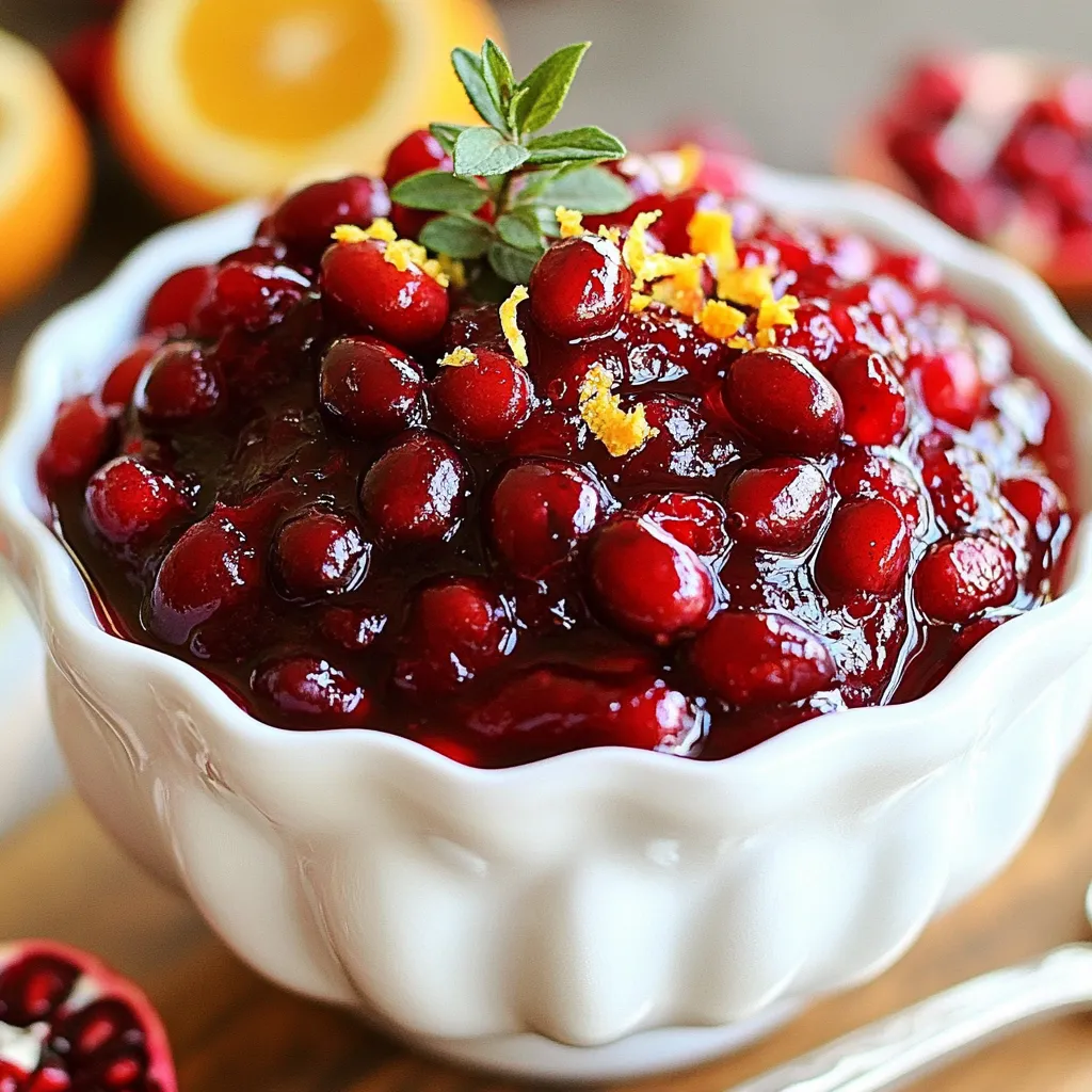 - 12 oz fresh cranberries - 1 cup pomegranate juice - 1/2 cup sugar (adjust to taste) - 1/2 cup pomegranate seeds - Zest of 1 orange - Juice of 1 orange - 1 teaspoon ground cinnamon - 1/2 teaspoon ground ginger - 1/4 teaspoon nutmeg - 1 tablespoon lemon juice - Pinch of salt The fresh cranberries form the base of this sauce. They bring a tart taste that blends perfectly with sweet elements. Pomegranate juice adds depth and a lovely color. The sugar helps balance the tartness, but adjust it to your liking. Fresh pomegranate seeds give a nice crunch. The zest and juice of an orange brighten the flavors. Ground spices like cinnamon, ginger, and nutmeg add warmth for that festive touch. Lastly, a pinch of salt enhances all these flavors. For sugar, you can use honey or maple syrup for a natural sweetener. These options can bring their own unique flavors. Choose organic cranberries if possible. They often taste better and are free from harmful chemicals. Conventional cranberries can work, but organic is a better choice for health and taste. This sauce has about 80 calories per serving. It packs a punch with vitamin C, thanks to the cranberries and orange. You also get antioxidants from the pomegranate juice. These nutrients help support health, especially during the holiday season. Enjoy your sauce, knowing it adds flavor and nutrition to your plate! {{ingredient_image_1}} 1. Start by rinsing 12 ounces of fresh cranberries under cold water. Remove any stems or bad berries. This step ensures you use only the best cranberries. 2. In a medium saucepan, combine the rinsed cranberries, 1 cup of pomegranate juice, and 1/2 cup of sugar. Adjust the sugar to suit your taste. Add the zest and juice of 1 orange, 1 teaspoon of ground cinnamon, 1/2 teaspoon of ground ginger, and 1/4 teaspoon of nutmeg. Don’t forget the tablespoon of lemon juice and a pinch of salt. Mixing these ingredients creates a vibrant flavor base. 3. Place the saucepan over medium heat and bring the mixture to a simmer. Stir occasionally to prevent sticking. 4. Watch closely as the cranberries begin to burst. This usually takes about 5 to 10 minutes. Once they burst, reduce the heat to low. Let the sauce simmer for another 10 to 15 minutes. This helps the sauce thicken and melds the flavors together. 5. Stir in 1/2 cup of pomegranate seeds, saving a few for later. This adds a nice crunch and burst of flavor. 6. Remove the saucepan from the heat and let the sauce cool slightly. It will thicken more as it cools. Transfer it to a serving bowl. 7. If you’re not serving right away, refrigerate the sauce. You can make it one or two days ahead. It tastes even better after a day in the fridge! Use a festive bowl for serving. Garnish with the reserved pomegranate seeds and a sprig of fresh mint for a lovely holiday touch. How to balance sweetness and tartness To get the right mix of sweet and tart, use less sugar if you like tartness. I often start with half a cup of sugar. Taste the sauce as it cooks. If it’s too tart, add more sugar little by little. The orange juice also helps balance flavors. Additional spices to consider Adding spices can bring new flavors to your sauce. Try a pinch of allspice or cloves for warmth. You can also add a bit more ginger for a spicy kick. Experiment with these to find your favorite mix. Avoiding common pitfalls in sauce preparation Stay close to your pot while it simmers. Cranberries burst quickly, and you don’t want your sauce to stick to the bottom. Stir often to keep things moving. Keep an eye on the heat. Ideal simmering temperatures Simmer your sauce over medium heat. This helps the cranberries burst evenly. Once they start to pop, lower the heat to keep a gentle simmer. This will help the sauce thicken without burning. Festive serving suggestions Serve your sauce in a bright, festive bowl. A clear glass bowl shows off the color and texture. You can also serve it in small jars for a cute touch. Garnishing options to impress To make your sauce pop, add reserved pomegranate seeds on top. A sprig of fresh mint adds color and aroma. These small touches make your dish look special and inviting. Pro Tips Adjust the Sweetness: Taste the sauce as it cooks and adjust the sugar to your preference. Some may prefer a tangier sauce, while others may like it sweeter. Fresh Ingredients Matter: Using fresh cranberries and pure pomegranate juice will enhance the flavor and quality of your sauce significantly. Thickening Tips: If you want a thicker sauce, let it simmer longer. You can also mash some of the cranberries to help thicken the mixture. Storage Suggestions: Store any leftovers in an airtight container in the refrigerator. It can also be frozen for later use, making it a convenient make-ahead option for holiday meals. {{image_2}} If you want to switch things up, you can replace pomegranate juice. Try using cranberry juice or apple juice. Both options work well and add a nice flavor. You can also add other fruits like diced apples or pears. These fruits bring a fresh taste and texture to the sauce. For a vegan version, simply use plant-based sugar. Most sugars are vegan, but some may not be. This sauce is naturally gluten-free, so no need to worry there. If you need a sugar-free option, consider using a sugar substitute. Stevia or erythritol can be great choices. You can include other seasonal fruits like oranges, figs, or even berries. These fruits add fun flavors and colors. Spices can also change the taste. Try adding cloves or allspice for a winter twist. Experiment with your favorite holiday spices to make it your own! To store leftovers, pour the sauce into an airtight container. Seal it well to keep out air. Refrigerate the sauce for up to one week. If you want to save it for longer, you can freeze it. For long-term storage, use freezer-safe bags or containers. Leave some space at the top for expansion. The sauce can last for about three months in the freezer. When you store the sauce in the fridge, it lasts for about a week. If you notice any off smells or mold, discard it. The color may change over time, but that does not always mean it is bad. Always check for any signs of spoilage before using it. To reheat the sauce, you can use a saucepan on low heat. Stir it often to avoid burning. You can also microwave it in short bursts. Warm it in 30-second intervals, stirring in between. Serving the sauce warm adds a rich flavor. However, it is also delicious cold, so feel free to serve it however you like. You can make cranberry pomegranate sauce one or two days before your meal. Just follow the recipe and let the sauce cool. After that, store it in an airtight container in the fridge. It will thicken as it cools, making it perfect for serving later. If you want to keep it longer, you can freeze it. Just make sure to let it thaw in the fridge before serving. Yes, frozen cranberries work well for this sauce. They can save time and still taste great. Just rinse them under cold water before using. You may need to adjust the cooking time since frozen cranberries might take a bit longer to cook down. The flavor will still be bright and festive, just like fresh ones. Cranberry pomegranate sauce pairs well with many holiday dishes. Here are some ideas: - Roast turkey or chicken - Ham - Stuffing - Mashed potatoes - Cheese platters This sauce adds a sweet and tart kick that enhances the flavors of your meal. To adjust the sweetness, taste the sauce while it's cooking. If it's too tart, add a little more sugar. Start with a tablespoon and mix well. You can also use honey or maple syrup for a different flavor. If it's too sweet, add a splash of lemon juice to balance it out. Always aim for a nice balance between sweet and tart. The cranberry pomegranate sauce is easy to make with fresh ingredients. You can adjust the sweetness and add your favorite spices for more flavor. Use leftovers creatively or serve it with seasonal dishes. Remember to store it well to keep it fresh. This sauce is perfect for festive meals or everyday enjoyment. Explore variations to fit your dietary needs and impress your guests. Enjoy this rich, tasty sauce and make it your own!