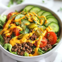 - 1 lb ground beef (or turkey for a lighter option) - 2 cups lettuce (romaine or mixed greens) - 1 cup cherry tomatoes, halved - 1 cup cucumber, diced - 1 cup cheddar cheese, shredded - 1 avocado, sliced - ¼ cup pickles, chopped - ½ cup cooked quinoa (optional for extra texture) - ½ cup Greek yogurt or sour cream (for dressing) - 1 tablespoon Dijon mustard (for dressing) Ground beef or turkey is the star of your burger bowl. It brings a hearty flavor. Use fresh lettuce as a base. It adds crunch and freshness. Next, we have cherry tomatoes and cucumber. They give a burst of color and taste. Don't forget the cheese and avocado. They make everything creamy and rich. Pickles offer a tangy bite, perfect for balance. - ½ cup cooked quinoa (for extra texture) - ½ cup Greek yogurt or sour cream (for dressing) Quinoa is a great choice if you want more texture. It’s also a good source of protein. You can switch the dressing if you like. Try different dressings to change the flavor. - 1 teaspoon garlic powder - 1 teaspoon onion powder - 1 teaspoon smoked paprika - Salt and pepper for seasoning Seasoning your meat is key. Garlic powder gives it a nice kick. Onion powder adds sweetness. Smoked paprika brings a warm, smoky flavor. Always taste your meat and add salt and pepper to enhance it. {{ingredient_image_1}} First, heat a large skillet over medium-high heat. Add one tablespoon of olive oil. Let it warm for a minute. Next, add one pound of ground beef or turkey. I love turkey for a lighter meal. Sprinkle in one teaspoon of garlic powder, one teaspoon of onion powder, and one teaspoon of smoked paprika. Season with salt and pepper to taste. Cook the meat for about 7 to 10 minutes. Use a spatula to break it into smaller pieces. Cook until it is browned and no pink remains. While the meat cooks, prepare your bowls. Take two cups of lettuce and place it in four bowls. I prefer romaine for its crunch. Once the meat is ready, use a spoon to divide it evenly on top of the lettuce in each bowl. Now, it's time for toppings! Add one cup of halved cherry tomatoes, one cup of diced cucumber, and one cup of shredded cheddar cheese to each bowl. Don't forget the sliced avocado and chopped pickles! If you want extra texture, toss in half a cup of cooked quinoa. In a small bowl, mix half a cup of Greek yogurt or sour cream with one tablespoon of Dijon mustard. Whisk these together until smooth. This dressing adds a nice tang. Drizzle the dressing over each loaded burger bowl. Finish with fresh herbs like cilantro or parsley for a pop of color. To get the best flavor from your meat, start with a hot skillet. Heat olive oil over medium-high heat. This helps the ground beef or turkey brown nicely. Stir the meat often to break it up. It should cook for about 7 to 10 minutes. Use a spatula to keep it crumbly. For the vegetables, it’s key to add them last. This way, they stay crisp. If you cook them too long, they will become mushy. Add cherry tomatoes and cucumbers just before serving. This keeps their bright flavors fresh and vibrant. Arranging the bowls is fun and easy. Start with a base of lettuce in each bowl. Layer the cooked meat on top. Then, add colorful toppings like tomatoes and cucumbers. This makes the dish pop with color. You can use fresh herbs as a garnish. Cilantro or parsley adds a nice touch. Placing a few tortilla chips on the side adds crunch and texture. Serving on a wooden board or bright placemats makes it look inviting. Want to take your Loaded Burger Bowls up a notch? Try adding more toppings. Sliced jalapeños bring heat, while crumbled bacon adds a savory touch. You can also use different cheeses like feta or pepper jack. For the dressing, feel free to mix it up. Add hot sauce for a spicy kick or honey for sweetness. Each change can create a unique flavor profile. Experimenting keeps the meal exciting and fresh. Pro Tips Use Lean Meat: For a healthier option, choose lean ground turkey or chicken instead of beef to reduce fat content. Customize Your Toppings: Feel free to add or substitute toppings based on your preferences, such as jalapeños, olives, or different cheese varieties. Make It Ahead: Prepare the meat and dressing in advance for a quick assembly during busy weeknights. Fresh Herbs for Flavor: Don’t skip the fresh herbs as they add a burst of color and flavor that elevates the dish. {{image_2}} You can easily swap meat for plant-based protein. Use lentils, chickpeas, or tofu. They add great texture and taste. Add more fresh veggies like bell peppers, carrots, or zucchini. Beans can also boost protein and fiber. Try using leafy greens instead of lettuce. Spinach or kale works well. These greens pack in vitamins and flavor. Add protein-rich ingredients like grilled chicken or hard-boiled eggs. This keeps your bowl filling without the carbs. Spice things up with different spices or dressings. Try cumin or chili powder for a Mexican flair. You can also use a sesame dressing for an Asian twist. Experiment with flavors from different regions. This keeps your burger bowls exciting and fresh. To store your loaded burger bowls, let them cool first. Use airtight containers for the best results. Glass or plastic containers work well for meal prep. Layer the ingredients carefully to keep them fresh. Reheat the meat in a skillet over medium heat. This helps keep it juicy. You can also microwave it in short bursts. For toppings, warm them separately if you want. This keeps their texture nice and fresh. Loaded burger bowls last about three to four days in the fridge. Check for signs of spoilage like off-smells or discoloration. If anything looks or smells funny, it's best to toss it. Yes, you can make Loaded Burger Bowls ahead. To prep, cook the meat and store it in the fridge. Chop the veggies and keep them separate. You can mix the dressing in advance too. When you're ready to eat, just assemble the bowls. This keeps everything fresh and tasty. If you can't use Greek yogurt, try sour cream or a dairy-free option. For a lighter choice, use plain almond or coconut yogurt. These alternatives work well in dressings and keep the flavor nice. Always check the labels for any allergens. Yes, Loaded Burger Bowls are great for kids! Involve them in the assembly. Let them pick their favorite toppings. Use fun shapes for veggies, or add colorful ingredients. You can even serve it with tortilla chips for added crunch. Kids love to customize their meals! Loaded burger bowls are a fun and tasty way to enjoy a meal. We covered key ingredients like beef or turkey, fresh veggies, and flavorful dressings. I shared step-by-step cooking instructions and tips for perfecting each bowl. You can explore veggie and low-carb options, too! In the end, making loaded burger bowls is simple and lets you play with flavors. Enjoy creating your own unique dishes that please everyone. Now, get cooking and have fun with it!