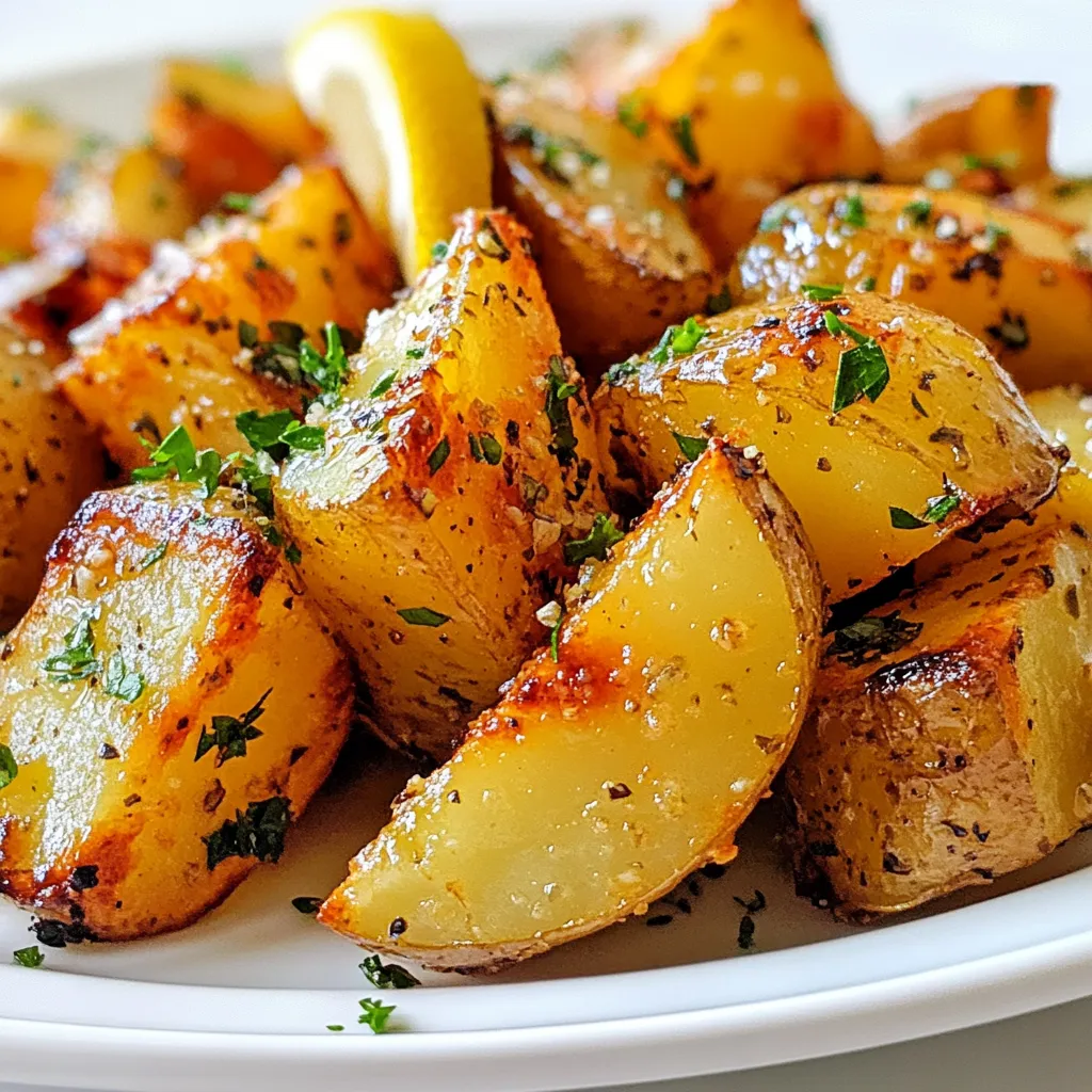 - 4 large Yukon Gold potatoes, peeled and cut into wedges - 1/4 cup olive oil - 4 garlic cloves, minced - 1 teaspoon dried oregano - Zest of 1 lemon - Juice of 2 lemons - 1 teaspoon salt - 1/2 teaspoon black pepper - Fresh parsley, chopped (for garnish) For this crispy Greek lemon potatoes recipe, you will need fresh and simple ingredients. The Yukon Gold potatoes are my favorite due to their creamy texture. They hold up well and become crispy outside while staying soft inside. I use olive oil for its rich flavor and health benefits. It’s great for roasting and adds a nice touch to the dish. Garlic brings a wonderful aroma and taste, while dried oregano gives a hint of the Mediterranean. The zest and juice of lemons brighten the dish. They bring a fresh, tangy taste that pairs perfectly with the potatoes. Salt and black pepper enhance all the flavors. Finally, fresh parsley adds color and a burst of freshness when you serve the dish. Gather these ingredients, and you’re ready to make a delicious side dish that everyone will love. {{ingredient_image_1}} First, set your oven to 425°F (220°C). This high temperature helps the potatoes get nice and crispy. If the oven is not hot enough, the potatoes may turn soft instead of crunchy. In a large bowl, mix together: - 1/4 cup olive oil - 4 minced garlic cloves - 1 teaspoon dried oregano - Zest of 1 lemon - Juice of 2 lemons - 1 teaspoon salt - 1/2 teaspoon black pepper Whisk these ingredients until they blend well. The lemon adds a bright flavor that makes this dish special. Now, take your potato wedges and add them to the bowl. Toss them well in the lemon mixture. Make sure each wedge is covered. This step is key for flavor. Line a baking sheet with parchment paper. This makes for easy cleanup later. Place the potato wedges on the sheet, cut side down. Spread them out so they roast evenly. Put the baking sheet in the oven and roast the potatoes for 30 to 35 minutes. Flip them halfway through. This helps them get crispy on all sides. You want them golden brown and crunchy. After roasting, take the potatoes out and let them cool for a few minutes. This helps them set. Garnish with fresh chopped parsley before serving. This adds a nice pop of color and flavor. Enjoy! To get the best crisp from your potatoes, start with Yukon Gold. Their starch content helps create that golden color. After tossing them in the lemon mixture, lay the wedges cut side down. This helps them brown better. Flip the potatoes halfway through baking. This ensures both sides get crispy. If you want even more crunch, you can broil them for a few minutes at the end. You can boost the taste of your crispy Greek lemon potatoes. Consider adding more spices. A pinch of paprika adds warmth. You can also use fresh herbs like rosemary or thyme for extra aroma. If you like heat, chili flakes work well too. These small changes can make a big difference in flavor. Serve these crispy potatoes on a rustic wooden board. Adding lemon wedges to the side makes for a beautiful presentation. The bright color of the lemon enhances the dish. Pair them with grilled chicken or lamb for a tasty meal. You can also serve them as a side with a fresh salad. This dish is perfect for a family dinner or a festive gathering. Pro Tips Choose the Right Potatoes: Yukon Gold potatoes are ideal for this recipe due to their creamy texture and ability to crisp up nicely. Maximize Crispiness: Ensure the potato wedges are in a single layer on the baking sheet and not overcrowded for optimal crispiness. Flavor Boost: For an extra punch, add some crushed red pepper flakes to the lemon mixture for a spicy kick. Rest Before Serving: Let the potatoes sit for a few minutes after roasting; this helps them firm up and enhances their crispiness. {{image_2}} You can change up the herbs in this recipe. Try using fresh rosemary or thyme. These herbs add a lovely aroma and flavor. Just chop them up and mix them in with the lemon sauce. You can also experiment with dill for a fresh twist. Each herb will give your potatoes a unique taste. If you want more heat, add spices like paprika or chili flakes. Just a sprinkle can make a big difference. Paprika gives a smoky flavor, while chili flakes add a nice kick. Mix them into the lemon sauce before coating the potatoes. Adjust the amount based on your taste. Yukon Gold potatoes are great, but you can use others too. Russet potatoes work well for a fluffier inside. Red potatoes can add color and a creamy texture. Just remember to adjust the cooking time if you change the type of potato. Each one brings its own flavor and texture to the dish. Store your leftover crispy Greek lemon potatoes in an airtight container. Let them cool to room temperature first. Place a paper towel in the container to absorb moisture. This helps keep them crispy. You can store them in the fridge for up to three days. Reheat them in the oven at 375°F (190°C) for about 10-15 minutes. This keeps them crispy and warm. You can freeze crispy Greek lemon potatoes for later use. First, let them cool completely. Then, place them in a single layer on a baking sheet. Freeze for about one hour. After that, transfer them to a freezer-safe bag or container. Try to remove as much air as possible. They can last for up to three months in the freezer. When ready to eat, bake from frozen at 425°F (220°C) until heated through. Crispy Greek lemon potatoes can last in the fridge for three days. If they smell bad or feel slimy, throw them away. Signs of spoilage include a change in color and a mushy texture. Always check your leftovers before eating. Yes, you can prepare the potatoes in advance. To do this, follow these steps: - Cut the potatoes into wedges. - Mix the olive oil, garlic, and spices. - Toss the wedges in the mixture until well coated. - Store the coated potatoes in an airtight container in the fridge for up to 24 hours. This makes it easy to roast them fresh when you're ready. These potatoes pair well with many dishes. Here are some ideas: - Grilled chicken or fish works great. - Serve them with a fresh Greek salad. - They also complement lamb or beef dishes nicely. These options will bring out the flavors of the potatoes. Look for visual clues to check doneness: - The potatoes should be golden brown and crispy. - Use a fork to poke them; they should be soft inside. - If they feel tender and look crispy, they are ready to serve. This ensures you get a perfect batch every time. Peeling is not a must. Here’s what to consider: - Leaving the skin on adds extra texture and flavor. - Yukon Gold potatoes have a thin skin that crisps up nicely. - If you prefer a softer texture, feel free to peel them. Choose based on your taste and texture preference. Using Yukon Gold potatoes, olive oil, garlic, and lemon zest, you can create crispy Greek lemon potatoes. Follow the step-by-step guide for the best results, from preparation to roasting. Remember the tips for maximum crispiness and explore variations to enhance flavor. Store leftovers properly for future meals. These potatoes not only taste great but also make a perfect side dish. Enjoy the process and share your delicious results!