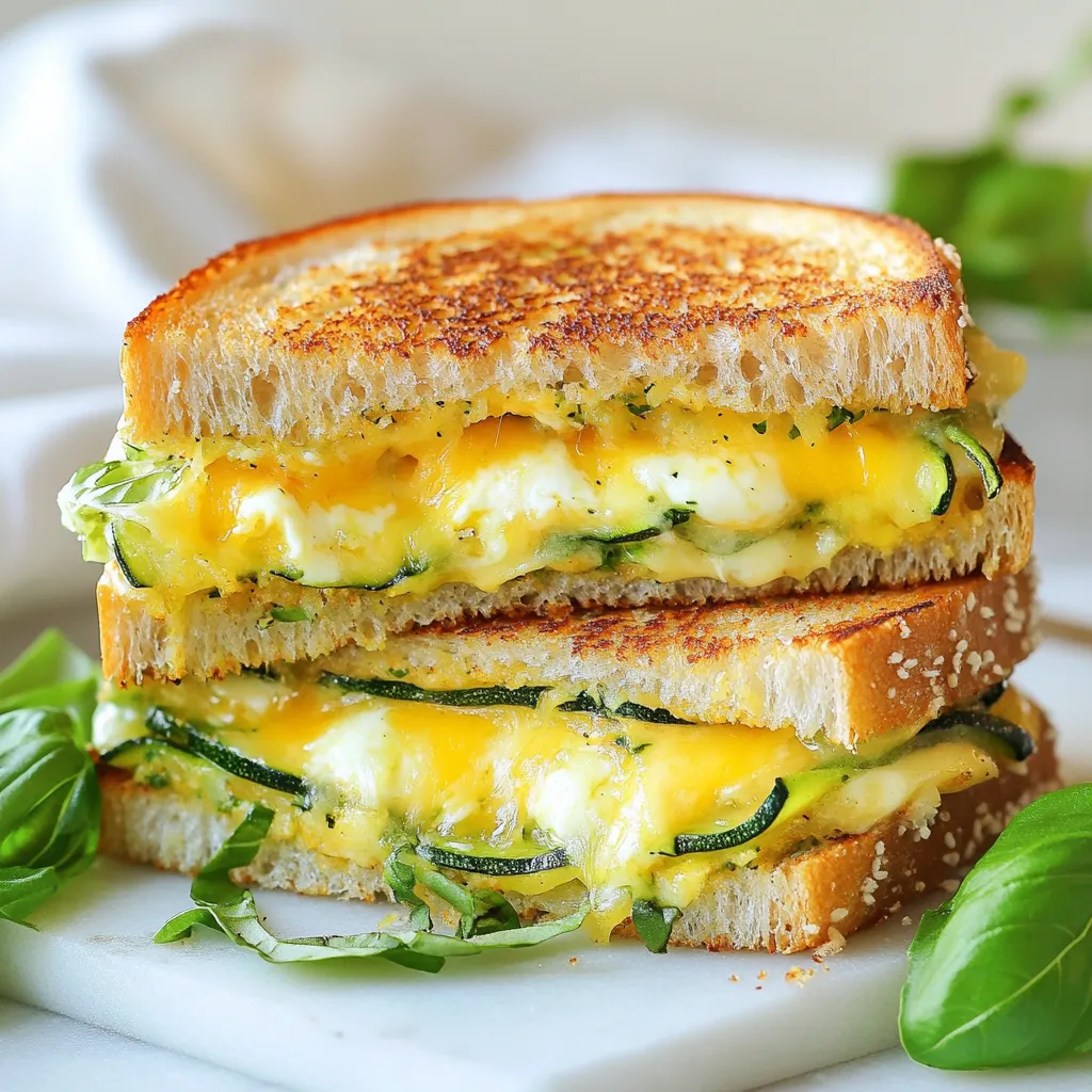 To make a tasty Crispy Zucchini Grilled Cheese, gather these simple ingredients: - 2 medium zucchinis, thinly sliced - 4 slices of your favorite bread (sourdough or whole grain recommended) - 1 cup shredded sharp cheddar cheese - ½ cup fresh mozzarella cheese, shredded - 1 egg, beaten - 1 cup breadcrumbs (preferably panko for extra crunch) - 2 tablespoons fresh basil, chopped - 1 teaspoon garlic powder - 1 tablespoon olive oil - Salt and pepper to taste Choosing the right bread makes a big difference. I love using: - Sourdough: It has a nice tang and holds up well. - Whole grain: This option adds fiber and a hearty flavor. - Ciabatta: This bread is light and airy, perfect for crispiness. Experiment with different types to find your favorite! Cheese is key to a gooey, delicious grilled cheese. Here are my top picks: - Sharp cheddar: It melts well and gives a bold flavor. - Fresh mozzarella: Adds creaminess and stretches beautifully. - Gruyère: For a nutty flavor that’s hard to resist. Mix and match these cheeses for a fun twist! {{ingredient_image_1}} To start, wash and slice your zucchinis. Aim for thin, even slices. This helps them cook quickly. Place the slices in a colander and sprinkle salt over them. Let them sit for about 10 minutes. The salt draws out extra moisture. After 10 minutes, rinse them under cold water. Pat them dry with a paper towel. This step is key to keeping your zucchini crispy. Now it’s time to bread the zucchini. In one shallow bowl, mix the breadcrumbs, garlic powder, salt, and pepper. In another bowl, beat an egg. Take each zucchini slice and dip it in the egg. Next, coat it in the breadcrumb mixture. Press lightly to make sure it sticks. Lay the breaded slices on a plate while you heat your skillet or grill. Heat olive oil in your skillet over medium heat. Make sure it’s hot before adding the zucchini. Place the breaded slices in the skillet. Cook them for about 3 to 4 minutes on each side. You want them golden and crispy. After cooking, set them on a paper towel to drain excess oil. This keeps them from getting soggy. Now, let's put it all together. Start with a slice of bread in the skillet. Add a generous amount of cheddar cheese on top. Then, layer on the crispy zucchini slices. Next, add shredded mozzarella and fresh basil. Finish with another slice of bread. Grill the sandwich for about 3 to 4 minutes per side. Look for golden brown bread and melted cheese. Once done, take it off the heat and let it cool for one minute. Then slice it in half and enjoy your crispy zucchini grilled cheese! To get that perfect crunch, start by salting the zucchini. The salt pulls out moisture. Let it sit for about 10 minutes. Rinse and pat it dry. This step helps keep the zucchini crisp when cooking. For the breading, use panko breadcrumbs. They add extra crunch. Coat each slice well. Press the breadcrumbs onto the zucchini to help them stick. When frying, make sure the oil is hot. This helps achieve that golden brown finish. For the best melt, use a mix of cheeses. I love sharp cheddar and fresh mozzarella. Cheddar gives a rich flavor. Mozzarella provides stretch and creaminess. Layer the cheese generously on your sandwich. Use medium heat when cooking. This ensures the bread toasts while the cheese melts. Don’t rush it. Flip the sandwich carefully to keep the filling inside. Adding fresh herbs elevates your dish. I recommend using chopped basil. It pairs perfectly with the zucchini. You can also experiment with garlic powder, which adds depth. A sprinkle of black pepper gives a nice kick. For an extra layer of flavor, try adding a dash of red pepper flakes. Mix and match based on your taste. Remember, simple tweaks can make a big difference in flavor. Pro Tips Choose the Right Zucchini: Look for smaller zucchinis that are firm and free of blemishes for the best flavor and texture. Double Bread the Zucchini: For extra crunch, consider double dipping the zucchini slices in the egg and breadcrumbs. Use a Heavy Pan: If using a skillet, a heavy-bottomed pan will help maintain an even heat, ensuring the zucchini gets crispy without burning. Experiment with Cheese: Feel free to mix and match cheeses; adding a bit of gouda or pepper jack can elevate the flavor profile. {{image_2}} You can swap cheeses to change the taste. Try gouda for a smoky flavor. Swiss offers a nutty taste that melts well. You can also use pepper jack for a spicy kick. Mixing cheeses can add depth. Experimenting with different cheeses makes each sandwich unique. You’ll discover new favorites along the way! Seasoning can elevate your zucchini grilled cheese. Add red pepper flakes for heat. Sprinkle Italian herbs for a fresh touch. You can also use ranch seasoning for a zesty flavor. Garlic powder gives a rich taste. Don't forget to use fresh herbs like thyme or oregano, too. A little extra seasoning can make a big difference! If you need gluten-free options, choose gluten-free bread. Many brands offer great flavors and textures. For the breadcrumbs, use gluten-free panko or ground oats. You can also make your own breadcrumbs from gluten-free bread. Just toast it and crush it into crumbs. This way, everyone can enjoy the crispy goodness! To keep your leftover grilled cheese tasty, let it cool first. Then, wrap each sandwich in plastic wrap. Place them in an airtight container. Store them in the fridge for up to three days. This helps keep the cheese and zucchini fresh. When you are ready to eat, reheating is key. Use a skillet over medium heat. Place the sandwich in the pan without extra oil. Cook for about 3-4 minutes on each side. This method keeps the bread crispy and the cheese melted. Avoid using the microwave, as it can make the bread soggy. To freeze your grilled cheese, wrap each sandwich tightly in plastic wrap. Then, place them in a freezer-safe bag. Make sure to remove as much air as possible. You can freeze them for up to a month. When ready to eat, thaw in the fridge overnight before reheating. This way, you will enjoy a quick and tasty meal anytime! The best zucchinis are medium-sized, firm, and bright green. I recommend using fresh zucchinis for the best taste. Smaller zucchinis can be sweet, while larger ones may have more seeds. For this dish, avoid oversized zucchinis; they tend to be watery. Yes, you can skip the breadcrumbs if you prefer. Try using ground nuts or crushed cornflakes instead. These options can add a nice crunch. If you want a lighter version, coat the zucchini slices in flour or skip coating entirely. The cheese will still hold everything together. To keep zucchini crispy, salt it first. This draws out extra moisture. After 10 minutes, rinse and dry the slices well with a paper towel. Be sure to cook them until golden brown and crispy. The right cooking temperature is key too. I love marinara sauce for dipping. It adds a tangy flavor that pairs well with cheese. You can also try ranch dressing for a creamy touch. Another option is a spicy aioli for some heat. These sauces will take your dish to the next level. In this blog post, we explored how to make a delicious grilled cheese with zucchini. You learned about the best ingredients, preparation steps, and tips for crispiness. We also discussed variations for different diets and flavor profiles. Remember, you can play with cheese types and seasonings to make it your own. With these easy steps, you can impress your friends and family. Enjoy your cooking journey and savor each bite!