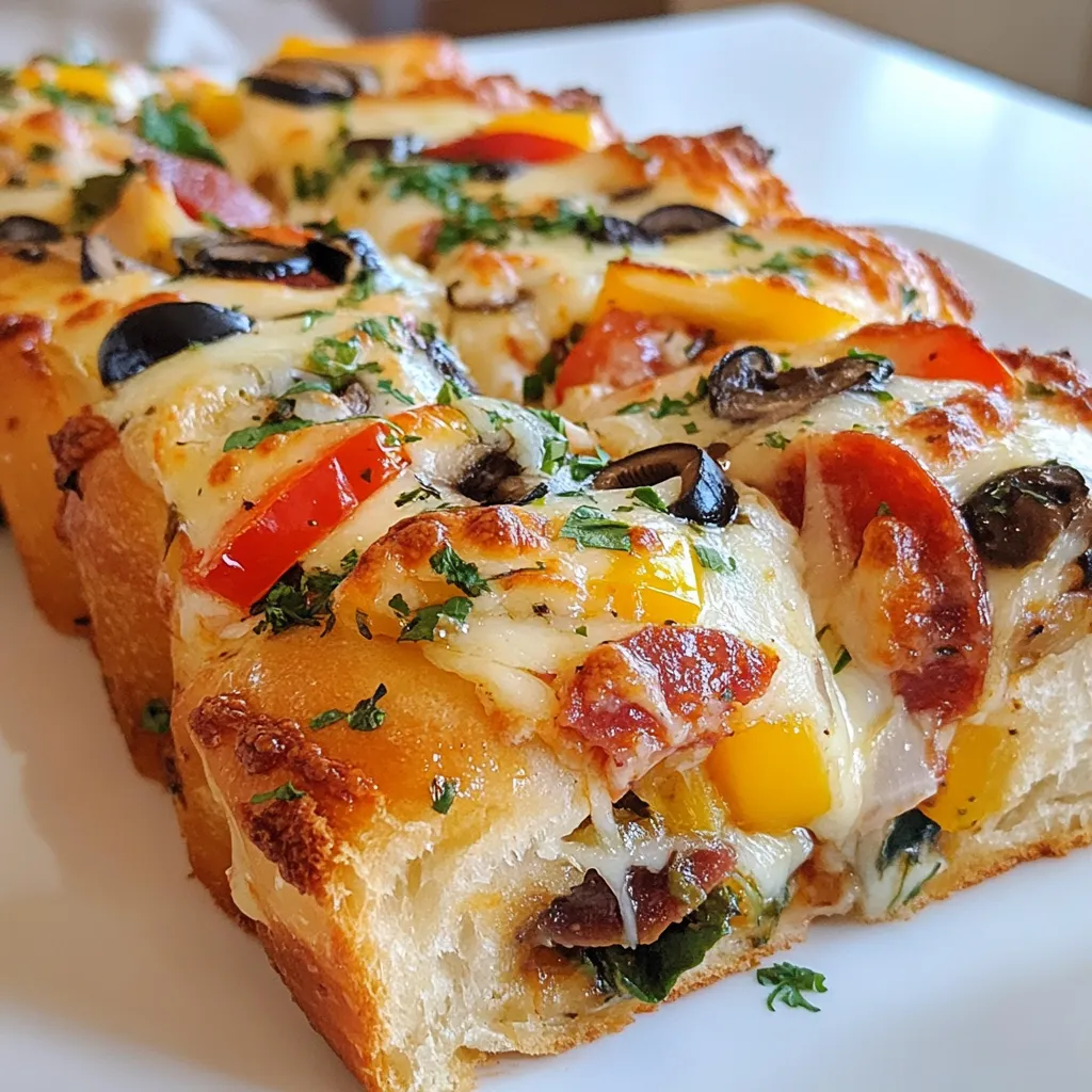 - 1 pound pizza dough (store-bought or homemade) - 1 cup shredded mozzarella cheese - 1 cup assorted vegetables (bell peppers, onions, mushrooms, spinach), finely chopped - ½ cup black olives, sliced - ½ cup pepperoni slices (or substitute with diced salami or turkey pepperoni) - 2 tablespoons Italian seasoning - 1 tablespoon garlic powder - Salt and pepper to taste - 1 egg (for egg wash) The main ingredients make this dish fun and tasty. The dough is key. You can use store-bought or make your own. Mozzarella cheese gives a nice melt. The mix of veggies adds color and nutrients. Black olives and pepperoni give a salty bite. Seasonings boost the flavor. - Fresh herbs (like basil or parsley) - Other cheeses (like cheddar or provolone) - Cooked sausage or bacon - Different spices (like red pepper flakes) - Diced tomatoes or salsa Feel free to add your favorites. Fresh herbs make it bright. Other cheeses can add creaminess. Cooked meats give more protein. Try new spices to change the taste. Diced tomatoes can add moisture. - Baking sheet - Parchment paper - Mixing bowl - Whisk for egg wash - Rolling pin - Sharp knife for cutting dough These tools help make garbage bread easy. A baking sheet with parchment keeps it from sticking. A mixing bowl is perfect for combining all the fillings. A whisk helps to apply the egg wash. A rolling pin makes the dough flat. A sharp knife is key for cutting. Using these ingredients and tools, you’ll create a delicious garbage bread that everyone will love! {{ingredient_image_1}} Start by preheating your oven to 375°F (190°C). This makes sure the oven is ready for baking. Next, line a baking sheet with parchment paper. This helps the bread not stick. On a lightly floured surface, roll out your pizza dough into a rectangle. Aim for about 1/4 inch thick. In a mixing bowl, combine 1 cup of shredded mozzarella cheese, 1 cup of chopped vegetables (like bell peppers, onions, mushrooms, and spinach), ½ cup of sliced black olives, and ½ cup of pepperoni slices. You can change the pepperoni to salami or turkey pepperoni if you like. Add 2 tablespoons of Italian seasoning, 1 tablespoon of garlic powder, and salt and pepper to taste. Mix it all together well. Now, spread the filling mixture evenly over the rolled-out dough. Leave a 1-inch border around the edges. This border helps seal the filling inside. Carefully fold the edges of the dough over the filling. Start with the longer sides and pinch the edges to seal it tight. Transfer the sealed bread onto the prepared baking sheet. In a small bowl, whisk 1 egg. Brush it over the top of the bread. This gives it a nice golden color. Cut a few slits on top of the bread to let steam escape while it bakes. Place the baking sheet in the oven and bake for 25-30 minutes. Look for a golden brown color on the bread. Once it's done, take it out and let it cool for a few minutes. Then slice the garbage bread and serve it warm. For a nice touch, serve the bread on a wooden cutting board. You can garnish it with fresh basil leaves. A side of marinara sauce for dipping makes it even better! Enjoy your delicious garbage bread! To roll out the pizza dough, start with a lightly floured surface. Use a rolling pin to shape the dough into a rectangle. Aim for about 1/4 inch thick. If the dough shrinks back, let it rest for a few minutes. This helps relax the gluten and makes it easier to roll. You want a nice, even layer for the best filling. Leftover garbage bread can be stored in an airtight container. Make sure it cools down first. You can keep it in the fridge for up to three days. To keep it fresh, wrap it in plastic wrap or foil. For longer storage, freeze it. Just slice it first, then wrap it tightly. When you're ready to eat, thaw it in the fridge overnight. Ovens can heat differently, so keep an eye on your bread. If your oven runs hot, check it a few minutes early. Bake until the bread is golden brown, usually 25-30 minutes. If using a convection oven, reduce the temperature by 25°F. This helps prevent burning and ensures even cooking. Always trust your instincts and adjust as needed! Pro Tips Tip Title: Use Fresh Ingredients: Fresh vegetables and quality cheese will enhance the flavor of your garbage bread. Always opt for fresh over frozen when possible. Tip Title: Customize Your Fillings: Feel free to mix and match your favorite fillings! Try adding cooked sausage, different cheeses, or even artichoke hearts for a unique twist. Tip Title: Ensure Even Baking: Make sure to cut slits in the top of the bread to allow steam to escape. This helps prevent sogginess and ensures an even bake. Tip Title: Let It Rest: Allow the garbage bread to cool for a few minutes after baking. This helps the filling set and makes for easier slicing. {{image_2}} You can make a tasty vegetarian version of garbage bread. Use 1 cup of your favorite veggies. Bell peppers, onions, mushrooms, and spinach are great choices. You can also add some herbs for extra flavor. Try adding fresh basil or oregano to the filling. Use 1 cup of shredded mozzarella cheese to keep it cheesy. For a twist, consider adding ricotta or feta cheese. This adds creaminess to your bread. If you love meat, this recipe has options for you too! Start with pepperoni slices, but you can also use salami or turkey pepperoni. Add 1 cup of cooked sausage or ground beef for a heartier option. Another fun idea is to layer in some bacon bits. This brings a crunchy, smoky flavor. Mix in ½ cup of cooked ham or diced chicken for more variety. Don't forget to season well with Italian seasoning for extra taste! You can easily make garbage bread gluten-free. Look for gluten-free pizza dough at your local store. Many brands offer good options. You can also make your own dough using almond flour or chickpea flour. This keeps it low-carb too! Just remember to adjust baking times based on the dough type. For a healthier twist, try using whole wheat pizza dough. This adds more fiber and nutrients. To store unbaked garbage bread, wrap it tightly in plastic wrap. This keeps it fresh. You can also use aluminum foil for extra protection. Place the wrapped bread in the fridge. It can stay there for up to 24 hours. If you want to store it longer, freeze it. Just make sure to wrap it well. You can freeze it for up to three months. When you’re ready to bake, thaw it overnight in the fridge. Leftover baked garbage bread can be stored easily. First, let it cool completely. This prevents sogginess. Next, wrap it in plastic wrap or foil. You can also use an airtight container. Store it in the fridge for up to three days. If you want it to last longer, freeze it. It can stay frozen for about a month. Just remember to wrap it well to avoid freezer burn. Reheating garbage bread is simple and quick. For the best results, use an oven. Preheat your oven to 350°F (175°C). Place the bread on a baking sheet. Heat it for about 10-15 minutes. This helps keep the crust crispy. If you’re in a hurry, you can use the microwave. Just heat it for 30 seconds at a time. But keep in mind, this may make the bread soft. Enjoy your delicious garbage bread warm! Garbage bread is a fun and tasty dish. It uses pizza dough filled with various goodies. You can add cheese, veggies, and meats. The name comes from the idea of using leftover ingredients. It’s a great way to clear out your fridge. The result is a warm, cheesy, and flavorful bread. Yes, you can make garbage bread ahead of time. Prepare the filling and roll the dough. Then, wrap it tightly and store it in the fridge. You can bake it later when you are ready to eat. This makes it perfect for busy days or surprise guests. Customizing your garbage bread filling is easy! Here are some ideas: - Use different cheeses like cheddar or feta. - Add meats like sausage or chicken. - Include more veggies like zucchini or broccoli. - Spice it up with jalapeños or crushed red pepper. Let your taste guide you to create a unique flavor. Garbage bread pairs well with many sides. Here are some great options: - Marinara sauce for dipping. - A fresh garden salad for crunch. - Garlic butter for an extra kick. - A side of pickles for a tangy contrast. These sides will make your meal even more enjoyable. Garbage bread is fun to make and tasty to eat. We covered main ingredients, helpful tips, and fun variations. You can use your favorite fillings to fit your taste. Remember to follow the steps for the best results. Store any leftovers properly to keep them fresh. Now it's time for you to try making garbage bread. Enjoy the process and share it with friends or family!