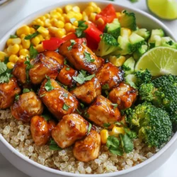 - 1 lb (450g) chicken breast, cut into bite-sized pieces - 1/4 cup hot honey (store-bought or homemade) - 2 tablespoons soy sauce - 1 tablespoon olive oil - 1 teaspoon garlic powder - 1 teaspoon smoked paprika - 2 cups broccoli florets - 1 cup bell peppers, sliced (any color) - 1/2 cup corn (fresh or frozen) - 2 cups cooked brown rice or quinoa - Fresh cilantro, chopped (for garnish) - Lime wedges (for serving) For the main ingredients, chicken breast is the star. It soaks up all the flavors, making each bite juicy. Hot honey adds a sweet and spicy touch. Soy sauce gives a savory kick, while olive oil helps cook the chicken perfectly. Garlic powder and smoked paprika bring depth to the dish. In the vegetable section, broccoli florets add crunch and color. Bell peppers bring sweetness, and corn adds a pop of flavor. For serving, I love pairing the chicken and veggies with brown rice or quinoa. They make the meal hearty and filling. Don't forget fresh cilantro on top; it adds brightness. Squeeze lime wedges over the bowls for a zesty finish. {{ingredient_image_1}} To start, take your chicken pieces and place them in a bowl. Add the hot honey, soy sauce, garlic powder, smoked paprika, salt, and pepper. Mix everything well so the chicken gets coated. Let it sit for 20 minutes. This step helps the chicken soak up all those great flavors. Next, heat olive oil in a skillet over medium-high heat. Once the oil is hot, add the marinated chicken. Cook it for about 5 to 7 minutes, stirring occasionally. You want the chicken to be fully cooked and caramelized. This browning gives it a nice texture and rich taste. After the chicken, it's time for the veggies. In the same skillet, add the broccoli florets and bell peppers. SautΓ© them for about 3 to 4 minutes. You want them to be tender but still a bit crisp. Then, add the corn and cook it for an additional 2 minutes. This mix of colors and flavors makes the dish pop. Now comes the fun partβputting it all together! In your meal prep containers, divide the cooked brown rice or quinoa evenly. On top of the rice, add the hot honey chicken and the sautΓ©ed vegetables. This layered look makes the meal more appealing and organized. Finally, sprinkle fresh cilantro over each bowl. This adds a bright flavor. Don't forget to add lime wedges on the side. They add a zesty touch when you squeeze them over the bowl. You can seal the containers for meal prep or enjoy your delicious creation right away. For the best taste, marinate your chicken for at least 20 minutes. If you have more time, try marinating it overnight. This lets the flavors soak in well. Use a bowl to mix chicken with hot honey, soy sauce, garlic powder, smoked paprika, salt, and pepper. Cook your chicken over medium-high heat. This helps it cook evenly. Aim for an internal temperature of 165Β°F (74Β°C) to ensure it is safe to eat. To get that nice caramelization, donβt crowd the pan. Cook in batches if needed. This way, the chicken gets golden and crispy. Keep your veggies crisp by not overcooking them. SautΓ© broccoli and bell peppers for just 3-4 minutes. They should be tender but still have a nice crunch. Add corn in the last 2 minutes. This keeps the corn fresh and adds sweetness without losing its bite. Pro Tips Marinate for Maximum Flavor: Allow the chicken to marinate for at least an hour or overnight to enhance the flavor profile. This step makes a significant difference in taste. Customize Your Veggies: Feel free to swap in your favorite vegetables or whatever you have on hand. Zucchini, snap peas, or carrots would all work wonderfully. Make it Ahead: These meal prep bowls can be stored in the fridge for up to 4 days. Theyβre great for quick lunches or dinners throughout the week! Adjust the Heat: If you prefer less heat, use less hot honey or mix in some regular honey with it. You can also add a dollop of sour cream to balance the spiciness when serving. {{image_2}} You might want to switch the chicken for another protein. Tofu works great as a veggie option. You can also use shrimp, beef, or pork if you prefer. Each protein brings its own taste and texture. Just adjust the cooking time based on what you use. For example, shrimp cooks fast, so keep an eye on it. Instead of brown rice or quinoa, you can use cauliflower rice. Cauliflower rice is low in carbs and has a nice texture. Farro is another option that adds a nutty flavor. You can also try barley or couscous. Each grain changes the flavor and makes the bowl unique. If you like it hotter, add more hot honey to the marinade. You can also mix in red pepper flakes for extra heat. On the other hand, if you want less spice, just use regular honey. Add some soy sauce to keep the flavor rich. For a smoky taste, try adding chipotle powder to the mix. Adjust it to fit your taste buds! For the best meal prep containers, choose ones that seal tightly. Glass is great for reheating. Use BPA-free plastic if you want lighter options. Always let food cool before sealing to prevent moisture. This keeps the food fresh longer. When it comes to refrigerating versus freezing, both have their place. Refrigerate meal prep bowls for up to four days. If you want to keep them longer, freeze them. Just be sure to use airtight containers. It prevents freezer burn. I recommend reheating meal prep bowls in the microwave. Start with one minute on high. Stir the food, and then heat for another minute if needed. You can also use a skillet. Heat on medium-low for about five to seven minutes. This keeps the flavor and texture intact. If you choose the oven, preheat to 350Β°F (175Β°C). Cover the bowls with foil. Heat for about 15-20 minutes. This method helps keep it moist. Hot Honey Chicken Meal Prep Bowls last four days in the fridge. If you freeze them, they can last up to three months. Just remember to label your containers. This way, you know what you have and when to use it. To make homemade hot honey, you need: - 1 cup honey - 1-2 tablespoons red pepper flakes - 1 teaspoon apple cider vinegar 1. In a small pot, combine honey and red pepper flakes. 2. Heat on low for 5 minutes, stirring often. 3. Remove from heat and add apple cider vinegar. 4. Let it cool before using. This sweet and spicy mix adds great flavor to your dishes. Yes, you can use frozen chicken. - Thaw the chicken overnight in the fridge. - For quick thawing, place it in cold water for 1-2 hours. - Pat it dry before marinating. Using frozen chicken is fine, but fresh chicken gives better flavor. Here are some great sides: - Roasted sweet potatoes - Mixed green salad - Steamed asparagus - Garlic bread These sides pair well with hot honey chicken and add variety to your meal. This blog post breaks down an easy and tasty meal prep plan. You learned about key ingredients like chicken, hot honey, and colorful veggies. Then, you saw step-by-step instructions on marinating and cooking. I shared tips for great flavor and texture, plus variations for your taste. Meal prep makes life simpler and healthier. With a little effort, you can enjoy delicious bowls all week. Try these ideas, and find what works best for you!