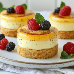 - 1 cup digestive biscuits, crushed - 4 tablespoons unsalted butter, melted - 8 oz cream cheese, softened - 1/2 cup granulated sugar - 1 teaspoon vanilla extract - 1 vanilla bean, seeds scraped - 2 large eggs - 1 cup heavy cream - 2 tablespoons brown sugar (for topping) - Fresh berries (for garnish, optional) To create a delightful treat, you need simple ingredients. Digestive biscuits give a nice crunch and base. Melted unsalted butter binds them together. Cream cheese adds creaminess, while granulated sugar sweetens the mix. Vanilla extract and vanilla bean offer rich vanilla flavor. Using both gives depth that makes the dessert special. Large eggs help set the filling. Heavy cream makes it light and fluffy. For the topping, brown sugar caramelizes beautifully. You can add fresh berries or mint for a pretty touch. These ingredients come together to make your vanilla bean crème brûlée cheesecake cups shine. {{ingredient_image_1}} - Mixing Digestive Biscuits and Butter Start by crushing 1 cup of digestive biscuits. You can use a food processor or place them in a zip-top bag and crush them with a rolling pin. Next, melt 4 tablespoons of unsalted butter. Combine the crushed biscuits and melted butter in a mixing bowl. Stir until the biscuits are well-coated. - Forming the Crust in Serving Cups Divide the mixture evenly among 6 serving cups. Press the mixture firmly into the bottom of each cup to form a solid crust. This step helps create a sturdy base for your cheesecake filling. Set the cups aside while you prepare the filling. - Beating Cream Cheese and Sugar In a clean bowl, beat 8 oz of softened cream cheese with 1/2 cup of granulated sugar. Use an electric mixer to mix until it becomes smooth and creamy. This is an important step for a silky texture. - Adding Vanilla Flavors Next, add 1 teaspoon of vanilla extract and the seeds from 1 vanilla bean. Stir these into the cream cheese mixture until well blended. The vanilla bean adds a rich flavor and tiny flecks that look beautiful. - Incorporating Eggs Add 2 large eggs, one at a time. Mix well after each addition. This ensures that the eggs blend smoothly into the mixture, which helps the cheesecake set properly. - Whipping Heavy Cream In a separate bowl, whip 1 cup of heavy cream until soft peaks form. This adds lightness to the cheesecake. Be careful not to over-whip it, as it can become grainy. - Filling Cups with Cheesecake Mixture Gently fold the whipped cream into the cream cheese mixture. This should be done carefully to keep the mixture light. Spoon the cheesecake filling over the crusts in each cup. Smooth the tops with a spatula for a nice finish. - Baking Instructions and Water Bath Technique Preheat your oven to 325°F (160°C). Place your filled cups in a baking dish. Fill the dish with hot water until it reaches halfway up the sides of the cups. This water bath helps the cheesecake bake evenly. Bake for about 25-30 minutes. The edges should be set but the center should be slightly jiggly. - Cooling and Chilling Time After baking, carefully remove the cups from the oven. Let them cool at room temperature for about an hour. Then place them in the fridge for at least 4 hours, or overnight. Chilling lets the flavors deepen and the texture set perfectly. Using room temperature ingredients is key. This helps everything mix well. Cold cream cheese may clump and make your batter lumpy. Let it sit out for about 30 minutes before you start. Another tip is to avoid overmixing. Mix just until combined. Overmixing can add too much air and lead to cracks during baking. To get that perfect brûlée topping, a kitchen torch is your best friend. Hold the torch about 2 inches above the sugar. Move it slowly to melt the sugar evenly. Watch it closely to avoid burning! If you don’t have a torch, you can use your oven broiler. Place the cups on a baking sheet, sprinkle sugar, and broil them. Keep an eye on them, as they can burn fast. Garnishing with fresh berries adds color and flavor. Place a few berries on top of each cup for a nice touch. You can also add a mint sprig for extra flair. For serving, these cheesecake cups pair well with coffee or sweet dessert wines. They make a perfect ending to any meal! Pro Tips Use Fresh Vanilla Beans: For the best flavor, opt for fresh vanilla beans instead of vanilla extract. The seeds add a rich aroma and visual appeal to your cheesecake. Chill Overnight: Allowing the cheesecake cups to chill overnight not only enhances their flavor but also helps achieve a firmer texture, making them easier to serve. Perfect the Brûlée: When caramelizing the sugar topping, move the torch continuously to avoid burning any one spot. Aim for a golden brown color for the perfect crispy layer. Garnish Creatively: Fresh berries, mint, or edible flowers make beautiful garnishes. They not only enhance the presentation but also add a refreshing contrast to the rich cheesecake. {{image_2}} You can give your cheesecake cups a fun twist. Adding citrus zest brightens the flavor. Use lemon or orange zest for a fresh taste. Just a teaspoon will do. Mix it into the cream cheese before adding the eggs. This little change can make your dessert feel new and exciting. Another great option is a chocolate swirl. Melt some dark chocolate and let it cool slightly. After mixing your cream cheese and sugar, swirl in the melted chocolate. This adds a rich flavor and looks stunning. Your guests will love the surprise! If you want a gluten-free treat, you can switch the digestive biscuits. Use gluten-free graham crackers instead. Crush them just like the biscuits. Mix them with melted butter as you would normally. This simple swap keeps your dessert tasty and suitable for all. You can easily adjust the size of your cheesecake cups. For mini servings, use smaller cups and reduce the bake time. Check them after 15-20 minutes. For larger servings, use bigger cups. You will need to bake them a bit longer. Just make sure the center still jiggles slightly. This way, you can serve the perfect portions for any event! - Best Storage Practices in the Fridge Store the cheesecake cups in an airtight container. This keeps them fresh and tasty. Place them in the fridge if you plan to eat them within a few days. Make sure to cover them well to prevent drying out. - Freezing Options You can freeze the cheesecake cups for longer storage. Wrap each cup tightly in plastic wrap. Then, place them in a freezer-safe bag. They can last up to three months in the freezer. When ready to eat, thaw them in the fridge overnight. - Recommended Consumption Timeframe Enjoy your cheesecake cups within five days if stored in the fridge. After that, the texture and taste may change. If frozen, consume them within three months for the best flavor and quality. Yes, you can make this cheesecake ahead of time. I recommend making it the day before. This allows the flavors to blend well. Just store it in the fridge until you are ready to serve. To prevent cracks, use room temperature ingredients. Mix gently to avoid incorporating too much air. Also, bake it in a water bath. This helps control the temperature and keeps the cheesecake moist. You can use low-fat cream cheese if you want a lighter version. Just remember, it may change the texture slightly. For a firmer cheesecake, stick with regular cream cheese. Yes, you can make a dairy-free version! Use vegan cream cheese and coconut cream. This will keep the rich taste while avoiding dairy. Check labels to ensure all ingredients are dairy-free. If you lack a kitchen torch, no worries! You can use your oven's broiler. Just watch it closely. Place the cups on a baking sheet and broil for a few minutes until the sugar caramelizes. To make a larger batch, simply double the recipe. Use larger cups or a bigger pan. Adjust the baking time if needed. Check for doneness by looking for slightly jiggly centers. This blog post covered how to make delicious cheesecake cups. We went over the ingredients, step-by-step instructions, and tips to achieve the best texture. I shared storage info and answered common questions too. Now you have the tools to create, store, and enjoy your cheesecake cups. Remember, the key is to use room temperature ingredients and avoid overmixing. Happy baking!