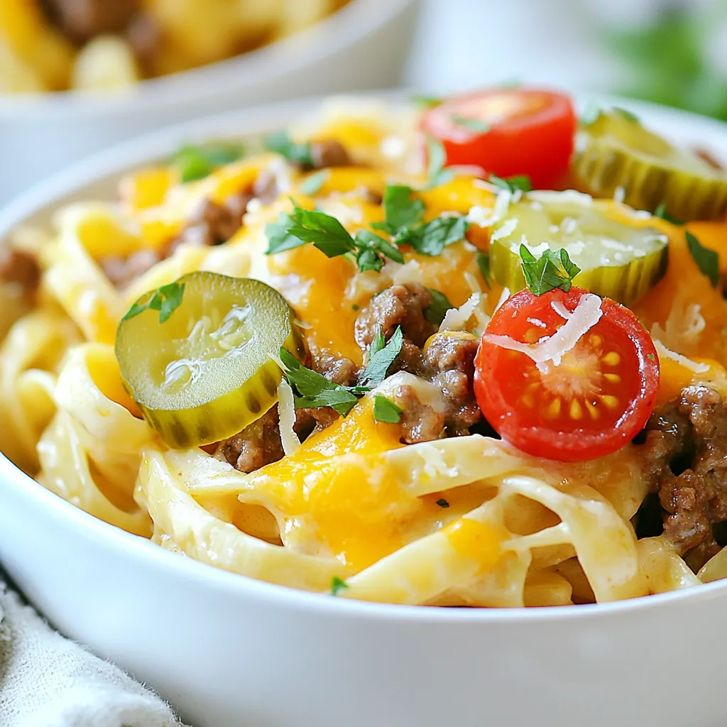 - 12 oz fettuccine pasta - 1 lb ground beef - 1 cup heavy cream Fettuccine pasta is the star here. It has a nice width to hold the sauce well. Ground beef gives the dish its hearty flavor and protein. Heavy cream makes the sauce rich and smooth. - 1 cup shredded cheddar cheese - ½ cup grated Parmesan cheese - 1 tablespoon garlic powder - 1 tablespoon onion powder - 1 teaspoon smoked paprika Cheddar cheese adds a sharp taste. Parmesan cheese gives a salty kick. Garlic powder and onion powder boost the flavor. Smoked paprika adds a hint of smokiness. - ½ cup diced pickles - ½ cup cherry tomatoes, halved - ¼ cup chopped fresh parsley (for garnish) Diced pickles give a nice crunch and tang. Cherry tomatoes add a burst of sweetness. Fresh parsley brightens the dish and adds color. These fresh ingredients elevate the whole meal. {{ingredient_image_1}} First, fill a large pot with water and add salt. Bring the water to a boil. Once boiling, add 12 oz of fettuccine pasta. Cook according to the package instructions until it is al dente. This usually takes about 8-10 minutes. After cooking, drain the pasta in a colander and set it aside. Next, take a large skillet and heat it over medium heat. Add 1 lb of ground beef. Use a spatula to break the meat into small pieces. Cook until it turns brown, which takes about 5-7 minutes. If there is a lot of grease, carefully drain the excess. This keeps your dish from being too oily. Now, let’s make the sauce. In the skillet with the browned beef, add 1 cup of heavy cream and 1 cup of beef broth. Stir everything well and bring it to a gentle simmer. This helps blend the flavors. Once it simmers, reduce the heat to low. Add 1 cup of shredded cheddar cheese, ½ cup of grated Parmesan cheese, 1 tablespoon of garlic powder, 1 tablespoon of onion powder, 1 teaspoon of smoked paprika, and salt and pepper to taste. Stir until the cheeses melt and the sauce thickens. Time to mix the pasta and sauce! Add the drained fettuccine to the skillet. Gently toss the pasta with the sauce. Make sure every piece of pasta gets a nice coating. This is key for flavor in every bite. Finally, you can add some fun toppings. Stir in ½ cup of diced pickles and ½ cup of halved cherry tomatoes. This adds freshness and crunch. Toss again to evenly distribute the toppings. For a pretty finish, serve it on plates and garnish with ¼ cup of chopped fresh parsley. Enjoy your loaded cheeseburger Alfredo pasta! To get the best texture for your pasta, cook it al dente. This means it should be tender but still firm to the bite. To achieve this, follow these steps: - Use plenty of water: A large pot helps the pasta move freely. - Salt the water: Add 1-2 tablespoons of salt. This flavors the pasta as it cooks. When the pasta is done, drain it well. Set it aside and let it cool slightly. This keeps it from sticking together. You can boost the flavor of your Loaded Cheeseburger Alfredo Pasta with simple seasonings. Here are some ideas: - Add more spices: Consider adding chili powder or cayenne pepper for heat. - Substituting ingredients: If you want a healthier option, swap ground beef for turkey or chicken. You can also use a plant-based meat for a vegetarian dish. Try different cheeses too! Mozzarella or Gouda can add a unique twist. Pair your pasta with sides for a complete meal. Here are some ideas: - Salads: A fresh garden salad works well, adding crunch and color. - Bread: Garlic bread or a soft baguette complements the creamy sauce nicely. These sides balance the rich flavors of the pasta and provide a satisfying meal. Pro Tips Cook Pasta Al Dente: Cooking your fettuccine until just al dente ensures it holds its shape and texture when mixed with the creamy sauce. Brown the Beef Well: Make sure to brown the ground beef thoroughly for added flavor. This step enhances the overall taste of the dish. Cheese Variety: Experiment with different cheese combinations, like mozzarella or gouda, for a unique flavor twist in your alfredo sauce. Garnish for Freshness: Always finish with fresh herbs, like parsley, to add a pop of color and a bright flavor contrast to the rich sauce. {{image_2}} You can change the meat in this dish to fit your taste. Try using ground turkey or chicken for a lighter option. Both will still give you that great flavor. If you want a vegetarian option, swap the meat for cooked lentils or a meat substitute. These choices keep the meal hearty and filling. Cheese is key in this recipe, but you can get creative! Mixing different cheeses can add unique flavors. Try using mozzarella for a stretchy texture or gouda for a smoky twist. If you prefer non-dairy, look for vegan cheese that melts well. Nutritional yeast is also a great way to add a cheesy taste without dairy. Don’t be afraid to add more color and health to your dish! Bell peppers or spinach can bring extra nutrition and flavor. Just sauté them for a few minutes before mixing them in. For fun garnishes, try crispy bacon bits or extra pickles. These additions make your Loaded Cheeseburger Alfredo Pasta even more exciting! To keep your loaded cheeseburger Alfredo pasta fresh, store it in a sealed container. This helps prevent air from getting in and keeps the dish tasty. You can add a layer of plastic wrap over the top for extra protection. For the best results, refrigerate it within two hours of cooking. This keeps the flavors locked in and stops bacteria from growing. You can store the pasta in the fridge for up to three days. When it’s time to enjoy your leftovers, you have a few good options. The best way to reheat the pasta is on the stove. Just add a splash of beef broth or cream to the skillet to help it warm up. Stir it gently over medium heat until it’s hot. You can also use the microwave. Just place the pasta in a microwave-safe bowl and cover it with a damp paper towel. Heat it in 30-second bursts, stirring in between. This helps keep the creaminess and prevents it from drying out. Always check if it’s hot throughout before digging in! Loaded cheeseburger Alfredo pasta is a rich and creamy dish. It combines fettuccine pasta, ground beef, and a cheesy Alfredo sauce. The flavor profile is a mix of savory beef and creamy cheese, with a hint of garlic and spices. People love it for its comfort and satisfying taste. Families enjoy it, and it's a hit at gatherings. Yes, you can prepare this meal in advance. Cook the pasta and beef, then mix them with the sauce. Store everything in an airtight container. You can keep it in the fridge for up to three days. When ready to eat, reheat gently on the stove. Add a splash of beef broth to keep it creamy. This recipe works great for meal prep. You can portion it into containers for easy lunches or dinners. Each serving is filling and flavorful. The cooked pasta can last in the fridge for about three to four days. Just make sure to store it properly in airtight containers. Yes, you can make this dish gluten-free. Choose gluten-free fettuccine pasta made from rice or corn. For the sauce, check that your broth and cheese are gluten-free. You can still enjoy the same great flavors without the gluten. Just be mindful of cross-contamination if you have severe sensitivities. Loaded Cheeseburger Alfredo Pasta combines tasty ingredients like fettuccine, ground beef, and rich cheeses. We explored cooking methods, tips, and variations to elevate your dish. You can personalize the recipe with different proteins or veggies. With simple steps, you can create a creamy and flavorful meal for any occasion. Remember, the right storage and reheating techniques keep leftovers fresh. Enjoy experimenting with this pasta delight!
