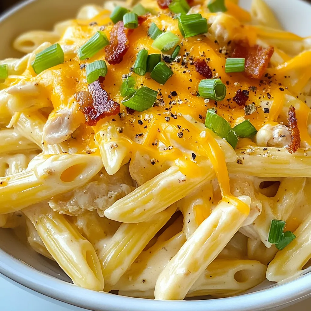 To make Crack Chicken Penne, gather these items: - 8 oz penne pasta - 1 lb boneless, skinless chicken breasts - 1 packet ranch seasoning mix - 1 cup cream cheese, softened - 1 cup shredded cheddar cheese - 1/2 cup chicken broth - 1 cup cooked and crumbled bacon (optional) - 1/2 cup green onions, sliced - Salt and pepper to taste You can add extra flavor or crunch with these ingredients: - Cooked and crumbled bacon - Extra green onions for garnish - A sprinkle of paprika for color Use these tools to make your cooking easier: - Large pot for boiling pasta - Large skillet for cooking chicken - Two forks for shredding chicken - Measuring cups for precise portions - Stirring spoon for mixing ingredients This recipe is simple and quick, making it perfect for a cozy dinner. Enjoy the creamy goodness! {{ingredient_image_1}} Start by boiling a large pot of salted water. Once it boils, add 8 oz of penne pasta. Cook the pasta until it is al dente, which takes about 8-10 minutes. Drain it well and set it aside. This step is key for a perfect base. Next, heat a large skillet over medium heat. Add 1 lb of boneless, skinless chicken breasts. Season the chicken with salt, pepper, and 1 packet of ranch seasoning mix. Cook each side for about 7-8 minutes until the chicken is cooked through and no longer pink. Once done, remove the chicken from the skillet and let it cool for a few minutes. After the chicken cools, shred it using two forks. Return the shredded chicken to the skillet. Add 1 cup of softened cream cheese and 1/2 cup of chicken broth to the skillet. Stir everything together until it is creamy. Let the mixture bubble gently for about 3-4 minutes. This step creates a rich sauce that binds the dish. Now, add the cooked penne to the skillet. Toss the pasta gently until it is well coated in the creamy sauce. This ensures every bite is flavorful. If you want, mix in 1 cup of cooked and crumbled bacon at this stage for extra taste. To serve, garnish your dish with 1/2 cup of sliced green onions. This adds a nice crunch and fresh flavor. You can adjust the seasoning with more salt and pepper based on your taste. Enjoy your Crack Chicken Penne warm for a delightful meal! When making Crack Chicken Penne, avoid overcooking the chicken. Cook it until it is just right. If the chicken gets dry, the dish will not taste good. Also, do not skip the ranch seasoning. It adds a lot of flavor. Lastly, be careful with salt. You can always add more later. To get the creamiest sauce, use softened cream cheese. This makes it mix well. Adding chicken broth helps it stay smooth. Stir the sauce gently and let it bubble for a few minutes. This helps all the flavors blend together. You can always add more cheese for extra creaminess. Shred the chicken while it is still warm. This makes it easier to pull apart. Use two forks to shred it. If you find it tough, let it cool a bit. After shredding, return it to the skillet. This way, it can soak up all the sauce. It makes each bite packed with flavor. Pro Tips Use Leftover Chicken: For a quicker meal, use leftover rotisserie chicken instead of cooking chicken breasts from scratch. Adjust the Creaminess: If you prefer a creamier sauce, add more cream cheese or a splash of heavy cream to reach your desired consistency. Season to Taste: Always taste your dish before serving and adjust the seasoning with salt and pepper as needed. Add Vegetables: Incorporate veggies like spinach or bell peppers for added nutrition and flavor. {{image_2}} To make a vegetarian version of Crack Chicken Penne, swap the chicken for mushrooms or chickpeas. Use 8 oz of sliced mushrooms or 1 can of drained chickpeas. This keeps the dish hearty and adds protein. You can also add diced bell peppers or zucchini for extra flavor and color. Replace chicken broth with vegetable broth for a full veggie taste. Want some heat? Add 1 teaspoon of red pepper flakes to the sauce while it simmers. You can also use spicy ranch seasoning instead of regular ranch. If you like it extra spicy, toss in some diced jalapeños or hot sauce before serving. This will give your Crack Chicken Penne a nice kick! For a gluten-free version, choose gluten-free penne pasta. Many brands offer tasty options that work great. Make sure the ranch seasoning and chicken broth you use are also gluten-free. This keeps the dish safe for those with gluten sensitivities while still being creamy and delicious. Enjoy your meal without worry! Store leftover Crack Chicken Penne in an airtight container. Make sure it cools to room temperature. It will stay fresh for up to three days in the fridge. Keep it in a shallow dish to help it cool faster. This way, it will taste great when you’re ready to eat it again. To reheat, use a microwave or a skillet. If using a microwave, place a single serving on a plate. Heat it on medium power for about two to three minutes. Stir it halfway through to ensure even heating. If using a skillet, heat on low until warm. Add a splash of chicken broth if it seems dry. You can freeze Crack Chicken Penne if you want to save some for later. Let it cool completely before freezing. Use a freezer-safe container or bag. It can last for up to three months in the freezer. When ready to eat, thaw it in the fridge overnight. Reheat it gently, adding some broth to keep it creamy. Yes, you can use pre-cooked chicken. Just shred it and add it to the sauce. This saves time and keeps the dish easy. Make sure to warm the chicken in the skillet before mixing. To make this dish dairy-free, swap cream cheese with a dairy-free cream cheese. Use a dairy-free cheese for the topping. Check the ranch seasoning too. Some brands offer dairy-free options. This dish pairs well with a fresh side salad or steamed veggies. You can also serve it with crusty bread to soak up the creamy sauce. Garlic bread is a tasty choice too. Absolutely! You can use any pasta you like. Rotini, fusilli, or even gluten-free pasta work well. Just cook it according to the package instructions. The creamy sauce will coat any pasta beautifully. This blog post covers all you need for a delicious Crack Chicken Penne. We listed ingredients, optional ones, and tools to make cooking easy. I provided step-by-step instructions, tips to avoid mistakes, and variations to fit your taste. Plus, I shared how to store and reheat leftovers. With these insights, you can create a meal that everyone will enjoy. Explore different variations and make this dish your own. Enjoy your cooking adventures!