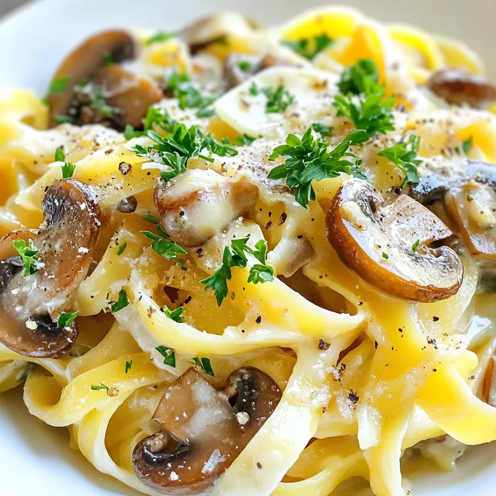 - 8 oz (225 g) pasta of your choice (fettuccine or penne works well) - 2 tablespoons olive oil - 2 medium leeks, cleaned and sliced - 1 cup mushrooms (button or cremini), sliced - 2 cloves garlic, minced - 1 teaspoon fresh thyme leaves (or ½ teaspoon dried thyme) - 1 cup heavy cream - 1 cup grated Gruyere cheese - Salt and pepper to taste - Fresh parsley, chopped for garnish (optional) For this dish, I recommend using fettuccine or penne. Fettuccine has a flat shape that holds the creamy sauce well. Penne has ridges that trap the sauce in every bite. Both types work wonderfully, making your meal rich and satisfying. You can enhance your dish with some fresh parsley. Chopped parsley adds color and freshness to the pasta. If you want more flavor, try adding grated lemon zest or crushed red pepper for a little heat. These garnishes can make your meal even more special and appealing. {{ingredient_image_1}} Start by boiling water in a large pot. Add a good amount of salt to the water. This helps flavor the pasta. Once the water boils, add 8 oz of pasta. Cook it according to the package instructions until it is al dente. This means it should still be slightly firm. After cooking, drain the pasta. Save about ½ cup of the cooking water for later use. In a large skillet, heat 2 tablespoons of olive oil on medium-low heat. Add 2 medium leeks that you have cleaned and sliced. Sprinkle a pinch of salt over them. Cook for about 10-15 minutes. Stir often as they cook. You want the leeks to become soft and golden brown. This gives the dish a sweet and rich flavor. Now, raise the heat to medium. Add 1 cup of sliced mushrooms to the skillet. Cook for 5-7 minutes. The mushrooms will release moisture and become tender. Next, stir in 2 cloves of minced garlic and 1 teaspoon of fresh thyme leaves. Cook for another 1-2 minutes until you can smell the fragrant garlic and thyme. Lower the heat again and pour in 1 cup of heavy cream. Stir to mix it well. Let it simmer for about 3-5 minutes until the sauce thickens slightly. Gradually add 1 cup of grated Gruyere cheese. Stir constantly until the cheese melts into the sauce. If the sauce feels too thick, add some of the reserved pasta cooking water until you like the texture. Now it's time to bring everything together. Add the drained pasta directly to the skillet. Toss it well to coat the pasta evenly with the creamy mushroom-leek sauce. Taste the mixture and season with salt and pepper as needed. When serving, plate the pasta and give it a beautiful presentation. If you like, sprinkle some freshly chopped parsley on top. This adds a pop of color and freshness to the dish. Enjoy your delicious Caramelized Leek Mushroom Gruyere Pasta! To caramelize leeks, low heat is key. Start with olive oil in a skillet. Add sliced leeks and a pinch of salt. Cook them slowly for 10 to 15 minutes. Stir them often until they turn soft and golden brown. This slow process brings out their natural sweetness. If they brown too fast, lower the heat. You want deep flavor, not burnt bits. Gruyere cheese makes this dish creamy and rich. Use fresh, grated cheese for the best taste. Pre-grated cheese often has fillers that affect melting. If you want a twist, mix in some Parmesan or Fontina. Both add unique flavors. Always add cheese to the warm sauce slowly. This helps it melt evenly and prevents clumping. Select fresh mushrooms for the best taste. Button or cremini mushrooms work well. Slice them evenly for uniform cooking. Start by adding them after the leeks are caramelized. This ensures they absorb the leek flavor. Cook them until they are tender and moisture is released. This step adds depth to your pasta sauce. For extra texture, sauté them a bit longer until they brown. Pro Tips Choose the Right Pasta: While fettuccine and penne are great options, consider trying whole wheat or gluten-free pasta for a healthier twist. Leek Cleaning: Make sure to thoroughly clean leeks, as dirt can hide between their layers. Slice them and rinse under running water to remove any grit. Thickening the Sauce: If your sauce is too thick, add small amounts of the reserved pasta water gradually until you reach your desired consistency. Garnishing: Fresh parsley not only adds color but also enhances flavor. Consider adding a squeeze of lemon juice for brightness. {{image_2}} You can keep this dish vegetarian by using plant-based cream. Try cashew or coconut cream for a rich flavor. Nutritional yeast can replace cheese for a cheesy taste without dairy. Want to add protein? Chicken, shrimp, or even tofu work great. Cook them separately and mix them in at the end. You can also toss in spinach, peas, or broccoli for extra veggies. They add color and nutrients, making your meal healthier. If you need a gluten-free option, use gluten-free pasta. Quinoa or rice pasta are great choices. Check labels to ensure they are truly gluten-free. You can also use zucchini noodles for a fresh twist. They add flavor and keep it light. After making Caramelized Leek Mushroom Gruyere Pasta, let it cool. Use an airtight container to store leftovers. This pasta keeps well in the fridge for up to three days. If you want to keep it longer, freezing is a great option. To reheat, you can use the stove or microwave. If using the stove, add a splash of water or cream in a pan. Heat it on low until warm. Stir often to avoid sticking. If using a microwave, place the pasta in a microwave-safe dish. Cover it and heat in short bursts, stirring in between. You can freeze this pasta dish for up to two months. Make sure it’s in a freezer-safe container. To reheat, let it thaw in the fridge overnight. Then follow the reheating instructions above. This way, you can enjoy the creamy goodness anytime! Yes, you can swap Gruyere for cheeses like Swiss or mozzarella. Each cheese will change the flavor. Swiss adds a nutty taste, while mozzarella gives a milder touch. Experiment and find what you love! Cooked pasta stays fresh for about 3 to 5 days in the fridge. Store it in an airtight container to keep it safe. If you want to keep it longer, consider freezing it! This dish pairs well with a simple green salad or garlic bread. You can also serve roasted vegetables for a healthy side. A light white wine can enhance the meal, too. You can make this dish vegan by using plant-based cream and a vegan cheese. Look for cheeses that melt well, like cashew-based options. This way, you can enjoy the same creamy goodness without dairy! This recipe is not spicy at all. The flavors are mild and comforting. If you want some heat, add red pepper flakes or a dash of hot sauce. Adjust to your taste for a kick! This blog post covered all the steps to make Caramelized Leek Mushroom Gruyere Pasta. We explored the key ingredients, detailed cooking steps, and offered helpful tips. You now have options for variations and ways to store leftovers. Remember to experiment with your favorite pasta types and garnishes. This dish offers great taste and fun with each bite. Enjoy the cooking process and create a pasta dish that suits your taste!