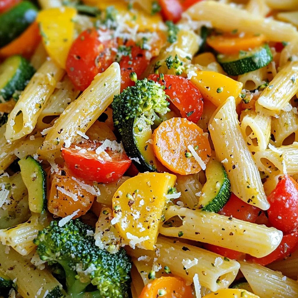 - 8 ounces pasta (penne or fusilli work well) - 1 zucchini, sliced into half-moons - 1 bell pepper (red or yellow), diced - 1 cup cherry tomatoes, halved - 1 cup broccoli florets - 1 carrot, sliced thinly - 3 tablespoons olive oil - 2 cloves garlic, minced - 1 teaspoon Italian seasoning - Salt and pepper, to taste - ¼ cup grated Parmesan cheese (optional) - Fresh basil leaves, for garnish For this dish, I love using fresh vegetables. They add great flavor and color. Each ingredient plays a key role in making the pasta primavera shine. - Other veggies like asparagus or spinach - A sprinkle of red pepper flakes for heat - Grated lemon zest for brightness - Nutritional yeast for a vegan option Feel free to mix and match ingredients. You can use whatever you have on hand. This dish is very flexible. I recommend using penne or fusilli for this recipe. Both shapes hold the sauce well. You can also try spaghetti or farfalle. Choose a pasta you enjoy. The right pasta can make this dish even better! {{ingredient_image_1}} First, we need to preheat the oven. Set it to 425°F (220°C). This hot oven will help our veggies roast perfectly. Next, grab a large baking sheet. On it, place the sliced zucchini, diced bell pepper, halved cherry tomatoes, broccoli florets, and thinly sliced carrot. This mix adds color and flavor. Drizzle 2 tablespoons of olive oil over the veggies. Now, sprinkle with Italian seasoning, minced garlic, salt, and pepper. Toss everything well so the veggies get coated. Roast them for 20-25 minutes. Toss them halfway through for even cooking. The veggies should be tender and a bit caramelized when done. While the veggies roast, let’s cook the pasta. Boil water and add 8 ounces of pasta. Cook according to the package instructions until it is al dente. Then, drain the pasta and set it aside. In a large skillet, combine the roasted vegetables with the cooked pasta. Add the last tablespoon of olive oil and toss to mix. If the dish seems dry, add a splash of the reserved pasta water. Heat everything on medium for 2-3 minutes. If you want, mix in some grated Parmesan cheese. Taste and adjust salt and pepper as needed. Serve hot and garnish with fresh basil leaves. Enjoy your delicious dish! To roast vegetables well, cut them into even pieces. This helps them cook at the same time. Use a good amount of olive oil. It adds flavor and helps with browning. I suggest using 2 tablespoons for the roasting process. Add salt and pepper to enhance the taste. Toss the veggies halfway through cooking. This helps them brown evenly. Roast at 425°F for the best results. Look for a nice caramel color. Your vegetables should be tender but not mushy. When cooking pasta, use plenty of water. This helps the pasta cook evenly. Salt the water well; it should taste like the sea. Cook the pasta until it is al dente. This means it should be firm when bitten. After cooking, drain the pasta but save some water. This starchy water can help your dish later. If your pasta looks dry when mixed, add a splash of this water. It makes everything creamy and delicious. Serve your pasta primavera hot for the best taste. Use a large bowl or plate to showcase the colors. Add fresh basil leaves on top for a nice touch. If you used Parmesan cheese, sprinkle a little more on top. It adds a rich flavor. If you have extra veggies, feel free to add them as garnish. Enjoy your meal with a side salad for a complete dish. This simple touch enhances your dining experience. Pro Tips Choosing the Right Pasta: Use pasta shapes that hold sauce well, like penne or fusilli, to enhance the dish's flavor. Vegetable Variety: Feel free to mix in other seasonal vegetables such as asparagus or bell peppers for added color and taste. Roasting for Flavor: Roast vegetables until they are slightly caramelized to bring out their natural sweetness and depth of flavor. Herbs for Freshness: Adding fresh herbs like basil or parsley right before serving can elevate the dish with a burst of freshness. {{image_2}} You can add protein to your roasted vegetable pasta primavera for more flavor. Chicken, shrimp, or tofu work well. Cook the chicken or shrimp until fully done. If using tofu, cube it and sauté until golden. Then, toss your choice of protein with the pasta and vegetables. This will make your dish heartier and more filling. If you need a gluten-free option, choose gluten-free pasta like brown rice or chickpea pasta. This keeps the dish tasty and safe for gluten-free diets. For a vegan version, skip the Parmesan cheese. You can also use nutritional yeast instead. It adds a cheesy flavor without any animal products. You can change the vegetables based on the season. In spring, try asparagus and snap peas. In summer, add eggplant or corn. Fall brings butternut squash and Brussels sprouts. In winter, use root vegetables like parsnips and sweet potatoes. This keeps your pasta primavera fresh and exciting throughout the year. To keep your roasted vegetable pasta primavera fresh, let it cool first. Place it in an airtight container. Store it in the fridge. It will last for about 3 to 4 days. Make sure the container is sealed well to avoid moisture. This keeps the flavors intact. When you’re ready to enjoy your leftovers, reheat them on the stove. Add a splash of water or olive oil to the pan. Heat over medium heat until warm. You can also microwave it for quick reheating. Just cover the dish to keep moisture in. Heat for 1-2 minutes, stirring halfway through. To freeze your pasta primavera, use a freezer-safe container. Make sure to leave some space at the top for expansion. It can stay frozen for up to 3 months. When you want to eat it, let it thaw overnight in the fridge. Reheat it gently on the stove or in the microwave. This keeps it tasty and fresh. You can use Pecorino Romano cheese for a sharper taste. Nutritional yeast is great for vegan options. Feta or goat cheese also add a nice creaminess. These choices keep your dish tasty and satisfying. Yes, you can make this dish ahead. Roast the veggies and cook the pasta first. Store them in the fridge separately. When ready to serve, heat them together in a skillet. This saves time on busy days. Add lemon juice for brightness. Fresh herbs like thyme or oregano bring depth. A pinch of red pepper flakes adds heat. You can also mix in some capers or olives for a salty kick. Experiment and find what you love! Penne and fusilli are great choices. They hold sauce well and add texture. You can also use spaghetti or farfalle. Choose your favorite pasta to make this dish your own! In this blog post, I covered the main ingredients needed for a great dish, along with tips for roasting vegetables and cooking pasta. We also discussed fun variations and easy storage methods. These steps ensure a tasty and enjoyable meal every time. Try new flavors and customize as you like. With simple swaps and smart storage, you’ll enjoy this dish for days. Keep these ideas in mind as you cook!