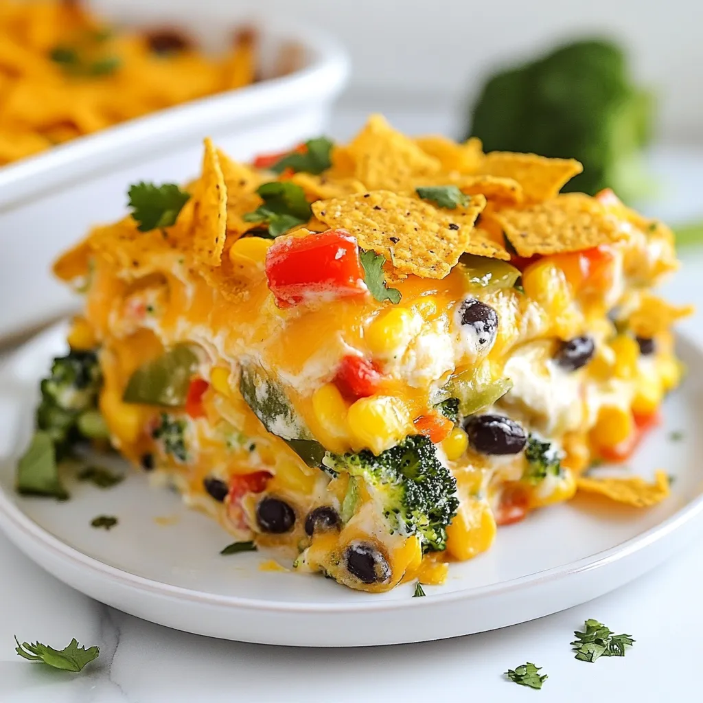 - 1 bag (10 oz) Nacho Cheese Doritos - 2 cups fresh broccoli, chopped - 1 cup bell peppers (red and yellow), diced - 1 cup sweet corn, drained (canned or frozen) - 1 can (15 oz) black beans, rinsed and drained - 1 cup chopped red onion - 2 cups shredded cheddar cheese - 1 cup sour cream - 1/2 cup cream cheese, softened - 1 teaspoon garlic powder - 1 teaspoon onion powder - 1/2 teaspoon cumin - Salt and pepper to taste - Fresh cilantro, for garnish (optional) When I make Cheesy Dorito Veggie Casserole, I love how colorful and tasty it is. The bright veggies and cheesy goodness make it a fun dish. Let’s break down the ingredients I use. First, I grab a bag of Nacho Cheese Doritos. Their crunch and flavor give the dish a great base. Next, I chop up fresh broccoli. This veggie adds a nice bite and is packed with nutrients. I also pick red and yellow bell peppers for sweetness and color. Sweet corn is a must! It adds a pop of sweetness that balances the flavors. I include black beans for protein and texture. They make the casserole hearty and filling. Red onion adds a sharp taste that blends well with the other ingredients. For the creamy part, I use a mix of sour cream and cream cheese. This combo creates a rich, smooth layer that ties everything together. I also add shredded cheddar cheese, which melts beautifully on top. Seasoning is key! I use garlic powder and onion powder for depth. Cumin adds a warm, earthy note. I finish with salt and pepper to enhance all the flavors. Finally, if I want a fresh touch, I sprinkle cilantro on top before serving. It gives a lovely burst of color and flavor. Gather these ingredients, and you’re ready to create a delicious Cheesy Dorito Veggie Casserole! {{ingredient_image_1}} 1. Preheat the oven to 350°F (175°C). This ensures even cooking for our casserole. 2. In a large mixing bowl, combine the sour cream, cream cheese, garlic powder, onion powder, cumin, salt, and pepper. Mix well until smooth. This creamy mixture adds richness to the dish. 3. Stir in the chopped broccoli, diced bell peppers, sweet corn, black beans, and red onion into the creamy mixture. This blend of veggies brings color and nutrition. 1. In a 9x13 inch baking dish, spread half of the Nacho Cheese Doritos at the bottom. This layer adds a crunchy base. 2. Pour the veggie mixture evenly over the Doritos in the baking dish. Make sure to cover them well. 3. Sprinkle 1 cup of shredded cheddar cheese over the top of the veggie mixture. This adds a cheesy layer that melts beautifully. 4. Layer the remaining half of the Doritos on top, followed by the remaining cheddar cheese. This top layer gives a nice crunch and cheesy finish. 1. Cover the dish with aluminum foil and bake in the preheated oven for 25 minutes. This helps steam the veggies. 2. After 25 minutes, remove the foil and bake for an additional 15-20 minutes, or until the cheese is bubbly and the Doritos are golden brown. This step creates a delicious crust. 3. Remove from the oven and let it sit for 5 minutes before serving. This resting time allows the layers to set. 4. Garnish with fresh cilantro if desired before serving. This adds freshness and color to your dish. To keep your casserole creamy, mix the sour cream and cream cheese well. This helps blend flavors. Adding more cream cheese can make it even richer. You can also try different seasonings to enhance taste. For example, a pinch of smoked paprika adds a nice kick. Or, try taco seasoning for a zesty twist. For best results, bake your casserole at 350°F (175°C) for a total of 40-45 minutes. Cover it during the first half to trap moisture. This keeps everything creamy. To avoid soggy Doritos, layer them only on top. Bake uncovered during the last 15-20 minutes to crisp them up. Pair your casserole with a fresh salad or some roasted veggies. This adds a nice crunch and balance. For a fun twist, serve it in individual bowls. You can also add a dollop of sour cream on top for extra creaminess. Garnish with fresh cilantro for a pop of color and flavor. Pro Tips Use Fresh Ingredients: For the best flavor and texture, always use fresh vegetables. This will elevate the overall taste of your casserole. Customize Your Cheese: Feel free to mix different types of cheese like Monterey Jack or Pepper Jack for a unique twist and added flavor. Make It Spicy: Add diced jalapeños or a splash of hot sauce to the veggie mixture for an extra kick if you enjoy some heat in your dishes. Let It Rest: Allow the casserole to sit for a few minutes after baking. This helps it set and makes it easier to serve. {{image_2}} You can change the veggies based on what you have. If you want, try zucchini or spinach. These add great taste and color. You can also mix in carrots or mushrooms for more depth. When it comes to cheese, cheddar is classic, but you can switch it up. Use Monterey Jack for a milder taste. Pepper Jack adds a spicy kick. If you love creaminess, try a blend of cream cheese and mozzarella. Making this dish gluten-free is easy. Just swap the Nacho Cheese Doritos with a gluten-free brand. There are many tasty options available today. Always check the label to ensure they fit your diet. For vegetarian and vegan needs, use plant-based cheese and sour cream. This keeps the dish creamy and delicious without dairy. You can also skip the cream cheese if you prefer. The flavors will still shine through. Want some heat? Add diced jalapeños to the veggie mix. They bring spice and a nice crunch. If you like it even spicier, sprinkle in some red pepper flakes. You can also experiment with other spices. Paprika adds a smoky flavor, while chili powder gives it warmth. Try a pinch of cayenne for a fiery touch. Adjust the spices to fit your taste. To keep the Cheesy Dorito Veggie Casserole fresh, store it in an airtight container. This helps prevent any unwanted odors in your fridge. You can keep it in the fridge for up to three days. If you want to enjoy it later, freezing is a great option. To freeze the casserole, let it cool completely first. Then, wrap it tightly in plastic wrap and foil. This prevents freezer burn. The casserole can stay good in the freezer for up to two months. When you're ready to eat it, simply thaw it in the fridge overnight. For the best results, reheat it in the oven at 350°F (175°C) for about 25-30 minutes. Cover it with foil during reheating to keep it moist. Enjoy your delicious meal! Can I make this casserole ahead of time? Yes, you can! Prepare the casserole and cover it with foil. Store it in the fridge for up to 24 hours. When you're ready to cook, just bake it straight from the fridge. You may need to add a few extra minutes to the cooking time. What are the best ways to reheat leftovers? To reheat leftovers, use the oven for best results. Preheat your oven to 350°F. Place the casserole in an oven-safe dish and cover it with foil. Heat for about 15-20 minutes or until it's warm. You can also use the microwave but be careful not to make it soggy. Can I use a different brand of nacho chips? Absolutely! You can use any brand of nacho cheese chips. Just make sure they have a similar flavor. Other flavors can add a fun twist to your casserole. What can I substitute for cream cheese? If you need a substitute for cream cheese, try using Greek yogurt or cottage cheese. Both give a creamy texture and taste great. Just make sure to blend them well to keep the sauce smooth. How many people does this casserole typically serve? This casserole serves about 6 to 8 people. It’s perfect for a family meal or a small gathering. You can easily double the recipe if you need to feed more people. Can I add meat to this casserole? Yes, you can add meat! Cooked chicken, ground beef, or turkey would be great options. Just mix the meat into the veggie mixture for added protein. This makes the dish even heartier. This casserole with Nacho Cheese Doritos is a fun dish to make. We covered ingredients, steps, and tips for the perfect bake. Remember to check for texture and flavor as you mix. You can swap ingredients for your taste, making it your own. With proper storage, leftovers stay tasty. Enjoy sharing this satisfying, easy meal with friends and family. Each bite offers crunch and creaminess. I hope you feel inspired to try it. Happy cooking!
