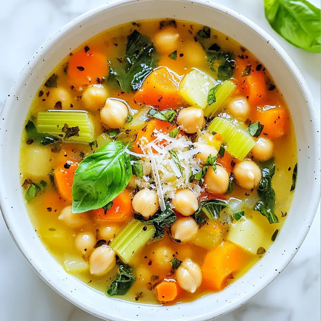 To make Italian Penicillin Soup, gather these simple ingredients: - 1 tablespoon olive oil - 1 medium onion, diced - 2 cloves garlic, minced - 2 medium carrots, diced - 2 celery stalks, diced - 1 teaspoon dried oregano - 1 teaspoon dried basil - 4 cups chicken or vegetable broth - 1 can (14 oz) diced tomatoes - 1 cup cooked chickpeas (or white beans) - 2 cups fresh spinach leaves - Juice of ½ lemon - Salt and pepper to taste - Grated Parmesan cheese for garnish (optional) - Fresh basil for garnish You can swap some ingredients if needed. Use vegetable broth instead of chicken broth for a vegetarian option. If you don't have chickpeas, white beans work well too. For the herbs, fresh basil and oregano can replace dried herbs. Just use three times more fresh than dried. If you lack fresh spinach, kale or Swiss chard can serve as good substitutes. You can also skip the cheese for a dairy-free option. Using fresh ingredients adds bright flavors to the soup. Fresh spinach wilts nicely and gives a vibrant color. However, canned tomatoes simplify prep. They save time and still taste great. When using canned items, check for low-sodium options. This helps control the salt level. Fresh herbs offer more aroma than dried ones, but dried ones are handy when fresh isn’t available. Both types can fit into this recipe well. {{ingredient_image_1}} 1. Gather all your ingredients. It makes cooking easier. 2. Dice the onion, carrots, and celery. Mince the garlic. 3. Rinse the chickpeas or white beans under cold water. This helps remove extra salt. 4. Wash the spinach leaves thoroughly. Remove any tough stems. 1. Heat 1 tablespoon of olive oil in a large pot over medium heat. 2. Add the diced onion and cook for about 5 minutes. Stir until it turns soft and clear. 3. Mix in the minced garlic and cook for another minute. The smell will be great! 4. Add in the diced carrots and celery. Cook for 5 to 7 minutes until they soften. 5. Sprinkle in 1 teaspoon of dried oregano and basil. Stir well to blend the flavors. 6. Pour in 4 cups of chicken or vegetable broth. Add the canned diced tomatoes with juice. 7. Bring the soup to a gentle simmer. This takes about 5 minutes. 8. Stir in 1 cup of cooked chickpeas or white beans. Let it simmer for 15 minutes. 9. Add 2 cups of fresh spinach leaves and cook for another 2 to 3 minutes. The spinach should wilt. 10. Remove the pot from heat. Squeeze in the juice of half a lemon. Add salt and pepper to taste. 11. Serve hot, topped with grated Parmesan cheese and fresh basil if you like. - Always taste as you cook. Adjust seasoning if needed. - Use fresh herbs for a brighter flavor. - Garnish with cheese just before serving for a nice touch. - Enjoy the soup with crusty bread for a full meal! To really boost the taste of Italian Penicillin Soup, try a few tricks. First, add fresh herbs. Chopped parsley or thyme can lift the soup. Second, use homemade broth if you can. It adds depth. Lastly, squeeze in more lemon juice. It brightens the flavors and gives a tasty zing. Many people make simple mistakes when making this soup. Don’t skip the sautéing step. This builds flavor in your base. Also, watch your salt. Too much can ruin the soup. Remember to taste often. This helps you balance the flavors as you cook. Italian Penicillin Soup is not just tasty; it’s also good for you. It has lots of veggies like carrots and spinach. These are rich in vitamins and minerals. Chickpeas provide protein and fiber, helping you feel full. The broth keeps you hydrated, which is great when you’re feeling under the weather. Enjoying this soup can boost your health and mood! Pro Tips Use Fresh Herbs: Fresh basil can enhance the flavor profile of your soup significantly compared to dried herbs. Add it right before serving for maximum freshness. Broth Quality Matters: The quality of your broth can make a big difference in the taste. Use homemade or high-quality store-bought broth for the best flavor. Add More Veggies: Feel free to add any seasonal vegetables you have on hand, such as zucchini or bell peppers, to increase the nutritional value and flavor of the soup. Perfect Texture: If you prefer a creamier texture, blend a portion of the soup after it simmers and then mix it back in for a deliciously smooth consistency. {{image_2}} You can make Italian Penicillin Soup vegetarian easily. Just swap out chicken broth for vegetable broth. This keeps the soup hearty and full of flavor. You can also replace chickpeas with more veggies like zucchini or bell peppers. They add nice texture and taste. Feel free to get creative with add-ins. You might add cooked pasta or rice for more substance. If you love spice, try adding red pepper flakes. For a touch of creaminess, stir in a splash of cream or coconut milk. Toppings can make the soup pop! Add fresh herbs like parsley or cilantro. A sprinkle of cheese adds a savory touch, too. If you have dietary needs, this soup is friendly. Make it gluten-free by using gluten-free pasta. For a low-carb option, skip the pasta and add more veggies. You can also make it dairy-free by leaving out the cheese. Always check labels on canned goods to ensure they fit your needs. This soup can easily fit into many diets while still being tasty. Store your Italian Penicillin Soup in an airtight container. Let it cool first. Then, keep it in the fridge for up to three days. If you want to eat it later, freezing is a great option. To reheat the soup, pour it into a pot. Heat it over medium-low heat. Stir often to prevent sticking. If you find it too thick, add a splash of broth or water. You can also microwave it. Place it in a bowl and cover it. Heat in short bursts, stirring in between. When freezing, use a freezer-safe container. Leave some space for expansion. You can freeze it for up to three months. To thaw, move it to the fridge overnight. Reheat it on the stove or in the microwave. Enjoy the same great taste even after freezing! Italian Penicillin Soup is a warm and tasty dish. It combines fresh veggies, beans, and herbs. The soup is rich in flavor and nutrition. You cook it with olive oil, onion, garlic, carrots, and celery. Then, you add broth, tomatoes, and chickpeas or white beans. It finishes with fresh spinach and a splash of lemon juice. This soup is great for comfort on cold days. Yes, you can make this soup ahead of time. It tastes even better the next day! Let it cool, then store it in the fridge. You can keep it for up to three days. When ready to eat, just reheat it on the stove. If you want, add fresh spinach right before serving. To add spice, try these suggestions: - Add red pepper flakes when cooking the soup. - Stir in a diced jalapeño with the other veggies. - Use spicy sausage instead of chickpeas or white beans. These options give your soup a nice kick! Yes, this soup freezes well! Let it cool completely before you freeze it. Store it in airtight containers or freezer bags. It can stay frozen for up to three months. When you want to eat it, thaw it overnight in the fridge. Reheat it gently on the stove for best results. In this article, we covered the essential ingredients, preparation steps, and tips for Italian Penicillin Soup. You learned how to enhance flavors, avoid common mistakes, and explore tasty variations. Remember to store leftovers properly and reheating is key to keeping your soup delicious. Experiment with substitutions and dietary needs to make it your own. By following these steps, you can create a warm, comforting bowl of soup. Enjoy the process and the health benefits that come with this hearty dish!
