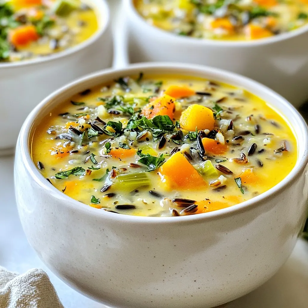 - 1 cup wild rice blend - 4 cups vegetable broth - 1 cup pumpkin puree Wild rice blend is the star of this soup. It gives a nutty flavor and chewy texture. I love using a mix of different wild rice types for variety. Vegetable broth adds depth, while pumpkin puree brings a creamy, rich taste. It also makes the soup feel cozy and warm. - 1 medium onion, diced - 2 carrots, diced - 2 celery stalks, diced - 2 cloves garlic, minced - 1 teaspoon dried thyme - 1 teaspoon dried sage - 1/2 teaspoon cinnamon Onions, carrots, and celery form the base of flavor. These aromatics make the soup smell great as it cooks. Garlic adds a bold touch. Dried thyme and sage complement the pumpkin well. A hint of cinnamon gives warmth, perfect for autumn. - 1 cup spinach or kale, chopped - 1/4 cup heavy cream (optional) - 2 tablespoons olive oil Spinach or kale adds color and nutrients. If you want a creamier soup, add heavy cream. Olive oil helps sauté the vegetables and adds healthy fats. You can skip the cream for a lighter soup. Each ingredient plays a role in making this dish hearty and healthy. {{ingredient_image_1}} - Rinse and Drain Wild Rice First, take 1 cup of wild rice blend and rinse it under cold water. This step helps remove excess starch and dirt. After rinsing, drain the rice well. This will ensure the rice cooks evenly. - Dice Vegetables Next, prepare your vegetables. Dice 1 medium onion, 2 carrots, and 2 celery stalks. The smaller the pieces, the quicker they will cook. You want them to blend well in the soup. - Sauté Vegetables In a large pot, heat 2 tablespoons of olive oil over medium heat. Add the diced onion, carrots, and celery. Sauté these for about 5-7 minutes until they soften. This step builds the soup's base flavor. - Combine Ingredients and Simmer Stir in 2 cloves of minced garlic, 1 teaspoon of dried thyme, 1 teaspoon of dried sage, and 1/2 teaspoon of cinnamon. Cook for 1 more minute until fragrant. Then, add the rinsed wild rice, 4 cups of vegetable broth, and 1 cup of pumpkin puree. Mix well. Bring the soup to a boil, then reduce heat to low. Cover the pot and simmer for about 45-50 minutes until the rice is tender. - Add Greens and Optional Cream Once the wild rice is cooked, stir in 1 cup of chopped spinach or kale. Let it simmer for another 5 minutes until the greens wilt. If you want a creamier soup, add 1/4 cup of heavy cream. - Adjust Seasoning Finally, taste your soup. Add salt and pepper as needed. This step lets you perfect the flavor. Serve hot for a warm, cozy meal that celebrates autumn! - Cooking Time Adjustments: If you prefer softer rice, add an extra 10 minutes to the cooking time. Just keep an eye on the liquid level. If it gets too thick, add a splash of broth or water. - Using Fresh vs. Dried Herbs: Fresh herbs can brighten your soup. Use three times more fresh herbs than dried. For instance, if a recipe calls for 1 teaspoon of dried thyme, use 1 tablespoon of fresh thyme. - Adding Other Spices: To boost flavor, try adding a pinch of nutmeg or a dash of cayenne pepper. These spices add warmth and depth. Adjust to your taste, starting with small amounts. - Balancing Creaminess: If you want a creamier soup, add heavy cream gradually. Start with a little, stir, and taste. This allows you to find the perfect creaminess for your liking. - Garnishing with Fresh Herbs: Chopped parsley or chives add color and freshness. Sprinkle them on top just before serving for a bright touch. - Serving Suggestions: For a cozy meal, pair the soup with crusty bread or a simple salad. This adds texture and makes your meal more filling. Pro Tips Use Fresh Herbs: Add fresh herbs like thyme or parsley at the end for a burst of flavor and freshness. Adjust Consistency: If you prefer a thicker soup, blend a portion of it and stir it back in for a creamy texture. Experiment with Greens: Feel free to substitute spinach or kale with other greens like Swiss chard for a different flavor profile. Store Leftovers: This soup keeps well in the fridge for up to 5 days, making it perfect for meal prep! {{image_2}} You can easily change up the soup by adding different vegetables. Feel free to toss in: - Sweet potatoes - Leeks - Bell peppers These will add new flavors and colors. You can also swap out the wild rice for quinoa or barley. Both can change the texture and taste while keeping it hearty. For protein options, consider adding: - Cooked chicken - Chickpeas - Lentils These ingredients will boost the soup's nutrition and make it more filling. Just add them when you mix in the wild rice. If you want a vegan version, skip the heavy cream and use coconut milk. This change keeps it creamy and rich without dairy. You can also add a splash of lemon juice for a bright taste. For gluten-free options, check your vegetable broth. Some brands may have gluten. Always pick one that is labeled gluten-free to ensure your soup meets dietary needs. As the seasons change, so can your soup. In winter, add heartier vegetables like: - Root vegetables - Brussels sprouts - Butternut squash These additions provide warmth during the colder months. In summer, swap in fresh herbs like basil or cilantro. They will add a light and fresh flavor. This keeps the soup vibrant and in tune with summer produce. Adjust the recipe based on what’s in season for a delicious twist! To store leftover Autumn Wild Rice Soup, let it cool first. Transfer the soup to an airtight container. Seal it tightly and place it in the fridge. It will stay fresh for up to four days. When you’re ready to eat, just reheat it on the stove. For freezing, use freezer-safe containers. Leave some space at the top for expansion. You can freeze the soup for up to three months. When you want to enjoy it, thaw it in the fridge overnight. To reheat, warm the soup on the stove over low heat. Stir often to avoid sticking. If it’s too thick, add a splash of water or broth to loosen it up. In the fridge, the soup lasts about four days. In the freezer, it remains good for about three months. After that, the flavors may fade. Always check for off smells or changes in texture before eating. Wild rice is not true rice. It comes from an aquatic grass. It has a nutty taste and a chewy texture. This grain is rich in protein, fiber, and minerals. Here are some key benefits: - High in protein: Wild rice has more protein than white or brown rice. - Rich in fiber: It helps with digestion and keeps you full. - Packed with antioxidants: These help fight free radicals in your body. - Low in calories: It’s a smart choice for weight management. Yes, you can make this soup ahead of time. It tastes even better the next day! Here are some meal prep tips: - Cook the soup and let it cool completely. - Store it in an airtight container in the fridge for up to 3 days. - You can also freeze it for up to 3 months. Just thaw it in the fridge before reheating. If you want more heat, there are easy ways to spice it up. Here are some spice adjustments: - Add crushed red pepper flakes while cooking. - Stir in a dash of hot sauce before serving. - Use spicy sausage instead of the vegetable broth for a meaty kick. These changes will add warmth and flavor to your cozy soup! This soup combines wild rice, pumpkin, and fresh veggies, offering great flavor. You learned how to prepare and cook it, plus discover tips for perfection. Don't forget the storage tips to keep leftovers fresh. Experiment with variations and make it your own. Enjoy each bowl packed with nutrients and warmth! This recipe is perfect for any season. I hope you dive in and enjoy your delicious soup creation.