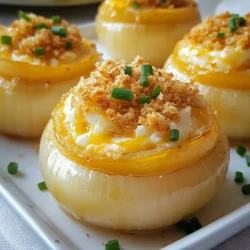 To make Cheesy Tennessee Onions, you will need: - 3 large sweet onions, peeled and sliced into rings - 1 cup shredded sharp cheddar cheese - 1 cup cream cheese, softened - 1/2 cup grated Parmesan cheese - 1 tablespoon garlic powder - 1 tablespoon onion powder - 1 teaspoon smoked paprika - 1/4 teaspoon cayenne pepper (optional for a kick) - Salt and pepper to taste - 1/2 cup breadcrumbs - 2 tablespoons olive oil - Fresh chives, finely chopped (for garnish) Choose sweet onions for the best flavor. They add a nice balance to the cheese. Look for fresh, firm onions. For cheese, use high-quality cheddar and Parmesan. They melt well and enhance the dish’s taste. Fresh cream cheese works best, as it mixes easily. If you can't find sweet onions, yellow onions will work. They are slightly sharper but still tasty. For cheese, feel free to swap cheddar with Monterey Jack or Gouda. If you want a lighter version, use low-fat cream cheese. You can also skip cayenne for no heat. {{ingredient_image_1}} Start by peeling your onions. I like to use three large sweet onions for this recipe. Slice them into rings, about half an inch thick. Once sliced, take two rings and create a 'slip.' This slip will hold all the cheesy goodness. Make sure to separate the rings gently so they don’t break apart. In a big bowl, combine the cream cheese, sharp cheddar cheese, and Parmesan cheese. Add garlic powder, onion powder, smoked paprika, and cayenne pepper if you want some heat. Season this mixture with salt and pepper. Mix it well until it’s smooth. You want it creamy and easy to stuff into the onion slips. Now it’s time to stuff the slips. Use a spoon to fill each slip with the cheesy mixture. Make sure to pack it in well. Place the stuffed onion rings in a greased baking dish, leaving space between them. In a small bowl, mix breadcrumbs with olive oil. Sprinkle this crunchy mix on top of the stuffed onions. Cover the dish with foil and bake in a preheated oven at 375°F for 25 minutes. Remove the foil and bake for another 10-15 minutes. Look for a golden brown top and bubbly cheese. Let them cool a bit, then top with fresh chives for a pop of color. Enjoy! To keep your onions together, choose large, fresh sweet onions. Use a sharp knife when slicing them. Cut the onions into thick rings. This helps the rings hold their shape. When you stuff them, avoid overfilling. If the cheese mixture spills out, it may cause the onion to break apart. For the best melt, use a mix of cheeses. Sharp cheddar and cream cheese work great together. Make sure the cream cheese is softened before mixing. This helps it blend well with the other ingredients. Bake the stuffed onions covered for the first part of the cooking time. This traps steam and makes the cheese gooey. Remove the foil later for a golden brown topping. Serve Cheesy Tennessee Onions with a fresh salad or grilled meats. They pair well with barbecue dishes too. A drizzle of balsamic glaze adds a nice touch. For a kick, sprinkle some extra cayenne pepper on top. You can also garnish with fresh herbs like parsley or basil for extra flavor. Pro Tips Use Fresh Onions: Fresh sweet onions will have the best flavor and texture. Avoid using old or sprouting onions for the best results. Customize the Cheese: Feel free to experiment with different cheeses like Gouda or Monterey Jack for a unique flavor profile. Adjust the Spice Level: If you prefer a milder dish, omit the cayenne pepper or reduce the amount to suit your taste. Make Ahead: You can prepare the stuffed onion rings a few hours in advance and store them in the refrigerator until you're ready to bake. {{image_2}} You can make Cheesy Tennessee Onions even better by trying new cheeses. While sharp cheddar is great, consider using gouda or Monterey Jack for a creamier texture. You can also try blue cheese for a bold flavor. Mixing different cheeses can add depth to the dish. Just remember to keep the total amount of cheese the same. Herbs can bring a fresh taste to your Cheesy Tennessee Onions. Chopped fresh parsley or basil can lighten the dish. You could also use thyme or rosemary for a more earthy flavor. Just sprinkle the herbs into the cheesy mix before stuffing the onions. Taste as you go to find the right balance. Want to turn your Cheesy Tennessee Onions into a full meal? Add some vegetables! Spinach or mushrooms can work well. Just sauté them first to soften them up. Mix them in with the cheese before you stuff the onions. This will add nutrition and flavor to your dish, making it heartier and more satisfying. To keep your Cheesy Tennessee Onions fresh, place leftovers in an airtight container. Make sure they cool down to room temperature before sealing. Store them in the fridge, where they can last up to three days. If you want to keep them longer, consider freezing. When reheating, the oven works best. Preheat it to 350°F (175°C). Place the leftover onions in an oven-safe dish. Cover with foil to keep moisture in, and heat for about 15-20 minutes. Check them halfway through to see if they need more time. This method helps keep the cheese gooey and the onions soft. To freeze, first, let the Cheesy Tennessee Onions cool completely. Wrap each stuffed onion tightly in plastic wrap. Then, place them in a freezer-safe bag or container. They can last up to three months in the freezer. When ready to enjoy, thaw overnight in the fridge. Reheat in the oven for the best taste and texture. Cheesy Tennessee Onions are a tasty dish made with sweet onions and cheese. They feature layers of soft, sweet onions stuffed with a rich cheese filling. I mix cream cheese, sharp cheddar, and Parmesan with spices to create a creamy and flavorful blend. The onions cook until tender, and the cheese gets bubbly and golden. This dish is great as a side or a fun appetizer. Yes, you can prepare Cheesy Tennessee Onions ahead of time. Simply follow the recipe up to the baking step. Once you stuff the onions, cover the dish with plastic wrap and place it in the fridge. You can store them for up to 24 hours. When you’re ready to bake, remove the wrap and add a few extra minutes to the cooking time. This makes it easy to serve at parties or gatherings. Cheesy Tennessee Onions are mild in spice. The recipe includes cayenne pepper, but it is optional. If you skip it, you’ll have a creamy, cheesy dish. If you want a little heat, add a small amount of cayenne. The smoked paprika adds a nice flavor without much spice. You can adjust the spices to fit your taste. Cheesy Tennessee Onions are simple and fun to make. We covered all the key steps—from choosing fresh ingredients to mixing the cheesy filling. The tips ensure your onions stay firm and the cheese melts perfectly. You can even add your favorite herbs or veggies for more flavor. Enjoy these tasty bites fresh, stored, or reheated. With this guide, you can make a dish that will impress everyone. Get ready to share your delicious creation!
