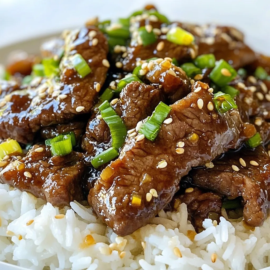 - 1 lb flank steak, thinly sliced - 1/2 cup cornstarch - 1/4 cup vegetable oil (for frying) - 3 green onions, chopped into 2-inch pieces - 3 cloves garlic, minced - 1 tablespoon fresh ginger, minced - 1/2 cup soy sauce (low sodium) - 1/4 cup brown sugar - 1 tablespoon rice vinegar - 1 tablespoon sesame oil - 1/2 teaspoon red pepper flakes (adjust for spice preference) - Sesame seeds (for garnish) Choosing great ingredients makes a big difference. Fresh flank steak gives the best flavor and texture. Look for meat that is bright red and firm. This ensures a tender chew. Using low sodium soy sauce is key. It balances the salt and sweetness in the dish. The brown sugar adds a nice caramel note. Together, they create a rich, savory sauce that coats the beef perfectly. This combination enhances every bite. When you make Crispy Mongolian Beef, focus on freshness. Quality ingredients lead to a flavor explosion. You will notice the difference in taste and texture. {{ingredient_image_1}} To start, I slice the flank steak thinly against the grain. This step is key for tenderness. When you cut against the grain, the meat fibers break. This makes each bite softer. Use a sharp knife for clean cuts. Aim for uniform thickness. This helps the beef cook evenly. Thicker pieces will take longer to cook, while thinner ones may burn. Next, I focus on coating the beef with cornstarch. I place the sliced beef in a bowl. Then, I sprinkle the cornstarch over it. Toss the meat well until it is fully coated. This will give the beef that crispy texture we want. Make sure to avoid clumping. If clumps form, break them apart. Clumps will not fry well and will lead to uneven crispiness. Now, it's time to heat the oil. I use a large skillet or wok for this. I heat the vegetable oil over medium-high heat. It should shimmer but not smoke. Once the oil is hot, I add the beef slices in batches. Do not overcrowd the pan. Crowding lowers the oil temperature and leads to soggy beef. I fry each batch for about 2-3 minutes per side. The beef should be golden and crispy. After frying, I remove it and let it drain on paper towels. This step keeps it crispy! To make your beef crispy, use a few key frying techniques. First, coat your flank steak with cornstarch. This gives a great crunch. Next, heat your oil until it's hot. This helps the beef fry quickly and evenly. Fry small batches at a time. If you overcrowd the pan, the beef will steam instead of fry. Factors affecting the crispiness of the beef include the oil temperature and the thickness of your beef slices. Thin slices fry faster and get crispier. If the oil is too cool, the beef will absorb more oil. This makes it soggy instead of crispy. To adjust the sweetness or spiciness of your dish, play with the brown sugar or red pepper flakes. Add more brown sugar for a sweeter sauce. If you like heat, increase the red pepper flakes. Start small and taste as you go. Balancing flavors in the sauce is key. The soy sauce gives saltiness, while the rice vinegar adds tang. These flavors work together well. If the sauce is too salty, add more sugar or vinegar. Taste your sauce before mixing it with the beef for the best results. Pro Tips Slice Against the Grain: For the most tender beef, always slice flank steak against the grain. This shortens the muscle fibers, making each bite easier to chew. Use Cornstarch for Crispiness: Coating the beef in cornstarch before frying creates a crunchy exterior. Make sure each piece is evenly coated for best results. Control the Heat: Maintain a medium-high heat while frying. If the oil is too hot, the beef will burn; too low, and it will become soggy. Monitor the temperature closely. Customize the Sauce: Feel free to adjust the sweetness and spice levels in the sauce by varying the brown sugar and red pepper flakes to suit your taste preferences. {{image_2}} You can swap flank steak for chicken or tofu. For chicken, use boneless, skinless thighs or breasts. Slice them thin, just like the beef. Tofu works well too! Choose firm or extra-firm tofu for the best texture. Press it to remove moisture, then slice it thin. Adjust the cooking time slightly. Chicken cooks faster, while tofu may need a few extra minutes to crisp up. Crispy Mongolian Beef shines next to rice. Jasmine rice is a perfect match. You can also serve it with fried rice for extra flavor. Consider adding steamed broccoli or green beans for color. Garnish with more green onions and sesame seeds for a pop of flavor. Want to get fancy? Try serving it in lettuce cups! It adds crunch and freshness, making it a fun option. To keep your Crispy Mongolian Beef fresh, start with proper cooling. Let it cool down to room temperature. Once cooled, place it in an airtight container. This helps keep the flavors locked in. Store it in the fridge for up to three days. If you want to keep it longer, freeze it. Use a freezer-safe container or bag. Frozen beef can last for up to three months. When you want to enjoy it again, just thaw it in the fridge overnight. When reheating Crispy Mongolian Beef, we want to keep that crunch. The best way is to use an air fryer or oven. Preheat your air fryer or oven to 375°F (190°C). Place the beef in a single layer on a baking sheet. Heat it for about 5-7 minutes. This will help restore the crispiness. Avoid using the microwave for reheating. It tends to make the beef soggy. If you must use a microwave, place a paper towel over the beef. This can help absorb some moisture, but it won’t be as crispy. Mongolian Beef is a popular dish that hails from Chinese-American cuisine. It features tender beef, usually flank steak, coated in a crispy layer. The dish is known for its sweet and savory sauce, made with soy sauce and brown sugar. Many love this dish for its bold flavors and satisfying crunch. It has gained fame in restaurants, making it a go-to choice for many diners. Yes, you can prepare some parts ahead of time. Slice the beef and coat it with cornstarch earlier in the day. Store it in the fridge until you’re ready to fry. For the sauce, you can mix the ingredients and keep them in an airtight container. Just remember to fry the beef fresh for that perfect crispiness. If you don’t have cornstarch, you can use flour or potato starch. Both will give a crispy coating. Just remember that the texture might be slightly different. You can also try using rice flour, which adds a nice crunch. Each option can still give you that tasty, crispy finish you desire. In this post, we explored how to make Crispy Mongolian Beef. We covered important ingredients, like quality flank steak and cornstarch. You learned step-by-step instructions, tips for crispiness, and serving ideas. Remember, fresh ingredients make a big difference. Try different proteins or enhance the flavors as you like. With the right techniques, you can enjoy great meals at home. Now, it's time to cook and share this delicious dish!