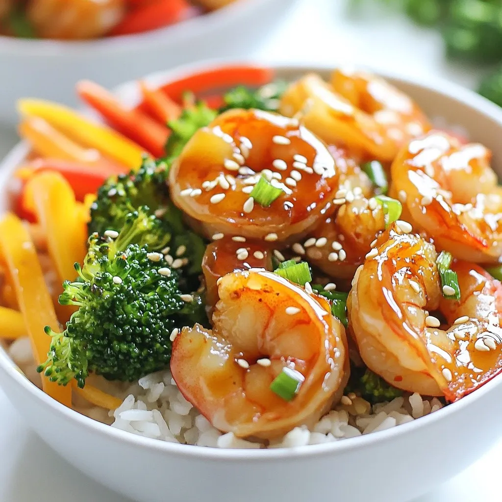 - 1 pound shrimp, peeled and deveined - 1/4 cup honey - 1/4 cup soy sauce (low sodium preferred) - 4 cloves garlic, minced - 1 teaspoon fresh ginger, grated - 2 cups broccoli florets - 1 bell pepper, sliced (any color) - 1 carrot, julienned Shrimp is the star of this dish. Use fresh or frozen shrimp for best results. Honey and soy sauce create a sweet and salty mix. Together with garlic and ginger, they boost the shrimp's flavor. Fresh vegetables add crunch and color. Broccoli, bell pepper, and carrot give a nice balance of taste and nutrition. - Sesame seeds for garnish - Green onions, chopped for garnish Garnishes make your dish pop! Sesame seeds add a nutty crunch. Green onions bring a fresh bite. These simple touches elevate your meal's look and flavor. - 2 tablespoons olive oil - 1 cup jasmine rice Olive oil helps cook the shrimp and veggies. It adds richness without overpowering. Jasmine rice serves as a fluffy base for the bowl. This fragrant rice pairs well with the sweet and savory sauce. {{ingredient_image_1}} - Rinse and Measure: First, rinse 1 cup of jasmine rice under cold water. Keep rinsing until the water is clear. This step helps remove excess starch and keeps the rice fluffy. - Boil and Simmer: In a medium pot, combine the rinsed rice with 2 cups of water. Bring it to a boil. Once boiling, lower the heat, cover, and let it simmer for 15 minutes. When the water absorbs, remove it from heat and let it sit for 5 more minutes. Fluff your rice with a fork before serving. - Mixing the Marinade: Grab a large bowl. Combine 1/4 cup of honey, 1/4 cup of low-sodium soy sauce, 4 minced garlic cloves, and 1 teaspoon of grated fresh ginger. This mix gives your shrimp a sweet and savory flavor. - Tossing the Shrimp: Add 1 pound of peeled and deveined shrimp to the bowl. Toss the shrimp well to coat them in the marinade. Let them sit for 15 minutes while you prepare the vegetables. - Heating the Skillet: Use a large skillet or wok. Heat 1 tablespoon of olive oil over medium-high heat. This helps cook the veggies quickly. - Stir-Frying Process: Add 2 cups of broccoli florets, 1 sliced bell pepper, and 1 julienned carrot to the hot skillet. Stir-fry these for about 5-7 minutes. You want them tender but still crisp. Season lightly with salt and pepper. Once done, remove them from the skillet and set aside. - Adding the Marinade: In the same skillet, add another tablespoon of olive oil. Once hot, place the marinated shrimp, along with the marinade, into the skillet. - Checking for Doneness: Cook the shrimp for 3-5 minutes. Stir occasionally. Look for them to turn pink and curl up. This means they are fully cooked. - Rice Base: Divide the fluffy jasmine rice into serving bowls. This will be your base. - Topping with Shrimp and Vegetables: On top of the rice, add the sautéed vegetables first. Then, pile on a generous serving of the honey garlic shrimp. Drizzle any leftover sauce from the skillet over the top for extra flavor. - Adding Garnishes: Sprinkle sesame seeds and chopped green onions over each bowl. This adds a nice crunch and flavor boost. - Serving Suggestions: Serve your honey garlic shrimp bowls warm. They make a perfect meal for lunch or dinner. Enjoy! Choosing the Right Shrimp Size The size of shrimp matters. For this dish, I recommend using medium to large shrimp. They cook evenly and stay juicy. Look for shrimp labeled as 21/25 or 16/20. This means there are 21 to 25 or 16 to 20 shrimp per pound. Avoiding Overcooking Shrimp cook fast. Keep an eye on them! When they turn pink and curl, they’re done. This takes about 3 to 5 minutes. Overcooked shrimp become tough and rubbery. Trust me, you want them tender. Adding Spices While the honey and garlic shine, spices bring extra flair. Try adding a pinch of red pepper flakes for heat. You can also use black pepper or a dash of smoked paprika. These spices will enhance the depth of flavor. Adjusting Sauce Levels Feel free to tweak the marinade. If you like it sweeter, add more honey. For a saltier taste, increase the soy sauce. Just be careful not to overpower the dish. Balance is key to a delicious meal. Water Ratio Tips Getting rice right is vital. For jasmine rice, use a 1:2 ratio of rice to water. This means one cup of rice needs two cups of water. Rinsing the rice helps remove excess starch. This prevents it from being sticky. Resting Technique After cooking, let the rice sit for 5 minutes. This helps it firm up. Fluff it with a fork before serving. This makes it light and fluffy, which is perfect for your shrimp bowl. Pro Tips Freshness Matters: Use fresh shrimp for the best flavor and texture. Frozen shrimp can work, but ensure they are fully thawed before cooking. Marinating Time: For deeper flavor, consider marinating the shrimp for a longer period, up to 30 minutes, but no more than 1 hour to avoid the shrimp becoming mushy. Veggie Varieties: Feel free to mix and match vegetables based on your preference or what you have on hand. Snap peas, zucchini, or asparagus make excellent additions. Sauce Control: If you prefer a thicker sauce, allow it to simmer for a few extra minutes after cooking the shrimp, stirring constantly to avoid burning. {{image_2}} Chicken Alternatives If you want a change, use chicken instead of shrimp. Chicken thighs or breasts work well. Cut the chicken into bite-sized pieces. Marinate them the same way as the shrimp. Then, cook them until they reach a safe temperature. Tofu Option For a vegetarian twist, try tofu. Use firm tofu for the best texture. Press it to remove excess water, then cut it into cubes. Marinate the tofu like the shrimp. Cook it in the skillet until golden. Seasonal Vegetables Mix it up with seasonal veggies. Asparagus, snap peas, or zucchini can add a fresh touch. Just cut them to size and follow the same stir-fry steps. Colorful Combinations Get creative with colors! Use red, yellow, or green bell peppers. Add snap peas or baby corn for crunch. The more colors, the more fun your bowl looks! Adding Heat with Sriracha Want a kick? Add Sriracha to the marinade. Start with a teaspoon and adjust to taste. This adds a spicy layer to your dish. Teriyaki or Hoisin Sauce Variation Switch up the sauce with teriyaki or hoisin. Both add a sweet and savory flavor. Just replace the honey and soy sauce with one of these. Your bowls will taste different and delicious! - Duration for Storage: You can keep your honey garlic shrimp bowls in the fridge for about 3 days. - Best Containers: Use airtight containers to keep your meal fresh. Glass or plastic containers work well. - How to Freeze Portions: To freeze, place the shrimp and veggies in freezer-safe bags. Remove as much air as you can before sealing. - Thawing Method: Thaw frozen bowls overnight in the fridge before reheating. This helps keep the shrimp moist. - Best Methods for Reheating: The best way to reheat is in a skillet over low heat. You can also microwave it in short bursts. - Maintaining Flavor and Texture: Add a splash of water or broth while reheating to keep the shrimp and veggies juicy. Yes, you can use frozen shrimp. Just make sure to thaw them first. To thaw, place the shrimp in a bowl of cold water for about 15 to 20 minutes. Change the water if it gets too warm. Once thawed, peel and devein them if needed. They will taste just as good as fresh shrimp. I suggest jasmine rice for this dish. It has a nice aroma and fluffy texture. If you don't have jasmine rice, you can use basmati or brown rice. Both options work well and add a unique flavor to your bowl. You can swap some ingredients to make it lighter. Use less honey or a sugar substitute. You can also replace olive oil with a cooking spray for less fat. Adding more veggies, like spinach or snap peas, boosts nutrition without many calories. Absolutely! You can prepare the sauce in advance and store it in the fridge. Just mix honey, soy sauce, garlic, and ginger in a jar. Keep it sealed for up to a week. It saves time when you're ready to cook. Yes, this recipe is great for meal prep! You can cook everything in advance, then divide it into containers. Store in the fridge for up to four days. Just reheat in the microwave before serving. Enjoy a tasty meal on busy days! This recipe combines shrimp, fresh veggies, and a tasty sauce. You learned how to cook the rice and marinate the shrimp for great flavor. Cooking tips help you avoid common mistakes. You can even customize it with different proteins and veggies. With the right storage and reheating methods, enjoy your dishes later. Remember, you can make this meal your own. Happy cooking!