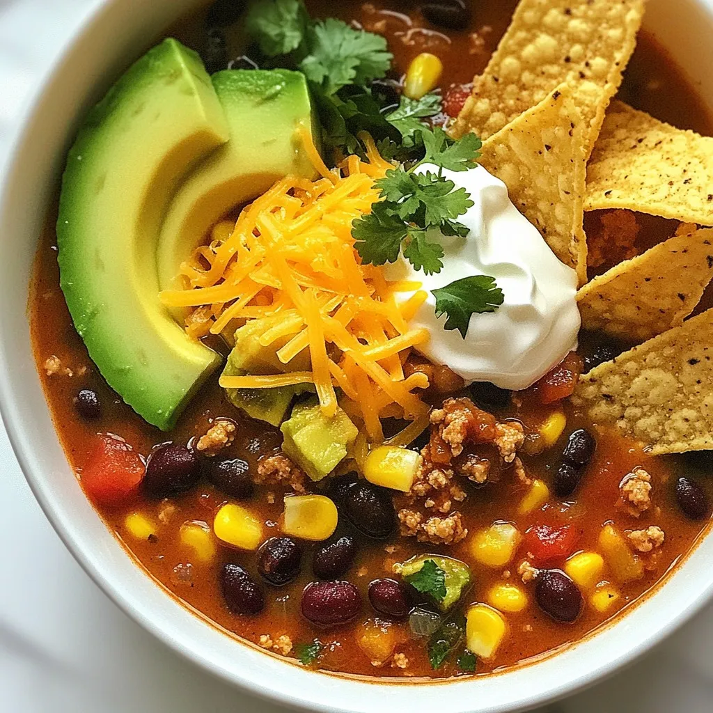 To make your easy taco soup, gather the following items: - 1 pound ground turkey or beef - 1 medium onion, diced - 2 cloves garlic, minced - 1 can (15 oz) black beans, drained and rinsed - 1 can (15 oz) kidney beans, drained and rinsed - 1 can (15 oz) corn, drained - 1 can (28 oz) diced tomatoes (with green chilies for some heat) - 2 cups chicken or vegetable broth - 1 packet taco seasoning - 1 teaspoon cumin - Salt and pepper to taste - 1 tablespoon olive oil You can make your taco soup even better with these toppings: - Shredded cheese - Sour cream - Chopped cilantro - Avocado - Tortilla chips These toppings add flavor and texture. They make each bowl feel special. You can mix and match as you like, making your soup unique every time. {{ingredient_image_1}} 1. Start by gathering all your ingredients. You need ground turkey or beef, onion, garlic, black beans, kidney beans, corn, diced tomatoes, broth, taco seasoning, cumin, and olive oil. 2. Dice the onion into small pieces. Mince the garlic cloves. This will add great flavor to your soup. 3. Drain and rinse the black beans and kidney beans. This helps reduce sodium and improves taste. 1. In a large pot, heat the olive oil over medium heat. Add the diced onion and cook for 3-4 minutes. The onion should look clear. 2. Add the minced garlic to the pot. Cook for one more minute until you smell the garlic. 3. Now, add in the ground turkey or beef. Break it up with a spatula as it cooks. This takes about 5-7 minutes. Drain any excess fat if needed. 4. Sprinkle in the taco seasoning and cumin. Stir well so the meat is fully coated. 5. Pour in the diced tomatoes, black beans, kidney beans, corn, and broth. Mix everything together well. 6. Turn up the heat and bring the soup to a boil. Then, lower the heat and let it simmer for 15-20 minutes. Stir occasionally to prevent sticking. 1. Before serving, taste the soup. Add salt and pepper as needed. This step is key for flavor. 2. Serve the soup hot in bowls. You can add your favorite toppings like cheese, sour cream, cilantro, avocado, or tortilla chips. 3. Enjoy your warm, tasty taco soup with friends or family! To make your taco soup even better, add fresh lime juice. A squeeze of lime brightens the dish. You can also toss in some fresh cilantro for a burst of herbal taste. If you like heat, use jalapeños or hot sauce. For a smoky flavor, try adding chipotle powder or smoked paprika. This adds depth and makes each bite exciting. One common mistake is not draining the beans. If you skip this, your soup may become too watery. Another error is not browning the meat enough. Proper browning adds a nice depth of flavor. Avoid using low-quality canned tomatoes; they can ruin your dish. Always taste and adjust your seasoning for the best result. Serve your taco soup hot in bowls. Top it with shredded cheese and a dollop of sour cream. Add some sliced avocado for creaminess and crunch. Crumbled tortilla chips give a nice crunch, too. For a fun twist, offer taco-themed sides like cornbread or a fresh salad. Enjoying this cozy meal with friends makes it even better! Pro Tips Enhance the Flavor: Consider adding a splash of lime juice or some chopped jalapeños for extra zest and heat. Make it Vegetarian: Substitute the meat with textured vegetable protein (TVP) or lentils for a delicious vegetarian version. Thicken the Soup: For a thicker consistency, mash some of the beans before adding them to the pot or add a tablespoon of cornmeal. Meal Prep Friendly: This soup freezes well! Store leftovers in airtight containers for a quick meal later. {{image_2}} If you want a meatless option, I love making vegetarian taco soup. Simply swap out the ground turkey or beef for one can of lentils or extra beans. You can use black beans, kidney beans, or chickpeas for protein. Add in more veggies like bell peppers, zucchini, or corn to boost the flavor. The taco seasoning still works great. This soup stays hearty and filling without meat! For a kick, I often make spicy taco soup. You can add diced jalapeños or use spicy diced tomatoes. If you want more heat, add hot sauce or a pinch of cayenne pepper. You can also mix in some chipotle peppers in adobo sauce for smokiness. This version warms you up and gives your taste buds a thrill! When I’m busy, I love the slow cooker version. Just brown the meat and onions first. Then, add everything to the slow cooker. Pour in the broth, beans, tomatoes, and spices. Cook it on low for 6-8 hours or high for 3-4 hours. This method lets the flavors meld perfectly. Plus, it’s a great way to have dinner ready when you are! To keep your taco soup fresh, let it cool first. Place it in a sealed container. Make sure to store it in the fridge. It will last for about 3 to 4 days. If you want to keep it longer, consider freezing it. Reheat your taco soup on the stove or in the microwave. For the stove, pour it into a pot. Heat it over medium until warm, stirring often. If using the microwave, place it in a bowl. Heat it in short bursts, stirring in between. This keeps it from overheating. You can freeze taco soup for up to 3 months. Use a freezer-safe container or bag. Leave some space at the top for expansion. When you want to eat it, thaw it overnight in the fridge. Then, reheat it as mentioned above. This way, you enjoy a warm meal anytime! Yes, you can make taco soup ahead of time. I often do this for busy days. Just prepare the soup, let it cool, and store it in an airtight container. It stays fresh in the fridge for about three days. When you're ready, just heat it up on the stove or in the microwave. The flavors often taste even better after a day in the fridge. Absolutely! Taco soup freezes well. After cooking, let it cool completely. Then, place it in a freezer-safe container. It can stay in the freezer for about three months. When you want to eat it, thaw it overnight in the fridge. Then, reheat it on the stove. You may need to add a little broth if it thickens too much. You can use many options if you want to skip ground meat. Some great choices are lentils, mushrooms, or chopped vegetables. These give a nice texture and flavor. If you want a protein boost, try adding beans or tofu. You can even use veggie crumbles for a meat-like texture. Just adjust the seasoning to match your taste! In this post, we covered tasty taco soup, from ingredients to storage tips. You learned how to prep, cook, and add flavor. I shared variations like vegetarian and slow cooker options. Remember to store leftovers well for future meals. Avoid common mistakes for the best taste. Taco soup can fit every diet and mood. With these steps and tips, you can make a delicious taco soup. Enjoy creating your own version and make it fun!