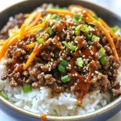 - 1 lb ground beef - 4 cloves garlic, minced - 1 inch piece of ginger, grated - 1/4 cup soy sauce - 2 tablespoons brown sugar - 1 tablespoon sesame oil - 1 teaspoon red pepper flakes (adjust to taste) - 4 green onions, chopped (white and green parts separated) - 1 cup shredded carrots - 1 cup cooked rice (white or brown) - Sesame seeds for garnish - Sriracha sauce for serving (optional) To make Korean Ground Beef Bowls, you need simple yet flavorful ingredients. First, ground beef is the star here. It cooks quickly and absorbs all the tasty flavors. Next, garlic and ginger add depth and aroma. Their freshness is key to a vibrant dish. For the sauces, soy sauce brings saltiness. Brown sugar balances it with sweetness. Sesame oil adds a nutty taste, making the dish rich. Red pepper flakes let you control the heat, giving it a nice kick. The vegetables are just as important. Chopped green onions add crunch and color. Shredded carrots bring a slight sweetness and texture. They make each bite more exciting. Lastly, consider garnishes. Sesame seeds add a nutty crunch. Sriracha sauce can give extra heat if you like spice. Each ingredient plays a role in creating a tasty and colorful meal. {{ingredient_image_1}} Start by heating sesame oil in a large skillet over medium-high heat. This oil gives your dish a nice nutty flavor. Next, add minced garlic and grated ginger to the skillet. Sauté them for about one minute. You want to smell their wonderful aroma. Fresh garlic and ginger are key to making this dish flavorful. They bring brightness and depth to the beef. Now it's time to cook the ground beef. Add it to the skillet and break it apart with a spatula. Cook the meat until it turns brown, about five to seven minutes. Make sure to stir it for even cooking. This step is important to ensure that every bite is juicy and tasty. Once browned, drain any extra fat from the skillet. After cooking the beef, it’s time to add flavor. Pour in soy sauce, brown sugar, and red pepper flakes. Stir well until the sugar dissolves and coats the beef. Cook for another two to three minutes. Now, stir in shredded carrots and the white parts of the green onions. Cook for two more minutes. The carrots will soften, adding a nice crunch. Serve this savory mixture over cooked rice. Finally, garnish with the green onion tops and sesame seeds. For some heat, add Sriracha sauce if you like. Enjoy your Korean ground beef bowls! To get the best flavor in your Korean ground beef bowls, always use fresh ingredients. Fresh garlic and ginger will make your dish pop. Start by heating sesame oil in a skillet. This oil adds a nutty taste. Sauté the garlic and ginger until fragrant. This step brings out their flavors. When cooking the beef, break it apart as it cooks. This helps it brown evenly. Cook it for about 5-7 minutes until it's fully browned. Remember to drain any excess fat. This keeps your dish light and tasty. After that, mix in soy sauce, brown sugar, and red pepper flakes. Stir until the sugar dissolves. Cook it for a few minutes to let the flavors meld. For rice, you can use white or brown rice. Both pair well with the beef mixture. If you want a healthier choice, brown rice has more fiber. You can also try cauliflower rice for a low-carb option. For side dishes, think about serving pickled vegetables. They add crunch and a tangy taste. You can also serve a simple cucumber salad. It brightens up the meal and adds freshness. To make your bowls stand out, focus on garnishes. Use chopped green onions for a burst of color and flavor. Sprinkle sesame seeds on top for a lovely crunch. If you like heat, add a drizzle of Sriracha. It gives a spicy kick that many enjoy. For more texture, consider adding crushed peanuts or crispy shallots. These toppings enhance the dish and make it fun to eat. Pro Tips Use Fresh Ingredients: Fresh garlic and ginger will elevate the flavor of your dish significantly. Try to use freshly minced garlic and freshly grated ginger for the best results. Adjust the Spice Level: The amount of red pepper flakes can be adjusted according to your heat preference. Start with less and add more if you want a spicier kick. Serve with Toppings: Garnishing with chopped green onions and sesame seeds adds a nice crunch and visual appeal to your dish. Don't skip this step! Meal Prep Friendly: This recipe is great for meal prep! Cook a larger batch and store in the fridge for quick lunches or dinners throughout the week. {{image_2}} If you want to change the beef, you have options. Ground turkey works well and is leaner. Tofu is a great choice for a vegetarian meal. Just crumble it to mimic the beef texture. For those who need gluten-free meals, use tamari instead of soy sauce. This keeps the same great taste without the gluten. Want to change the heat? Red pepper flakes are your friend. You can add more for a spicy kick or less for a milder dish. Feel free to toss in different vegetables too. Bell peppers, snap peas, or broccoli can add color and crunch. Each choice gives a new twist to the meal. If you are watching carbs, this dish can fit your needs. Swap out the rice for cauliflower rice for a low-carb option. You can also skip the sugar to make it keto-friendly. This way, you enjoy all the flavors without the carbs. To keep your Korean ground beef bowls fresh, store them in an airtight container. This helps seal in flavor and moisture. Make sure to cool the dish to room temperature before sealing. In the fridge, leftovers can last for up to three days. If you want to save them longer, consider freezing portions. When it’s time to enjoy leftovers, the best way to reheat is on the stove. Place the beef mixture in a skillet over medium heat. Stir occasionally until it’s hot throughout. This method keeps the flavors intact. You can also use the microwave if you're short on time. Just cover it loosely to avoid drying out. For freezing, portion the beef mixture into freezer bags. Lay them flat to save space. They can last up to three months in the freezer. To reheat, thaw in the fridge overnight before using the stovetop or microwave. This way, you won’t lose any taste or texture. Korean Ground Beef Bowls have roots in traditional Korean dishes. Ground beef is a staple in many Korean meals. It's quick to cook and absorbs flavors well. This dish reflects the Korean love for savory and sweet combos. The use of soy sauce and sesame oil adds depth. It represents family meals, where everyone gathers to share. Yes, you can make Korean Ground Beef Bowls ahead of time! Cook the beef and veggies, then store them in the fridge. They stay fresh for about three days. For easy meals, pack them in containers. Just reheat when you are ready to eat. If you want, you can freeze the beef mixture too. It keeps well for about three months. You can serve Korean Ground Beef Bowls with many sides! Here are some great ideas: - Steamed broccoli for a healthy touch - Kimchi for a spicy kick - Cucumber salad for refreshing crunch - Pickled radishes to balance flavors These sides make your meal more colorful and tasty. Enjoy mixing and matching! This article covers how to make Korean Ground Beef Bowls. You learned about the key ingredients, like ground beef and fresh aromatics. I shared step-by-step instructions for cooking the beef and blending flavors. You also found tips on serving, garnishing, and making variations to fit your needs. In closing, this dish is easy to make and full of flavor. I hope you feel inspired to give it a try and customize it your way. Enjoy your cooking!