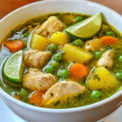 For a tasty Peruvian Chicken Aguadito, you will need the following ingredients: - 2 boneless, skinless chicken breasts, cut into bite-sized pieces - 1 cup cilantro leaves, packed - 1 cup green peas (fresh or frozen) - 1 medium onion, finely chopped - 3 cloves garlic, minced - 1 medium green bell pepper, chopped - 1 medium carrot, diced - 1 medium potato, diced - 6 cups chicken broth - 1 teaspoon ground cumin - 1 teaspoon turmeric powder - 2 tablespoons vegetable oil - Salt and pepper to taste - 1 lime, cut into wedges for serving Each ingredient plays a vital role in creating the warm, comforting flavors of aguadito. The chicken gives protein and heartiness, while the vegetable mix adds texture and nutrition. Fresh cilantro brings a bright flavor, and spices like cumin and turmeric create depth. The broth acts as the base, melding all the ingredients together. You can adjust the amounts based on your needs. Want more greens? Add more peas! Prefer a spicier kick? Toss in some chili. The beauty of this dish lies in its versatility. You can create a unique version that suits your taste. {{ingredient_image_1}} To start, you need to blend the cilantro and garlic. This mix brings a fresh taste to the dish. In a blender, add one cup of cilantro leaves, three cloves of garlic, and one cup of chicken broth. Blend until smooth and set aside. Next, sauté the vegetables in a large pot. Heat two tablespoons of vegetable oil over medium heat. Add one chopped onion and one chopped green bell pepper. Cook for about five minutes until the onion is soft and clear. Then, stir in one diced carrot and one diced potato. Cook for another three minutes to soften them. Now, it’s time to brown the chicken pieces. Add two boneless, skinless chicken breasts, cut into bite-sized pieces. Cook for about five to seven minutes until the chicken is lightly browned. This step adds flavor and color to your dish. After browning the chicken, you will add spices and seasoning. Sprinkle in one teaspoon of ground cumin and one teaspoon of turmeric. Then, season with salt and pepper to taste. Mix everything well to coat the chicken and vegetables. For the last steps, combine the broth and simmer. Pour in the remaining five cups of chicken broth. Bring the mixture to a gentle simmer. This allows the flavors to meld together. Next, add the cilantro mixture and one cup of green peas. Stir everything to combine. Let it simmer for about 20 to 25 minutes. This will ensure the chicken and vegetables are cooked through and tender. Adjust the seasoning if needed. Serve your aguadito hot, garnished with lime wedges on the side. Squeeze lime over the dish for a bright finish. Enjoy this tasty and warm comfort dish! - Fresh herbs vs. dried herbs: Use fresh cilantro for the best taste. It gives a bright flavor that dried herbs cannot match. Dried herbs can work in a pinch but lack that fresh kick. - Importance of seasoning to taste: Always taste your aguadito as you cook. Seasoning is key. Adjust salt and pepper to your liking. This step makes your dish truly yours. - Proper sautéing methods for vegetables: Start with a hot pan and enough oil. Add onions and bell peppers first. Sauté until soft, about five minutes. This builds a great base flavor for your aguadito. - Ensuring chicken is cooked thoroughly: Cut chicken into bite-sized pieces. Brown the chicken well in the pot. This step seals in juices and enhances flavor. Make sure it reaches an internal temperature of 165°F. - Recommended side dishes: Aguadito pairs well with rice or crusty bread. These sides soak up the tasty broth. You can also serve it with a fresh salad for a light touch. - Best practices for garnishing: Garnish with lime wedges and extra cilantro. A squeeze of lime brightens the dish. It adds a nice touch and makes your aguadito look even more appetizing. Pro Tips Use Fresh Cilantro: Fresh cilantro adds a vibrant flavor to the aguadito. If possible, use freshly picked cilantro for the best taste. Adjust the Spice: If you enjoy a bit of heat, consider adding a chopped jalapeño or a pinch of cayenne pepper to the pot when sautéing the vegetables. Perfect Chicken Texture: Ensure that the chicken is cooked through but still tender by not overcooking it. Aim for a light brown color before adding the broth. Garnish for Flavor: Serve the aguadito with lime wedges on the side. A squeeze of fresh lime juice enhances the flavors beautifully. {{image_2}} You can swap out chicken for other proteins. Turkey works great if you have it. Tofu is a solid choice for a vegetarian twist. When it comes to veggies, feel free to mix it up. Corn adds sweetness, while zucchini gives a nice crunch. You can even toss in some spinach for extra nutrients. Peru has many regions, each with its own twist on aguadito. In coastal areas, you might find fish used instead of chicken. In the Andes, they often add local grains. These variations bring unique flavors to the dish. If you need a gluten-free option, check your chicken broth. Most are gluten-free, but always read labels. For a vegan aguadito, simply use vegetable broth and tofu. This keeps the rich flavors while making it plant-based. Enjoy the comfort of this dish, no matter your diet! To store leftover Aguadito, let it cool before putting it in the fridge. Use an airtight container to keep out air and moisture. This dish stays fresh for about 3 to 4 days in the fridge. If you want to enjoy it later, freezing is a great option. To freeze Aguadito, make sure it’s cool. Pour it into freezer-safe containers, leaving some space at the top. This allows for expansion. You can freeze it for up to 3 months. When you’re ready to eat, thaw it in the fridge overnight. Reheat it on the stove over low heat for best results. To maintain flavor and texture while freezing, avoid adding lime until serving. This keeps the taste fresh. When reheating Aguadito, gently warm it on the stove or in the microwave. Stir it well to heat evenly. If it seems thick, add a splash of chicken broth or water. This refreshes the dish and makes it more enjoyable. For a bright touch, squeeze fresh lime over the top before serving. This adds a burst of flavor and makes the dish feel fresh again. Aguadito de Pollo is a hearty chicken soup. It comes from Peru and is a comfort food. This dish blends chicken, fresh herbs, and vegetables. The bright green color comes from cilantro, which is key to its taste. Aguadito has a rich history in Peruvian culture. Families often enjoy it during celebrations. It brings warmth and joy to any meal. Yes, you can make Aguadito ahead of time. This soup tastes even better the next day. To prepare, cook it fully and let it cool. Store it in an airtight container in the fridge. It will last for about three to four days. You can also freeze it for longer storage. Just remember to thaw it before reheating. To adjust the spice level, think about your tastes. If you like it mild, skip spicy peppers. You can also reduce or remove the cumin. For a spicier kick, add diced jalapeños or chili powder. Start small, then taste as you go. This way, you can control the heat to your liking. This blog post gave you a simple recipe for aguadito de pollo. You learned about key ingredients and how to cook them step by step. Tips for authentic flavor and storage also help you keep your dish fresh. Finally, consider ingredient swaps for a twist. Enjoy experimenting with this comforting soup and make it your own! Your kitchen will thrive with these easy variations and tips.