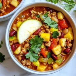 To make Apple Chicken Chili, here’s what you need: - 1 lb ground chicken - 1 medium onion, diced - 3 cloves garlic, minced - 2 medium apples, peeled and diced - 1 can (15 oz) kidney beans, drained and rinsed - 1 can (14.5 oz) diced tomatoes (with juices) - 2 cups chicken broth - 1 tablespoon apple cider vinegar - 2 teaspoons chili powder - 1 teaspoon cumin - 1/2 teaspoon cinnamon - Salt and pepper to taste - 2 tablespoons olive oil - Fresh cilantro or parsley for garnish Using fresh ingredients can enhance the flavor of your chili. Fresh onions, garlic, and apples add a crisp taste. You can also use canned ingredients for quick prep. Canned beans and tomatoes are convenient and save time. When using canned goods, look for low-sodium options to keep it healthy. The type of apple you choose matters. I suggest using Granny Smith or Honeycrisp apples. Granny Smith brings a tart flavor that works well in savory dishes. Honeycrisp adds a sweet and juicy touch, balancing the chili's heat. Feel free to mix both for a complex taste. {{ingredient_image_1}} To start, gather all your ingredients. You need: - 1 lb ground chicken - 1 medium onion, diced - 3 cloves garlic, minced - 2 medium apples, peeled and diced - 1 can (15 oz) kidney beans, drained - 1 can (14.5 oz) diced tomatoes - 2 cups chicken broth - 1 tablespoon apple cider vinegar - 2 teaspoons chili powder - 1 teaspoon cumin - 1/2 teaspoon cinnamon - Salt and pepper to taste - 2 tablespoons olive oil - Fresh cilantro or parsley for garnish Dice the onion and mince the garlic. Peel and dice the apples. Rinse the beans in water. This prep makes cooking easier. Heat olive oil in a large pot over medium heat. Add the diced onion and cook for about 5 minutes. The onion should be soft and clear. Add the minced garlic and cook for 1 more minute. Next, raise the heat to medium-high. Add the ground chicken to the pot. Break it apart with a wooden spoon as it cooks for about 5-7 minutes. Make sure the chicken is no longer pink. Now, stir in the diced apples, chili powder, cumin, cinnamon, salt, and pepper. Cook for another 3 minutes. The apples will soften and mix well with the spices. Pour in the diced tomatoes, kidney beans, chicken broth, and apple cider vinegar. Stir everything together. Bring the mixture to a simmer, then reduce the heat. Cook uncovered for 20-25 minutes. Stir occasionally. This helps the chili thicken. Check the chili's thickness after 20 minutes. If you want it thicker, let it cook longer. Stir and taste. Adjust with more salt or pepper if needed. Cooking times may vary based on your stove and pot size. Keep an eye on it to get the best flavor. To make Apple Chicken Chili really pop, focus on the spices. Use fresh ground spices when possible. They add a great aroma. Toast the spices in the pot before adding other ingredients. This brings out their true flavors. Also, consider adding a splash of lime juice before serving. It brightens the whole dish. One big mistake is overcooking the apples. They should stay soft but not mushy. Add them at the right time to keep some texture. Another common error is not tasting as you cook. Adjust the seasoning to fit your taste. Lastly, don't skip the garnishes. Fresh herbs make a big difference. Use a heavy pot, like a Dutch oven, for even cooking. A good wooden spoon helps break up the chicken well. I also recommend a sharp knife for dicing the apples and onions. Keep a can opener handy for the beans and tomatoes. A measuring spoon ensures you get the spices just right. Pro Tips Use Fresh Apples: For the best flavor, opt for fresh, crisp apples like Granny Smith or Honeycrisp. They add a delightful sweetness and texture to the chili. Adjust Spice Levels: If you prefer a spicier chili, consider adding diced jalapeños or a pinch of cayenne pepper for an extra kick. Let It Sit: Allow the chili to sit for a few minutes after cooking. This helps the flavors meld together, resulting in a more robust taste. Garnish Creatively: Elevate your presentation by garnishing with not only cilantro or parsley but also a dollop of sour cream or Greek yogurt for creaminess. {{image_2}} You can make this chili vegetarian or vegan by swapping the ground chicken. Use 1 cup of cooked lentils or 1 can of black beans. These options add protein and heartiness. Replace the chicken broth with vegetable broth. This keeps the flavor rich while making it plant-based. If you like heat, add more chili powder or a diced jalapeño. You can also use cayenne pepper. Start with a small amount and taste as you go. This way, you can find your perfect spice level. If you prefer milder chili, remove the chili powder altogether. Feel free to mix and match ingredients. Use different beans, like pinto or black beans. You can also try other apple types, like Fuji or Braeburn. If you don't have kidney beans, chickpeas work well too. The goal is to keep it tasty while using what you have on hand. You can store leftover Apple Chicken Chili in an airtight container. Make sure to cool it first. Place the lid on tightly. Store it in the fridge for up to three days. This keeps the flavors fresh. To freeze your chili, use a freezer-safe container. Leave some space at the top for expansion. Seal it well to prevent freezer burn. The chili can last up to three months in the freezer. When you’re ready to eat, just thaw it in the fridge overnight. Reheat the chili on the stove or microwave. For the stovetop, heat over medium until hot, stirring often. If you use a microwave, place it in a microwave-safe bowl. Heat in short bursts, stirring in between. Add a splash of chicken broth if it seems too thick. Enjoy it warm! Apple Chicken Chili is tasty and healthy. One serving has about 300 calories. It has 25g of protein, 10g of carbs, and 15g of fat. The dish is rich in vitamins from apples and beans. Each bowl serves as a good source of fiber too. Yes, you can make Apple Chicken Chili in a slow cooker. Start by browning the ground chicken in a pan. Then, add all the ingredients to your slow cooker. Set it on low for 6-8 hours or high for 3-4 hours. This method makes the flavors blend well. To make more servings, double or triple the recipe. Use 2 lbs of ground chicken and add more beans and tomatoes. Adjust spices carefully; taste as you go. This way, you keep the great flavor while serving more people. You now have a complete guide to making Apple Chicken Chili. We covered ingredients, steps, and tips to enhance flavor. You learned about ingredient options, cooking techniques, and how to store leftovers. In summary, this chili is easy to customize, ensuring everyone can enjoy it. So, grab your ingredients and start cooking today for a warm, delicious meal!