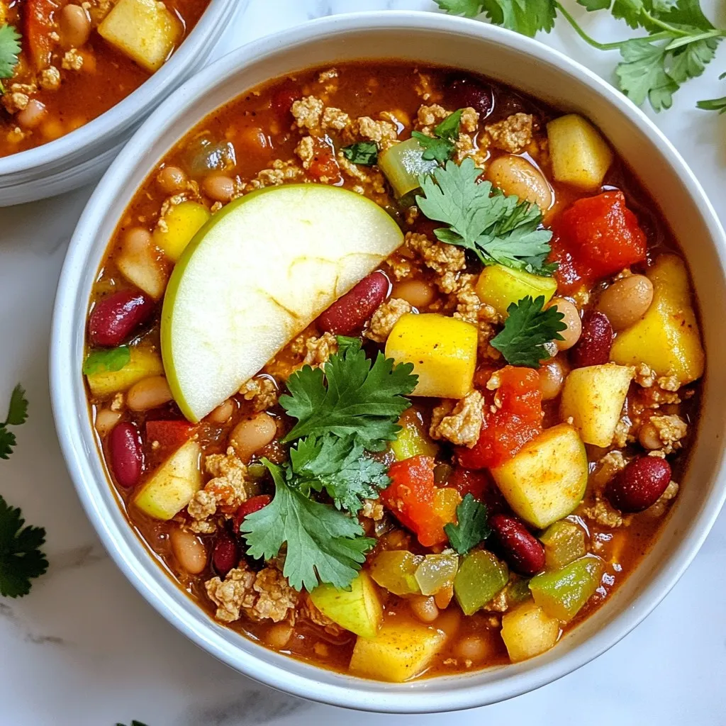 To make Apple Chicken Chili, here’s what you need: - 1 lb ground chicken - 1 medium onion, diced - 3 cloves garlic, minced - 2 medium apples, peeled and diced - 1 can (15 oz) kidney beans, drained and rinsed - 1 can (14.5 oz) diced tomatoes (with juices) - 2 cups chicken broth - 1 tablespoon apple cider vinegar - 2 teaspoons chili powder - 1 teaspoon cumin - 1/2 teaspoon cinnamon - Salt and pepper to taste - 2 tablespoons olive oil - Fresh cilantro or parsley for garnish Using fresh ingredients can enhance the flavor of your chili. Fresh onions, garlic, and apples add a crisp taste. You can also use canned ingredients for quick prep. Canned beans and tomatoes are convenient and save time. When using canned goods, look for low-sodium options to keep it healthy. The type of apple you choose matters. I suggest using Granny Smith or Honeycrisp apples. Granny Smith brings a tart flavor that works well in savory dishes. Honeycrisp adds a sweet and juicy touch, balancing the chili's heat. Feel free to mix both for a complex taste. {{ingredient_image_1}} To start, gather all your ingredients. You need: - 1 lb ground chicken - 1 medium onion, diced - 3 cloves garlic, minced - 2 medium apples, peeled and diced - 1 can (15 oz) kidney beans, drained - 1 can (14.5 oz) diced tomatoes - 2 cups chicken broth - 1 tablespoon apple cider vinegar - 2 teaspoons chili powder - 1 teaspoon cumin - 1/2 teaspoon cinnamon - Salt and pepper to taste - 2 tablespoons olive oil - Fresh cilantro or parsley for garnish Dice the onion and mince the garlic. Peel and dice the apples. Rinse the beans in water. This prep makes cooking easier. Heat olive oil in a large pot over medium heat. Add the diced onion and cook for about 5 minutes. The onion should be soft and clear. Add the minced garlic and cook for 1 more minute. Next, raise the heat to medium-high. Add the ground chicken to the pot. Break it apart with a wooden spoon as it cooks for about 5-7 minutes. Make sure the chicken is no longer pink. Now, stir in the diced apples, chili powder, cumin, cinnamon, salt, and pepper. Cook for another 3 minutes. The apples will soften and mix well with the spices. Pour in the diced tomatoes, kidney beans, chicken broth, and apple cider vinegar. Stir everything together. Bring the mixture to a simmer, then reduce the heat. Cook uncovered for 20-25 minutes. Stir occasionally. This helps the chili thicken. Check the chili's thickness after 20 minutes. If you want it thicker, let it cook longer. Stir and taste. Adjust with more salt or pepper if needed. Cooking times may vary based on your stove and pot size. Keep an eye on it to get the best flavor. To make Apple Chicken Chili really pop, focus on the spices. Use fresh ground spices when possible. They add a great aroma. Toast the spices in the pot before adding other ingredients. This brings out their true flavors. Also, consider adding a splash of lime juice before serving. It brightens the whole dish. One big mistake is overcooking the apples. They should stay soft but not mushy. Add them at the right time to keep some texture. Another common error is not tasting as you cook. Adjust the seasoning to fit your taste. Lastly, don't skip the garnishes. Fresh herbs make a big difference. Use a heavy pot, like a Dutch oven, for even cooking. A good wooden spoon helps break up the chicken well. I also recommend a sharp knife for dicing the apples and onions. Keep a can opener handy for the beans and tomatoes. A measuring spoon ensures you get the spices just right. Pro Tips Use Fresh Apples: For the best flavor, opt for fresh, crisp apples like Granny Smith or Honeycrisp. They add a delightful sweetness and texture to the chili. Adjust Spice Levels: If you prefer a spicier chili, consider adding diced jalapeños or a pinch of cayenne pepper for an extra kick. Let It Sit: Allow the chili to sit for a few minutes after cooking. This helps the flavors meld together, resulting in a more robust taste. Garnish Creatively: Elevate your presentation by garnishing with not only cilantro or parsley but also a dollop of sour cream or Greek yogurt for creaminess. {{image_2}} You can make this chili vegetarian or vegan by swapping the ground chicken. Use 1 cup of cooked lentils or 1 can of black beans. These options add protein and heartiness. Replace the chicken broth with vegetable broth. This keeps the flavor rich while making it plant-based. If you like heat, add more chili powder or a diced jalapeño. You can also use cayenne pepper. Start with a small amount and taste as you go. This way, you can find your perfect spice level. If you prefer milder chili, remove the chili powder altogether. Feel free to mix and match ingredients. Use different beans, like pinto or black beans. You can also try other apple types, like Fuji or Braeburn. If you don't have kidney beans, chickpeas work well too. The goal is to keep it tasty while using what you have on hand. You can store leftover Apple Chicken Chili in an airtight container. Make sure to cool it first. Place the lid on tightly. Store it in the fridge for up to three days. This keeps the flavors fresh. To freeze your chili, use a freezer-safe container. Leave some space at the top for expansion. Seal it well to prevent freezer burn. The chili can last up to three months in the freezer. When you’re ready to eat, just thaw it in the fridge overnight. Reheat the chili on the stove or microwave. For the stovetop, heat over medium until hot, stirring often. If you use a microwave, place it in a microwave-safe bowl. Heat in short bursts, stirring in between. Add a splash of chicken broth if it seems too thick. Enjoy it warm! Apple Chicken Chili is tasty and healthy. One serving has about 300 calories. It has 25g of protein, 10g of carbs, and 15g of fat. The dish is rich in vitamins from apples and beans. Each bowl serves as a good source of fiber too. Yes, you can make Apple Chicken Chili in a slow cooker. Start by browning the ground chicken in a pan. Then, add all the ingredients to your slow cooker. Set it on low for 6-8 hours or high for 3-4 hours. This method makes the flavors blend well. To make more servings, double or triple the recipe. Use 2 lbs of ground chicken and add more beans and tomatoes. Adjust spices carefully; taste as you go. This way, you keep the great flavor while serving more people. You now have a complete guide to making Apple Chicken Chili. We covered ingredients, steps, and tips to enhance flavor. You learned about ingredient options, cooking techniques, and how to store leftovers. In summary, this chili is easy to customize, ensuring everyone can enjoy it. So, grab your ingredients and start cooking today for a warm, delicious meal!