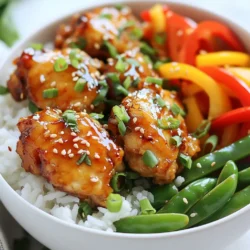 To make these tasty rice bowls, gather the following main ingredients: - 4 boneless, skinless chicken thighs - 2 cups jasmine rice - 1 red bell pepper, thinly sliced - 1 cup snap peas, trimmed - 4 cups water or chicken broth These items form the base of your dish, ensuring a great taste and texture. For the marinade, you'll need these simple ingredients to infuse flavor into the chicken: - 1/2 cup sweet chili sauce - 1 tablespoon soy sauce - 1 tablespoon rice vinegar - 1 teaspoon sesame oil Mix these ingredients well to create a rich and flavorful marinade for the chicken. To elevate your rice bowls, consider adding these optional garnishes: - 3 green onions, chopped - 1 tablespoon sesame seeds - Fresh cilantro (optional) These garnishes add color, crunch, and a fresh taste to your dish. Enjoy customizing your bowls! {{ingredient_image_1}} To marinate the chicken, start by gathering your ingredients. In a bowl, mix 1/2 cup of sweet chili sauce, 1 tablespoon of soy sauce, 1 tablespoon of rice vinegar, and 1 teaspoon of sesame oil. This mix gives the chicken a great flavor. Add the 4 boneless, skinless chicken thighs to the bowl. Make sure each piece is coated well. Cover the bowl and let it sit for at least 30 minutes. If you have time, marinate for up to 2 hours. This makes the chicken even tastier. Next, let’s cook the jasmine rice. In a medium saucepan, combine 2 cups of jasmine rice with 4 cups of water or chicken broth. Add a pinch of salt to enhance the flavor. Bring this to a boil over medium heat. Once boiling, reduce the heat to low. Cover the pot and let it simmer for about 15 to 20 minutes. After the rice absorbs all the liquid, remove it from heat. Let it sit covered for 5 minutes. Fluff the rice with a fork before serving. Now, it’s time to cook the chicken thighs. Heat a large skillet over medium heat. Take the marinated chicken out of the bowl, but keep the marinade for later. Sear the chicken thighs in the skillet for about 5 to 7 minutes on each side. You want them golden brown and cooked through. The chicken should reach an internal temperature of 165°F or 75°C. This ensures it’s safe to eat while still juicy. After cooking the chicken, let’s add some veggies. In the same skillet, add the sliced red bell pepper and 1 cup of trimmed snap peas. Stir-fry them for about 3 to 4 minutes. You want them to be tender-crisp. Then, pour in the reserved marinade. Let it simmer for an additional 2 minutes. This thickens the sauce and adds flavor to the veggies. Finally, it’s time to put everything together. Start with a scoop of jasmine rice in each bowl. Top it with sliced chicken thighs and the stir-fried vegetables. For a nice finish, garnish with chopped green onions, sesame seeds, and fresh cilantro if you like. Enjoy your sweet chili chicken thigh rice bowl! To boost the flavor of your Sweet Chili Chicken Thigh Rice Bowls, focus on the marinade. I suggest marinating the chicken for at least 30 minutes. For deeper flavor, let it sit for up to 2 hours. You can also add minced garlic or ginger to the marinade. This will add a nice kick to the dish. For extra zest, squeeze fresh lime juice over the finished bowls. Cooking chicken thighs well is key. Start by searing them over medium heat. This gives them a nice brown color and seals in juices. Make sure the skillet is hot before adding the chicken. Avoid moving them around too much. Let them cook for 5-7 minutes on each side. Use a meat thermometer to check for doneness; it should read 165°F. Rest the chicken for a few minutes before slicing to keep it juicy. Perfectly cooked rice makes a big difference. Rinse jasmine rice under cold water before cooking. This helps remove excess starch and keeps the rice fluffy. Use a ratio of 1 cup of rice to 2 cups of water or chicken broth. Bring it to a boil, then lower the heat and cover it. Let it cook for 15-20 minutes. After cooking, let the rice sit covered for 5 minutes. Fluff it gently with a fork for the best texture. Pro Tips Marination Time: The longer you marinate the chicken, the more flavorful it will be. Aim for at least 2 hours for maximum flavor infusion. Cooking Chicken: Ensure your skillet is hot before adding the chicken to achieve a nice sear, which adds depth to the dish. Vegetable Crispness: Stir-fry the vegetables just until they are tender-crisp to maintain their vibrant color and nutrients. Rice Cooking Method: For extra flavor, cook the jasmine rice in chicken broth instead of water to enhance the overall taste of the dish. {{image_2}} You can swap chicken thighs for chicken breasts if you want. Breasts are leaner but less juicy. For a vegetarian option, use tofu or tempeh. They soak up flavors well. Instead of sweet chili sauce, try teriyaki or hoisin sauce. Each sauce gives a different taste. If you don’t have jasmine rice, use basmati or brown rice. Both are tasty and work well. You can grill the chicken instead of pan-searing it. This adds a nice smoky flavor. Just marinate as usual and grill over medium heat. For a slow cooker, place chicken and marinade inside. Cook on low for 6-8 hours. The chicken becomes very tender. If you like stir-frying, cook everything in a wok for quick meals. This method keeps veggies crisp and fresh. Feel free to mix in other veggies. Broccoli, carrots, or zucchini all work great. You can even add corn for sweetness. If you like spicy, toss in some sliced jalapeños. They add a nice kick. For a fresh touch, try mixing in spinach or kale. These greens are healthy and cook quickly. The goal is to have fun and make it your own! To store your leftover Sweet Chili Chicken Bowls, wait until they cool. Place chicken, rice, and veggies in an airtight container. Make sure to divide them into portions for easy meals later. Store in the fridge for up to three days. When you're ready to eat, take out a portion. You can reheat in the microwave or on the stove. If using the microwave, heat for about 2-3 minutes. Stir halfway through to ensure even heating. On the stove, add a splash of water to a pan and warm over medium heat for about 5 minutes. If you want to freeze the bowls, pack them in airtight containers. They can last for up to three months in the freezer. Make sure to label them with the date. To reheat, let them thaw in the fridge overnight. Then, reheat as mentioned above. This makes for a quick and tasty meal! Yes, you can use chicken breast. Chicken breast has less fat than thighs. It cooks faster but may be less juicy. If you choose breasts, watch the cooking time. Aim for an internal temperature of 165°F. To make this recipe gluten-free, use gluten-free soy sauce. Look for tamari sauce, which is often gluten-free. Also, check your sweet chili sauce for gluten. Many brands offer gluten-free options. These rice bowls pair well with many sides. Try fresh salad for crunch. You can also serve steamed broccoli or sautéed bok choy. For a twist, add pickled vegetables for tang. To adjust the spice level, change the sweet chili sauce. Use mild sauce for less heat or a spicier sauce for more kick. You can also add sliced fresh chili peppers to the vegetables. We covered making Sweet Chili Chicken Thigh Rice Bowls in this post. You learned about key ingredients, marinating, and cooking methods. I shared tips for juiciness and flavor boosts. We explored variations and smart storage ideas, too. Now, you can create a tasty meal that fits your needs. Enjoy experimenting with different veggies and spices. Remember, cooking should be fun! Happy cooking!