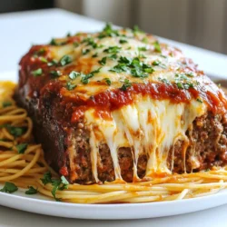 - 1 pound ground beef - 1/2 pound ground pork - 1 cup Italian breadcrumbs - 1/2 cup grated Parmesan cheese - 8 ounces fresh mozzarella cheese, cut into small cubes I love using a mix of ground beef and pork. The beef brings rich flavor, while the pork adds juiciness. Italian breadcrumbs and Parmesan cheese give the meatloaf a nice texture and taste. Fresh mozzarella takes it over the top with that melty goodness inside. - 1 teaspoon salt - 1/2 teaspoon black pepper - 1 teaspoon dried oregano - 1/4 cup fresh parsley, chopped - 2 cloves garlic, minced Seasoning is key for flavor. I use salt and black pepper to enhance the meat's taste. Dried oregano adds an Italian flair, and fresh parsley gives color and freshness. Garlic adds a punch that makes every bite yummy. - 1/2 cup onion, finely diced - 1 egg, beaten - 1 cup marinara sauce (for topping) - 1 tablespoon olive oil (for sautéing onions) Onion gives sweetness and depth to the meatloaf. Beaten egg helps hold everything together. Marinara sauce on top adds flavor and moisture. I use olive oil to sauté the onions, making them soft and sweet. {{ingredient_image_1}} - Sautéing the onions and garlic: Heat olive oil in a skillet over medium heat. Add diced onion and minced garlic. Sauté for about 3-4 minutes until the onions are soft and clear. This adds great flavor to your meatloaf. - Cooling the mixture: Once the onions and garlic soften, remove them from the heat. Allow the mixture to cool a bit. You want it warm, not hot, when mixing with the meat. - Combining meats and dry ingredients: In a large bowl, mix ground beef and ground pork. Then add Italian breadcrumbs, grated Parmesan cheese, chopped parsley, and dry spices like oregano, salt, and pepper. - Adding in the sautéed vegetables: Incorporate the cooled onion and garlic mix into the meat. Pour in a beaten egg to bind everything. Mix well until all ingredients combine smoothly. - Forming the loaf: Divide the meat mixture into two equal parts. Flatten each half into a large rectangle on parchment paper. Place mozzarella cheese cubes in the center of one rectangle. Carefully fold the edges over the cheese, sealing it inside. Shape it into a loaf. - Baking instructions and temperature: Preheat your oven to 350°F (175°C). Place the meatloaf on a baking sheet lined with parchment. Spread marinara sauce on top. Bake for one hour. Check that the meatloaf reaches 160°F (70°C) inside. Let it rest for 10 minutes before slicing. Mixing the meat well is key. You want to blend the ground beef and pork evenly. This helps the meatloaf hold together. Use your hands for the best result. Avoid over-mixing, as it can make the meat tough. Let the meatloaf rest after baking. Resting time is important. It allows juices to redistribute throughout the meat. This makes each slice moist and flavorful. Use a mix of ground beef and pork. The pork adds fat, keeping the meatloaf juicy. You can also use ground turkey for a lighter option. Add moisture with ingredients like diced onions and garlic. These not only add flavor but also moisture. If you want extra juiciness, consider adding a splash of beef broth or a bit of milk to the mix. Top the meatloaf with marinara sauce for a classic touch. You can also sprinkle fresh parsley for color and flavor. Serve slices on a bed of spaghetti. This makes for a beautiful plate. Drizzle extra marinara sauce over the top. It adds warmth and a nice finish. Pro Tips Choose Fresh Ingredients: Always opt for fresh herbs and high-quality meats for the best flavor in your meatloaf. Let the Meatloaf Rest: Allowing the meatloaf to rest for 10 minutes after baking helps the juices redistribute, ensuring a moist final product. Experiment with Cheese: Feel free to substitute mozzarella with other cheeses like provolone or fontina for different flavors. Use a Meat Thermometer: Ensure your meatloaf is cooked perfectly by using a meat thermometer to check that it reaches an internal temperature of 160°F (70°C). {{image_2}} You can switch up the cheese in your meatloaf. Provolone adds a nice tang. Cheddar offers a sharp flavor that many enjoy. You can also mix in different cheeses. Try a blend of mozzarella and cheddar for a creamy and rich taste. Each cheese brings its own twist to the dish. If you want a leaner option, use ground turkey. It keeps the meatloaf moist while being lighter. You can also explore meat substitutes like lentils or chickpeas for a vegetarian version. These options are great for those who prefer plant-based meals. Boost the taste by adding veggies like bell peppers or mushrooms. These not only add flavor but also nutrition. You can also spice things up with herbs like basil or thyme. They give a fresh taste. If you like heat, add some red pepper flakes. These simple changes can create a unique flavor profile for your meatloaf. To store your meatloaf, follow these steps for the best taste and safety: - Refrigeration guidelines: Let the meatloaf cool completely. Wrap it tightly in plastic wrap or foil. Store it in the fridge for up to 3 days. This keeps it fresh and safe for your next meal. - Freezing methods: For longer storage, freeze the meatloaf. Wrap it well in plastic wrap, then in foil. Use a freezer-safe bag for better protection. You can freeze it for up to 3 months. Just remember to label it with the date. When you are ready to enjoy your leftovers, follow these tips: - Best methods to reheat while maintaining texture: Preheat your oven to 350°F (175°C). Place the meatloaf in a baking dish. Cover it with foil to keep it moist. Heat for about 20-30 minutes, or until warmed through. - Tips for using leftovers: You can slice the meatloaf for sandwiches. Use it in pasta dishes or serve it with a salad. This adds variety to your meals. Understanding how long your meatloaf lasts is key: - Duration for refrigerator vs. freezer storage: In the fridge, meatloaf lasts about 3 days. In the freezer, it stays good for 3 months. - Signs of spoilage: Check for changes in color or smell. If it has an off odor or appears slimy, it’s best to throw it away. Enjoy your meatloaf safely! To keep your meatloaf from crumbling, follow these tips for binding your ingredients: - Use both ground beef and pork. The mix helps with moisture and flavor. - Add breadcrumbs. They soak up juices and hold the meat together. - Don’t skip the egg. It acts as glue to bind everything. - Mix gently. Overmixing makes the meatloaf tough. - Let it rest. This helps the meatloaf hold its shape when slicing. Yes, you can prepare meatloaf in advance. Here are some suggestions: - Assemble it a day ahead. Cover it and store it in the fridge. - Bake it, then cool and store. Wrap it tightly and refrigerate. - To reheat, place it in the oven at 350°F (175°C). Heat until warm. - You can also microwave individual slices for quick meals. For a delicious meal, try these Italian-inspired side dishes: - Spaghetti with marinara sauce. It complements the meatloaf well. - Garlic bread adds a nice crunch. - A simple green salad with Italian dressing keeps it light. - Roasted vegetables, like zucchini or peppers, add color and flavor. This blog post covered how to make a delicious mozzarella stuffed meatloaf. We discussed key ingredients like meats, cheese, and spices. You learned how to prepare your vegetables and mix the meat. Shaping and baking your meatloaf is crucial for texture and flavor. I shared tips for keeping it moist and serving ideas for a great presentation. Remember, you can get creative with variations and enjoy great storage practices. With these insights, you can make a tasty meatloaf your family will love.