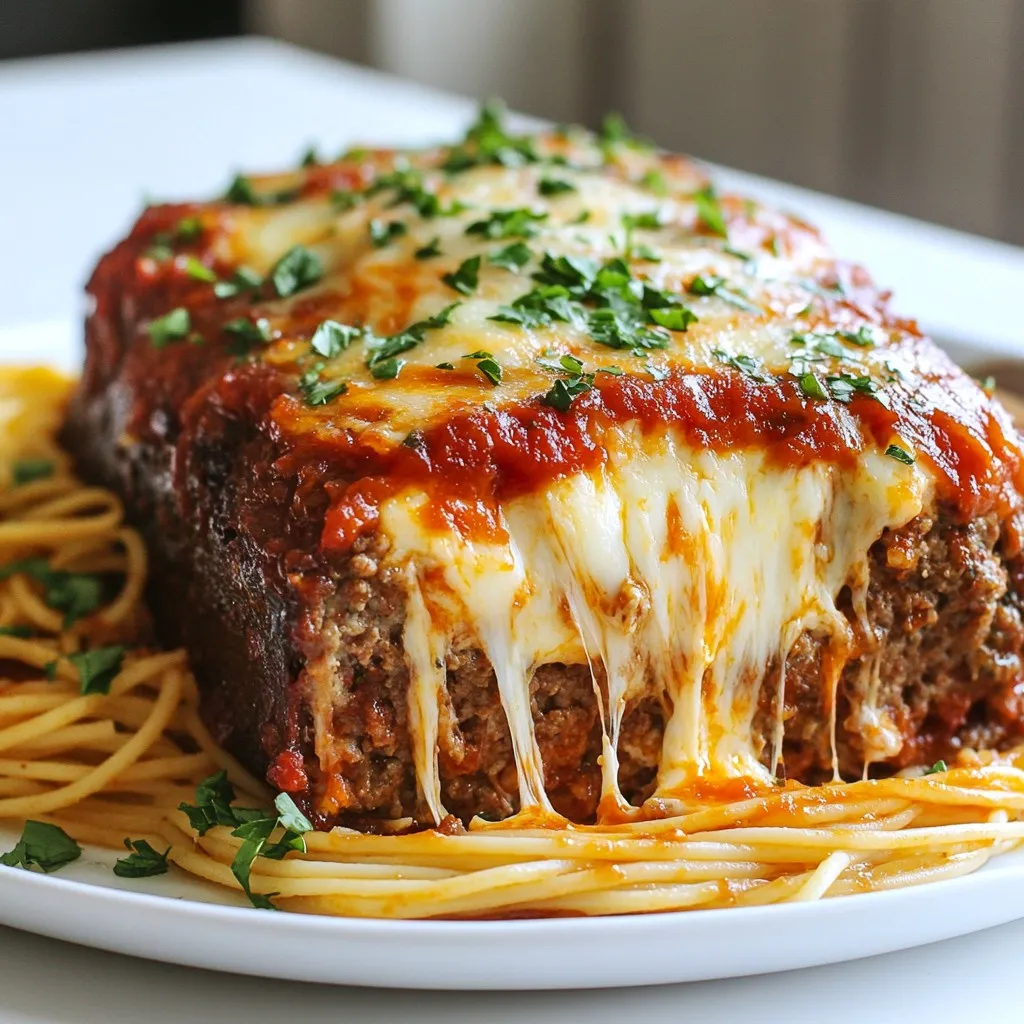 - 1 pound ground beef - 1/2 pound ground pork - 1 cup Italian breadcrumbs - 1/2 cup grated Parmesan cheese - 8 ounces fresh mozzarella cheese, cut into small cubes I love using a mix of ground beef and pork. The beef brings rich flavor, while the pork adds juiciness. Italian breadcrumbs and Parmesan cheese give the meatloaf a nice texture and taste. Fresh mozzarella takes it over the top with that melty goodness inside. - 1 teaspoon salt - 1/2 teaspoon black pepper - 1 teaspoon dried oregano - 1/4 cup fresh parsley, chopped - 2 cloves garlic, minced Seasoning is key for flavor. I use salt and black pepper to enhance the meat's taste. Dried oregano adds an Italian flair, and fresh parsley gives color and freshness. Garlic adds a punch that makes every bite yummy. - 1/2 cup onion, finely diced - 1 egg, beaten - 1 cup marinara sauce (for topping) - 1 tablespoon olive oil (for sautéing onions) Onion gives sweetness and depth to the meatloaf. Beaten egg helps hold everything together. Marinara sauce on top adds flavor and moisture. I use olive oil to sauté the onions, making them soft and sweet. {{ingredient_image_1}} - Sautéing the onions and garlic: Heat olive oil in a skillet over medium heat. Add diced onion and minced garlic. Sauté for about 3-4 minutes until the onions are soft and clear. This adds great flavor to your meatloaf. - Cooling the mixture: Once the onions and garlic soften, remove them from the heat. Allow the mixture to cool a bit. You want it warm, not hot, when mixing with the meat. - Combining meats and dry ingredients: In a large bowl, mix ground beef and ground pork. Then add Italian breadcrumbs, grated Parmesan cheese, chopped parsley, and dry spices like oregano, salt, and pepper. - Adding in the sautéed vegetables: Incorporate the cooled onion and garlic mix into the meat. Pour in a beaten egg to bind everything. Mix well until all ingredients combine smoothly. - Forming the loaf: Divide the meat mixture into two equal parts. Flatten each half into a large rectangle on parchment paper. Place mozzarella cheese cubes in the center of one rectangle. Carefully fold the edges over the cheese, sealing it inside. Shape it into a loaf. - Baking instructions and temperature: Preheat your oven to 350°F (175°C). Place the meatloaf on a baking sheet lined with parchment. Spread marinara sauce on top. Bake for one hour. Check that the meatloaf reaches 160°F (70°C) inside. Let it rest for 10 minutes before slicing. Mixing the meat well is key. You want to blend the ground beef and pork evenly. This helps the meatloaf hold together. Use your hands for the best result. Avoid over-mixing, as it can make the meat tough. Let the meatloaf rest after baking. Resting time is important. It allows juices to redistribute throughout the meat. This makes each slice moist and flavorful. Use a mix of ground beef and pork. The pork adds fat, keeping the meatloaf juicy. You can also use ground turkey for a lighter option. Add moisture with ingredients like diced onions and garlic. These not only add flavor but also moisture. If you want extra juiciness, consider adding a splash of beef broth or a bit of milk to the mix. Top the meatloaf with marinara sauce for a classic touch. You can also sprinkle fresh parsley for color and flavor. Serve slices on a bed of spaghetti. This makes for a beautiful plate. Drizzle extra marinara sauce over the top. It adds warmth and a nice finish. Pro Tips Choose Fresh Ingredients: Always opt for fresh herbs and high-quality meats for the best flavor in your meatloaf. Let the Meatloaf Rest: Allowing the meatloaf to rest for 10 minutes after baking helps the juices redistribute, ensuring a moist final product. Experiment with Cheese: Feel free to substitute mozzarella with other cheeses like provolone or fontina for different flavors. Use a Meat Thermometer: Ensure your meatloaf is cooked perfectly by using a meat thermometer to check that it reaches an internal temperature of 160°F (70°C). {{image_2}} You can switch up the cheese in your meatloaf. Provolone adds a nice tang. Cheddar offers a sharp flavor that many enjoy. You can also mix in different cheeses. Try a blend of mozzarella and cheddar for a creamy and rich taste. Each cheese brings its own twist to the dish. If you want a leaner option, use ground turkey. It keeps the meatloaf moist while being lighter. You can also explore meat substitutes like lentils or chickpeas for a vegetarian version. These options are great for those who prefer plant-based meals. Boost the taste by adding veggies like bell peppers or mushrooms. These not only add flavor but also nutrition. You can also spice things up with herbs like basil or thyme. They give a fresh taste. If you like heat, add some red pepper flakes. These simple changes can create a unique flavor profile for your meatloaf. To store your meatloaf, follow these steps for the best taste and safety: - Refrigeration guidelines: Let the meatloaf cool completely. Wrap it tightly in plastic wrap or foil. Store it in the fridge for up to 3 days. This keeps it fresh and safe for your next meal. - Freezing methods: For longer storage, freeze the meatloaf. Wrap it well in plastic wrap, then in foil. Use a freezer-safe bag for better protection. You can freeze it for up to 3 months. Just remember to label it with the date. When you are ready to enjoy your leftovers, follow these tips: - Best methods to reheat while maintaining texture: Preheat your oven to 350°F (175°C). Place the meatloaf in a baking dish. Cover it with foil to keep it moist. Heat for about 20-30 minutes, or until warmed through. - Tips for using leftovers: You can slice the meatloaf for sandwiches. Use it in pasta dishes or serve it with a salad. This adds variety to your meals. Understanding how long your meatloaf lasts is key: - Duration for refrigerator vs. freezer storage: In the fridge, meatloaf lasts about 3 days. In the freezer, it stays good for 3 months. - Signs of spoilage: Check for changes in color or smell. If it has an off odor or appears slimy, it’s best to throw it away. Enjoy your meatloaf safely! To keep your meatloaf from crumbling, follow these tips for binding your ingredients: - Use both ground beef and pork. The mix helps with moisture and flavor. - Add breadcrumbs. They soak up juices and hold the meat together. - Don’t skip the egg. It acts as glue to bind everything. - Mix gently. Overmixing makes the meatloaf tough. - Let it rest. This helps the meatloaf hold its shape when slicing. Yes, you can prepare meatloaf in advance. Here are some suggestions: - Assemble it a day ahead. Cover it and store it in the fridge. - Bake it, then cool and store. Wrap it tightly and refrigerate. - To reheat, place it in the oven at 350°F (175°C). Heat until warm. - You can also microwave individual slices for quick meals. For a delicious meal, try these Italian-inspired side dishes: - Spaghetti with marinara sauce. It complements the meatloaf well. - Garlic bread adds a nice crunch. - A simple green salad with Italian dressing keeps it light. - Roasted vegetables, like zucchini or peppers, add color and flavor. This blog post covered how to make a delicious mozzarella stuffed meatloaf. We discussed key ingredients like meats, cheese, and spices. You learned how to prepare your vegetables and mix the meat. Shaping and baking your meatloaf is crucial for texture and flavor. I shared tips for keeping it moist and serving ideas for a great presentation. Remember, you can get creative with variations and enjoy great storage practices. With these insights, you can make a tasty meatloaf your family will love.