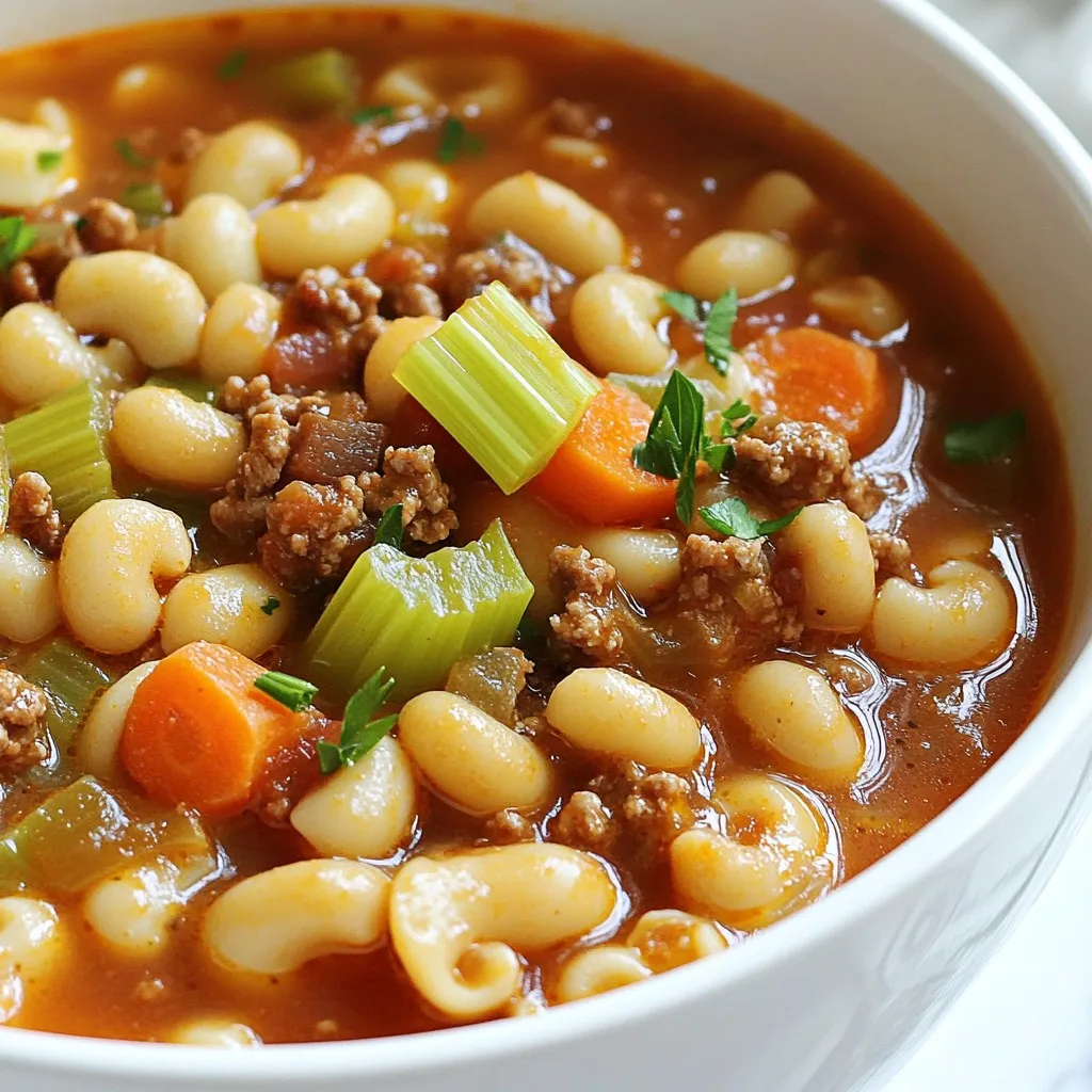 For a rich and tasty Pasta e Fagioli, you need these key ingredients: - 1 tablespoon olive oil - 1 medium onion, diced - 2 carrots, diced - 2 celery stalks, diced - 3 cloves garlic, minced - 1 pound ground beef (or turkey) - 1 can (15 oz) diced tomatoes, with juice - 1 can (15 oz) red kidney beans, drained and rinsed - 1 can (15 oz) cannellini beans, drained and rinsed - 4 cups beef or vegetable broth - 1 teaspoon Italian seasoning - 1 bay leaf - 1 cup small pasta (like ditalini or small shells) - Salt and pepper to taste - Fresh parsley or basil for garnish Each of these ingredients plays a role in the dish's flavor and texture. The beans add protein and creaminess, while the vegetables give a fresh taste. You can swap some ingredients without losing the essence of this dish: - Use vegetable broth for a vegetarian version. - Ground turkey is a leaner choice than beef. - If you don’t have ditalini, any small pasta works well. - Canned diced tomatoes can be replaced with fresh ones if in season. These swaps can help you customize the recipe to your taste or diet. Garnishes can elevate your dish. Here are some tasty options: - Fresh parsley adds a burst of color and flavor. - Chopped basil offers a sweet aroma. - Grated Parmesan cheese adds richness. Feel free to mix and match these garnishes to make your Pasta e Fagioli even more delightful! {{ingredient_image_1}} Start by heating 1 tablespoon of olive oil in a large pot over medium heat. Add a diced onion, 2 diced carrots, and 2 diced celery stalks. Sauté these veggies for about 5 minutes. You want them to soften. Then, add 3 minced garlic cloves and cook for another minute. The smell will be amazing! Next, raise the heat to medium-high. Add 1 pound of ground beef or turkey. Break up the meat with a wooden spoon. Cook it until it turns brown. If there’s extra fat, drain it. Now, your base is ready for the next step. Stir in 1 can of diced tomatoes (with juice), 1 can of red kidney beans, and 1 can of cannellini beans. Pour in 4 cups of beef or vegetable broth. Add 1 teaspoon of Italian seasoning and 1 bay leaf. Bring everything to a gentle boil. Once it bubbles, lower the heat. Cover the pot and let it simmer for 15-20 minutes. This lets all the flavors mix well. After simmering, stir in 1 cup of small pasta, like ditalini. Cook it according to the package instructions, usually about 8-10 minutes. Remove the bay leaf before serving. Don’t forget to add salt and pepper to taste. It’s time to serve hot, garnished with fresh parsley or basil on top! To make your Pasta e Fagioli taste great, focus on fresh ingredients. Use ripe tomatoes for better flavor. Fresh herbs, like parsley or basil, add a nice touch. Don’t skip the garlic; it gives a strong taste. A bay leaf adds depth while simmering. Remember to season well with salt and pepper. Taste as you go to find your perfect balance. Cooking pasta right in the soup saves time and dishes. Add the pasta when the soup is done simmering. Follow the pasta package for cooking time. This keeps the pasta from getting mushy. Stir often to prevent sticking. If you plan to save some soup, cook the pasta separately. This keeps leftovers fresh and tasty. Making Pasta e Fagioli ahead of time is smart. It tastes even better the next day! Prepare everything up to the pasta step. Store it in the fridge for up to three days. When you’re ready to eat, just reheat the soup and add the pasta. This gives you a warm meal in no time. You can also freeze the soup for later use. Just remember to leave out the pasta before freezing. Pro Tips Use Quality Broth: For the best flavor, opt for homemade broth or a high-quality store-bought option. It makes a significant difference in the overall taste of the dish. Don't Skip the Bay Leaf: This aromatic leaf adds depth to the soup. Remember to remove it before serving, as it’s not edible. Cook Pasta Separately: To prevent the pasta from absorbing too much liquid and becoming mushy, consider cooking it separately and adding it to each bowl when serving. Garnish for Freshness: Fresh herbs like parsley or basil not only enhance the presentation but also provide a burst of flavor. Add them just before serving for the best results. {{image_2}} You can make this soup meat-free. Swap the ground beef for mushrooms or lentils. Use vegetable broth instead of beef broth. This keeps all the rich flavors. You won’t miss the meat at all! If you want a different protein, use turkey instead of beef. Chicken is another great option. You can even add sausage for a spicy kick. Each choice adds its own flavor to the dish. Feel free to toss in more veggies. Spinach, zucchini, and bell peppers work well. Adding these boosts the nutrients and color. Plus, it makes the soup even heartier! To store your Pasta e Fagioli, let it cool first. Use an airtight container. It keeps well in the fridge for up to three days. If you want to store it longer, freezing is a great option. To reheat, pour the soup into a pot. Heat it over medium-low heat. Stir often until it is hot. You can also use the microwave. Put it in a bowl and heat it for one to two minutes. Stir halfway through for even heating. If you freeze your Pasta e Fagioli, it can last for up to three months. Divide it into smaller portions for easy meals. When ready to eat, thaw it overnight in the fridge. Then, reheat as mentioned above. This way, you always have a warm bowl ready! Pasta e Fagioli is a classic Italian soup. It combines pasta with beans in a savory broth. The dish is hearty and packed with flavor. It often includes meat and veggies, too. This soup is warm and comforting, perfect for any meal. Yes, you can use many kinds of beans. If you don’t have red kidney beans or cannellini beans, try black beans or pinto beans. Each type adds a unique taste and texture. Just make sure to drain and rinse any canned beans. Absolutely! This recipe is great for kids. The pasta and beans are easy to eat. You can adjust the spice level by adding less seasoning. Kids love the flavors, and it’s a healthy meal, too. Pasta e Fagioli is a versatile and hearty dish. You can use various ingredients and make it your own. Remember, cooking is all about experimenting. With the tips and tricks provided, you can enhance the flavors and meal prep with ease. Whether you choose vegetarian options or add extra veggies, this soup will satisfy your hunger. Store it properly to enjoy later. Now, gather your ingredients and start cooking! You’ll love sharing your delicious creation with others.