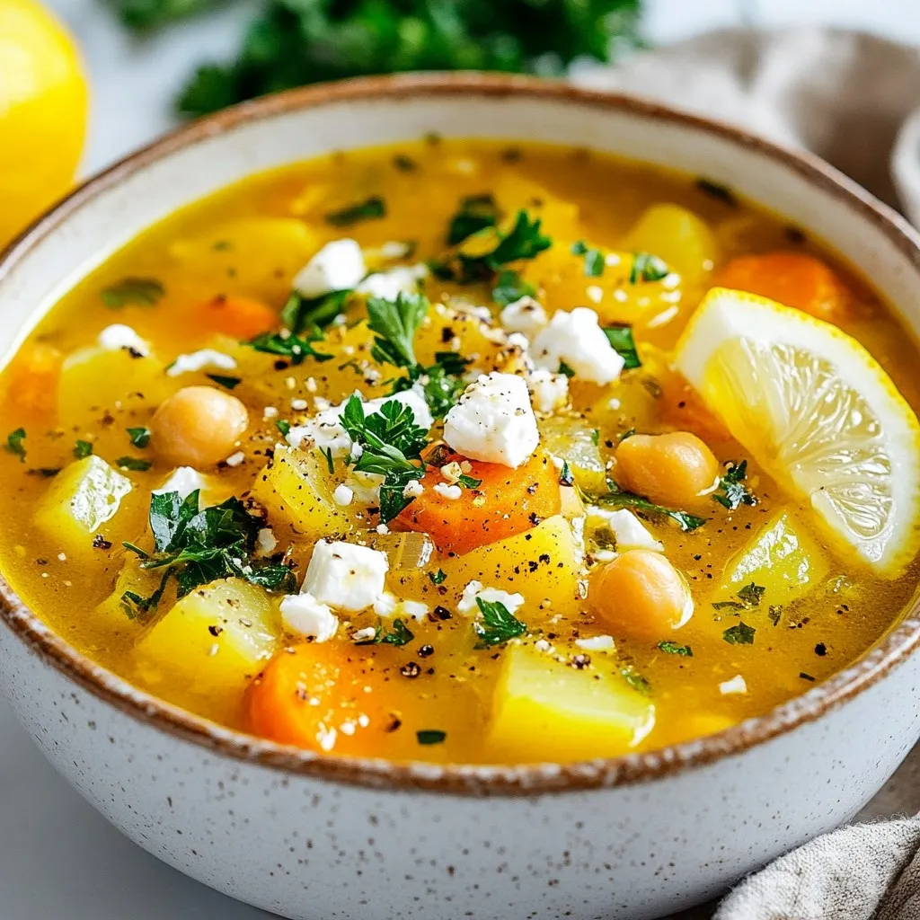 To make Lemony Greek Chickpea Soup, gather these key ingredients: - 1 cup dried chickpeas (or 2 cans, rinsed and drained) - 1 large onion, chopped - 3 cloves garlic, minced - 2 medium carrots, diced - 2 celery stalks, diced - 1 large potato, peeled and cubed - 1 can (14 oz) diced tomatoes - 6 cups vegetable broth - 2 teaspoons dried oregano - 1 teaspoon ground cumin - 1/2 teaspoon red pepper flakes (optional) - Juice and zest of 1 lemon - 2 tablespoons olive oil - Salt and pepper to taste - Fresh parsley, chopped (for garnish) - Feta cheese, crumbled (for garnish, optional) These fresh and bright ingredients bring life to the dish. The chickpeas add protein and fiber, while the lemon gives a refreshing zing. Garnishes make your soup look and taste even better. You can add: - Fresh parsley, chopped - Crumbled feta cheese (for a creamy touch) - Lemon wedges (for extra zest) These toppings enhance the flavors and make the soup more appealing. Not every ingredient needs to be set in stone. Here are some swaps you can make: - Use canned chickpeas for dried ones to save time. - If you do not have vegetable broth, water works too. - Swap out the potato for a sweet potato or butternut squash. - Use fresh herbs like dill or basil instead of parsley for a different flavor. These substitutions keep the soup tasty while fitting your needs. Feel free to mix and match! {{ingredient_image_1}} If you choose dried chickpeas, start by soaking them overnight. Use a large bowl and fill it with water. The next day, drain and rinse the chickpeas. In a pot, boil water and cook the chickpeas for about one hour. Check for tenderness. Once cooked, drain them and set aside. If you use canned chickpeas, you can skip this step. Just rinse and drain them. Grab a large pot and heat two tablespoons of olive oil over medium heat. Add the chopped onion and sauté for about five minutes. Wait until the onion turns translucent. Then, stir in three minced garlic cloves, two diced carrots, and two diced celery stalks. Cook for another five to seven minutes. You want the veggies to soften a bit. Next, add one peeled and cubed potato to the pot. Follow this with a can of diced tomatoes, including their juices. Pour in six cups of vegetable broth and add the cooked or canned chickpeas. Now, sprinkle in two teaspoons of dried oregano, one teaspoon of ground cumin, and half a teaspoon of red pepper flakes if you like some heat. Bring the soup to a boil. Then, lower the heat and let it simmer for 25 to 30 minutes. You want the potatoes to become tender and the flavors to mix well. Finally, stir in the juice and zest of one lemon. Taste it and add salt and pepper as needed. Serve hot, and if you want, top it with fresh parsley and crumbled feta cheese. To enhance the taste of your Lemony Greek Chickpea Soup, always use fresh ingredients. Fresh herbs, like parsley, make a big difference. The zest and juice of the lemon add brightness. If you want a kick, add red pepper flakes. They bring a nice heat that balances the soup's heartiness. Taste the soup before serving. Adjust the salt and pepper to suit your liking. A splash of extra lemon juice can brighten it up, too. You can change this soup in many ways. For a creamier texture, blend part of the soup until smooth. This gives it a rich feel. If you like more greens, add spinach or kale toward the end of cooking. For a Mediterranean twist, throw in olives or artichokes. If you want to add meat, cooked chicken pieces mix well. This is a great way to switch flavors while keeping it nourishing. Sometimes, you may want a thicker or thinner soup. To thicken, blend a small part of the soup and stir it back in. You can also add more potatoes. If the soup is too thick, add a little vegetable broth or water. Let it simmer for a few minutes to combine. Always taste and adjust after adding liquid. This helps keep the flavors balanced. Pro Tips Soak Chickpeas for Maximum Flavor: Soaking dried chickpeas overnight not only helps them cook faster but also enhances their flavor and texture in the soup. Use Fresh Herbs: Adding fresh parsley at the end brightens the soup and adds a burst of flavor. Consider using dill or mint for a unique twist! Adjust the Thickness: If you prefer a thicker soup, blend a portion of it after cooking and stir it back in for a creamy texture without adding dairy. Garnish Creatively: Elevate your presentation with a drizzle of olive oil, a sprinkle of feta, and a lemon wedge on the side for an appealing and fresh look. {{image_2}} Lemony Greek Chickpea Soup is already vegetarian and can easily be vegan. The dish uses chickpeas, which are a great plant-based protein. You can skip the feta cheese for a fully vegan meal. The soup tastes just as good without it. To enhance flavors, add more lemon juice or zest. This will keep the dish fresh and bright. This soup is naturally gluten-free, making it perfect for those with gluten issues. All the main ingredients are safe for a gluten-free diet. If you want to add grains, consider using quinoa or rice instead of bread. Just make sure to cook them separately. You can mix them in when serving for a hearty meal. To add protein, consider chicken or tofu. For chicken, use cooked, shredded meat. Stir it in during the last few minutes of cooking. This adds flavor and richness. If you prefer tofu, use firm or extra-firm tofu. Cut it into cubes and sauté it before adding it to the soup. This gives the tofu a nice texture and taste. You can easily store leftover Lemony Greek Chickpea Soup. First, let the soup cool to room temperature. Then, transfer it into an airtight container. Place a layer of plastic wrap on top before sealing. This helps keep the soup fresh. Store it in the fridge for up to five days. If you want to keep the soup longer, freezing is a great option. Use freezer-safe containers or bags for best results. Make sure to leave some space at the top. The soup will expand as it freezes. Lemony Greek Chickpea Soup can last up to three months in the freezer. To thaw, simply move it to the fridge overnight. Reheating is simple and quick. You can warm the soup on the stove or in the microwave. If using the stove, heat it over medium-low heat. Stir it often until it's hot. For the microwave, place the soup in a microwave-safe bowl. Heat it in 30-second intervals, stirring in between. Always check the temperature before serving to ensure it's hot throughout. You can serve this soup with warm, crusty bread. A fresh salad pairs well too. Try a simple green salad with lemon vinaigrette. You can also add some olives for extra flavor. If you like cheese, crumbled feta makes a great topping. For a heartier meal, serve it with grilled chicken or shrimp. Yes, you can use other beans. White beans, like cannellini or navy beans, work well. Black beans are another tasty choice. Just keep in mind that cooking times may change. If using canned beans, rinse and drain them before adding. This soup is flexible, so feel free to experiment with your favorite beans. This soup lasts about 4 to 5 days in the fridge. Store it in an airtight container to keep it fresh. The flavors will deepen as it sits. You can also freeze it for up to 3 months. Just let it cool completely before freezing. To enjoy, thaw it in the fridge overnight and reheat on the stove. This blog post covered how to make Lemony Greek Chickpea Soup in simple steps. We explored the main ingredients and possible garnishes, plus how to adjust the recipe. You learned cooking tips to perfect flavor and consistency and discovered variations for your taste. Remember, you can store and reheat leftovers easily. Enjoy your cooking adventure with this soup! Trying new ingredients will keep it fun and tasty. Happy cooking!