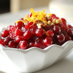 - 12 ounces fresh cranberries (about 3 cups) - 1 cup granulated sugar - 1 orange, zested and juiced - 1/4 teaspoon ground cinnamon - 1/4 teaspoon ground ginger - 1/4 cup chopped walnuts or pecans (optional) - A pinch of salt Fresh cranberries are the star of this relish. They provide a bright, tart flavor. You will need about 12 ounces, which is roughly three cups. Next, granulated sugar will balance the tartness. One cup should do the trick. You will also need one orange. The zest adds a bright note, while the juice brings a fresh, tangy taste. Ground cinnamon and ground ginger add warm spice to your sauce. A small amount, just 1/4 teaspoon of each, is enough. Nuts, like walnuts or pecans, are optional. If you choose to use them, chop 1/4 cup for a nice crunch. Lastly, a pinch of salt enhances all the flavors. These ingredients come together to create a delightful holiday relish that can brighten up any meal. {{ingredient_image_1}} First, rinse the fresh cranberries under cold water. This step cleans them well. Next, remove any stems or bruised berries. This ensures the sauce tastes fresh. Then, zest the orange. This means you take off the outer layer of the peel. The zest adds a bright flavor. After zesting, juice the orange. The juice brings out a sweet, tangy taste in the sauce. Now, gather a medium saucepan. Combine the cranberries, granulated sugar, orange juice, orange zest, ground cinnamon, ground ginger, and a pinch of salt in it. Stir the mixture well to blend the flavors. Place the saucepan over medium heat. Cook while stirring occasionally. You will notice the cranberries begin to burst after about 10 minutes. This is the magic moment! Reduce the heat to low. Let the mixture simmer for another 5 minutes. Stir often. This step helps the sauce thicken slightly. If you like nuts, now is the time to add them. Stir in the chopped walnuts or pecans for a nice texture. They add a crunchy surprise to the relish. Next, remove the saucepan from the heat. Let the relish cool to room temperature. Once cooled, transfer it to an airtight container. Refrigerate it for at least 2 hours, or overnight for the best flavor. Enjoy this tasty treat at your holiday table! How to adjust sweetness: To find the right balance, taste the sauce as it cooks. If it’s too tart, add more sugar, one tablespoon at a time. Stir well and let it cook for a few minutes. The sweetness will blend better as the sauce thickens. Best practices for cooking time: Cook the sauce just until the cranberries burst. This usually takes about 10 minutes. Then, simmer on low for 5 more minutes. Avoid cooking too long, as it can become too thick and lose flavor. Serving suggestions: Serve your sauce in a beautiful bowl. A clear glass bowl can show off the rich color. You can also offer it with a small spoon for easy serving. Garnishing ideas for an appealing look: Add a sprinkle of orange zest on top. A few chopped nuts can add nice texture. A sprig of mint can also bring a fresh touch. These details make the dish look special. Overcooking the sauce: If you cook the sauce too long, it can become too thick. This can also make the taste too strong. Keep an eye on it to avoid this. Choosing unripe cranberries: Always pick firm, bright red cranberries. Unripe berries can taste sour and spoil the flavor. Check for any bruised or soft berries and remove them. Pro Tips Freshness Matters: Always use fresh cranberries for the best flavor and texture. Avoid any that are soft or wrinkled. Adjusting Sweetness: Taste the mixture as it simmers; you can adjust the sugar depending on your preference for sweetness. Serving Suggestions: This relish pairs beautifully with turkey, ham, or even as a topping for desserts like cheesecake. Storage Tips: Store the relish in an airtight container in the refrigerator for up to two weeks; it often tastes even better after a few days. {{image_2}} You can make your cranberry sauce even better. Try adding spices like nutmeg or cardamom. A pinch of nutmeg gives warmth. Cardamom adds a nice floral note. Both spices blend well with the tartness of cranberries. You might also want to swap out sugar. Using honey or maple syrup makes it taste great. Honey adds a floral sweetness. Maple syrup gives a rich, earthy flavor. These options can make your sauce unique. If you want to change the fruit, consider using other citrus. Grapefruit or lemon works well instead of orange. This swap gives a different taste but keeps it fresh. Adding nuts or dried fruits can change the texture. Almonds, pecans, or even dried cherries can add crunch. These swaps help in creating a new twist on the classic recipe. Want to make it vegan-friendly? Just replace granulated sugar with a vegan option. Use agave or coconut sugar instead. Both options keep the sauce tasty and safe for all diets. For those watching sugar intake, you can make low-sugar options. Use less sugar or a sugar substitute. This way, you still enjoy the cranberry flavor without the extra sugar. Cranberries are small but mighty. They are full of antioxidants. Antioxidants help protect our bodies from damage. They fight free radicals that can harm our cells. This means cranberries can help keep us healthy. Cranberries also support urinary tract health. They can help prevent infections. The compounds in cranberries stop bacteria from sticking to the bladder walls. Adding cranberries to your diet may help keep your urinary system in good shape. Each serving of fresh cranberry sauce has about 80 calories. This is a great option for a holiday meal. It is low in calories but high in flavor. Cranberries are rich in vitamins. They provide vitamin C, which boosts the immune system. They also contain vitamin E and K. These vitamins help keep our bodies working well. Cranberries offer minerals too, like manganese and copper. These minerals are important for our overall health. I recommend one serving of cranberry sauce per person. This is about 1/4 cup. It pairs well with turkey and other holiday foods. Incorporating cranberry sauce into your holiday meals can add flavor and nutrition. It brings a pop of color to your plate. Plus, it helps balance rich dishes. The tartness cuts through heaviness, making every bite better. To store fresh cranberry sauce, use an airtight container. Glass or plastic containers work well. Make sure the lid seals tightly. This keeps air out, which helps the sauce stay fresh. Place the container in the fridge right after it cools. Fresh cranberry sauce lasts about one week in the fridge. If you want to keep it longer, you can freeze it. Place the sauce in a freezer-safe container. Leave some space at the top for expansion. It can last up to three months in the freezer. When you’re ready to serve the sauce, gently reheat it. Use the stove or microwave for the best results. On the stove, warm it on low heat. Stir often to keep it from burning. In the microwave, heat it in short bursts. This helps maintain the flavor and texture. You may want to add a splash of orange juice if it thickens too much. This blog post shared how to make a fresh cranberry sauce that shines on your table. We covered key ingredients, cooking steps, and storage tips to ensure your sauce is perfect. Remember to adjust the sweetness and choose ripe cranberries to avoid common mistakes. You can also create tasty variations by adding spices or alternative sweeteners. Fresh cranberry sauce is not just delicious, but it also packs health benefits. Enjoy this sauce with your holiday meals, and savor the flavors all season long.