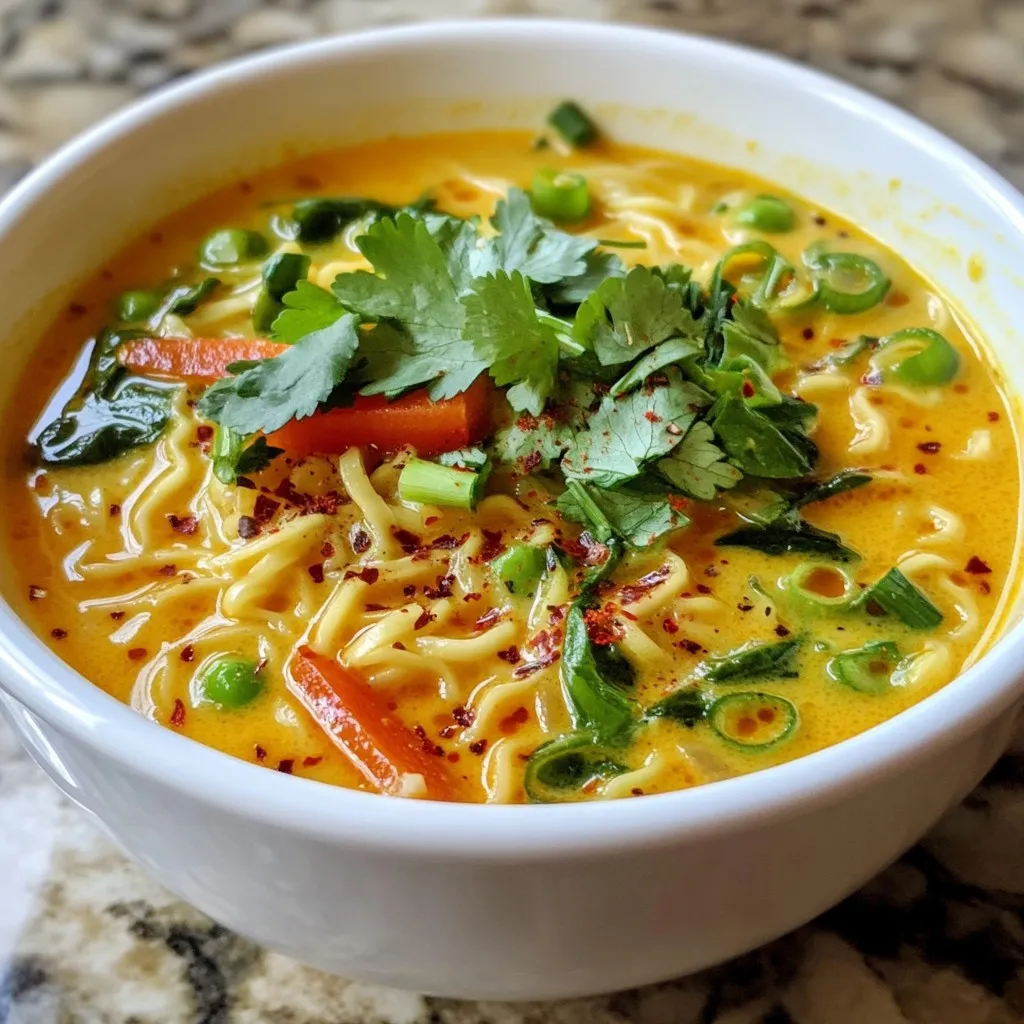- Ramen noodles: Use 2 packs for a hearty base. - Coconut milk: One can (400ml) adds creaminess. - Red curry paste: 2 tablespoons give a spicy kick. - Ginger and garlic: One tablespoon minced ginger and 2 garlic cloves enhance flavor. - Soy sauce: 1 tablespoon adds salt and umami. - Vegetable broth: 2 cups create a rich base. - Fresh vegetables: Use 1 cup baby spinach, 1 sliced red bell pepper, and 1 julienned carrot for color and nutrition. - Lime juice: 1 tablespoon brightens the dish. - Garnishes: Fresh cilantro and sliced green onions add freshness. Optional red pepper flakes can boost heat. This list gives you all you need to create a tasty and simple meal. Each ingredient plays a role in making this spicy coconut curry ramen flavorful. Enjoy the process of cooking and let the aromas fill your kitchen! {{ingredient_image_1}} - Heating ginger and garlic Start by heating a little oil in a large pot over medium heat. Add the minced ginger and garlic. Stir them for 1-2 minutes until they smell great. This step builds the base flavor for your ramen. - Incorporating red curry paste Next, stir in the red curry paste. Cook it for another minute. This helps release its rich flavor. The aroma will fill your kitchen, making you excited for what's next. - Adding liquids and vegetables Now, pour in the vegetable broth and coconut milk. Bring this mixture to a light simmer. Then, add the soy sauce, sliced red bell pepper, and julienned carrot. Let it simmer for about 5-7 minutes. The veggies should be tender but not mushy. - Cooking ramen noodles separately While your broth simmers, cook the ramen noodles. Follow the package instructions for timing. Once cooked, drain the noodles and set them aside. This keeps them from getting too soft. - Final assembly and garnishing After the veggies are cooked to your liking, stir in the baby spinach. Let it wilt for about 1-2 minutes. Remove the pot from heat. Add lime juice for a fresh taste. To serve, place a portion of the ramen noodles in a bowl. Ladle the spicy coconut curry broth over the noodles. Finally, garnish with fresh cilantro, sliced green onions, and red pepper flakes if you want extra heat. Enjoy your delicious creation! - Adjusting spice levels: Start with one tablespoon of red curry paste. Taste the broth as it simmers. If you want more heat, add red pepper flakes. This gives you control over the spice. - Enhancing flavors with broth: Choose a good vegetable broth. It forms the base of your dish. Use homemade broth if you can. It boosts the taste and richness of your ramen. A splash of soy sauce adds depth. - Substitutions for vegetables: Use what you have on hand. Broccoli or snap peas work well. You can even swap spinach for kale. Each will give a different texture and flavor. Just remember to adjust cooking times for harder veggies. These tips can help you make a bowl that fits your taste. Enjoy the process and make it fun! Pro Tips Adjust the Spice: If you prefer a milder flavor, reduce the amount of red curry paste. You can always add more later if you like it spicier! Vegetable Variations: Feel free to add other vegetables such as broccoli, snap peas, or mushrooms to enhance the dish's nutrition and flavor. Fresh Herbs: Using fresh cilantro and green onions as garnishes not only adds color but also brightens the flavor profile of the ramen. Meal Prep Friendly: This curry can be made in advance and stored in the fridge for up to 3 days. Just reheat and add fresh noodles when serving! {{image_2}} You can make this spicy coconut curry ramen your own with a few simple changes. - Adding protein: You can add tofu, chicken, or shrimp to your ramen. - For tofu, use firm tofu. Cut it into cubes and fry it until golden. Add it to the broth for a nice texture. - For chicken, use cooked chicken breast. Shred it and stir it in with the veggies. - For shrimp, add it just before the spinach. Cook until pink and tender. - Vegan and gluten-free alternatives: You can easily adapt this dish to fit your needs. - Use gluten-free ramen noodles. They are made from rice or other grains. - For a vegan option, ensure your curry paste is free from fish sauce. - Spice it up: Change the flavor by trying different curry pastes. - Green curry paste offers a fresh, herbal taste. - Yellow curry paste is milder and sweeter. Feel free to explore these options. Each one adds a unique twist to this delicious meal! - Storing leftovers in the fridge: Place your leftover ramen in an airtight container. This keeps the broth and noodles fresh. Use them within three days for the best taste. - Freezing for long-term storage: If you want to save some for later, freeze the broth and veggies separately from the noodles. The noodles can become mushy when frozen. Store in freezer bags and use within a month. - Reheating tips for maintaining flavor: To reheat, warm the broth on the stove. Add the noodles when the broth is hot. This way, the noodles stay firm. You can also add fresh spinach or herbs for a fresh taste. Can I make this dish vegetarian? Yes, this recipe is already vegetarian! It uses vegetable broth and does not include meat. What is the best type of ramen noodles to use? I recommend using fresh ramen noodles for the best texture. Instant ramen works too, but fresh noodles taste better. How can I make this recipe spicier? To add more heat, use more red curry paste or sprinkle in red pepper flakes. You can also add sliced fresh chili peppers. Can I use homemade broth instead of vegetable broth? Absolutely! Homemade broth can add more flavor and depth to your dish. Just keep the same amount. What are good side dishes to serve with ramen? You can serve your ramen with a simple salad, steamed dumplings, or crispy spring rolls. These sides complement the flavors nicely. This blog post covered how to make a tasty spicy coconut curry ramen. We looked at the main ingredients, preparation steps, and tips to perfect your dish. I shared variations you can try and gave storage advice to keep leftovers fresh. Cooking this ramen is simple and fun. With a few tweaks, you can make it your own. Enjoy your cooking journey and savor each bite of your flavorful creation. Your taste buds will thank you!