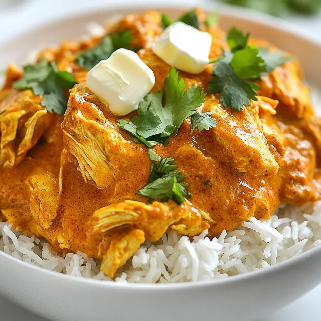 For this easy and tasty Crockpot Butter Chicken, you need a few key items: - 2 lbs boneless, skinless chicken thighs - 1 large onion, finely chopped - 4 cloves garlic, minced - 1 tablespoon ginger, grated - 1 can (14 oz) crushed tomatoes - 1 cup coconut milk - 1/2 cup unsalted butter - Salt and pepper to taste - Fresh cilantro, chopped (for garnish) - Cooked basmati rice (for serving) These ingredients set the stage for a warm and rich meal. The chicken thighs give a nice texture. The onion, garlic, and ginger add deep flavor. The crushed tomatoes and coconut milk create a creamy sauce. The magic of this dish comes from the spices. Here’s what you need: - 1 tablespoon garam masala - 1 teaspoon cumin - 1 teaspoon turmeric - 1 teaspoon paprika These spices bring warmth and depth. Garam masala is key for that classic butter chicken taste. Cumin adds an earthy note. Turmeric gives a lovely color and slight bitterness, while paprika adds a hint of sweetness. When it’s time to eat, serve the butter chicken over basmati rice. This rice soaks up the sauce well. You can also sprinkle fresh cilantro on top. It adds freshness and color. For a full meal, consider adding a side salad or naan bread. This will round out your dining experience. {{ingredient_image_1}} Start by gathering all your ingredients. You need: - 2 lbs boneless, skinless chicken thighs - 1 large onion, finely chopped - 4 cloves garlic, minced - 1 tablespoon ginger, grated - 1 tablespoon garam masala - 1 teaspoon cumin - 1 teaspoon turmeric - 1 teaspoon paprika - 1 can (14 oz) crushed tomatoes - 1 cup coconut milk - 1/2 cup unsalted butter - Salt and pepper to taste - Fresh cilantro, chopped (for garnish) - Cooked basmati rice (for serving) First, chop the onion finely. Mince the garlic and grate the ginger. Spread these three ingredients evenly in the bottom of your crockpot. In a bowl, mix the spices: garam masala, cumin, turmeric, paprika, salt, and pepper. Rub this spice mix all over the chicken thighs. This step adds great flavor. Next, place the spiced chicken thighs directly on top of the onion mixture in the crockpot. Pour the crushed tomatoes and coconut milk over the chicken. Finally, add dollops of butter on top. Cover the crockpot and cook. Choose low for 6-8 hours or high for 4-5 hours. The chicken should become tender and easy to shred. When the cooking time is up, use two forks to shred the chicken right in the crockpot. Stir everything together until well mixed. Taste it! Adjust the seasoning if needed by adding more salt and pepper. Serve the butter chicken over a bed of cooked basmati rice. Don’t forget to garnish with fresh cilantro for a pop of color and flavor. Enjoy your delicious meal! To get the best flavor in your crockpot butter chicken, use fresh spices. Fresh spices have stronger flavors. Make sure to rub the spice mix on the chicken well. This helps the spices soak in. Don't skip the onion, garlic, and ginger. These three add a rich base flavor. Also, use full-fat coconut milk for creaminess. It makes the dish rich and smooth. A touch of salt and pepper at the end brightens the taste. Cooking time can change based on your crockpot. If you cook on low, aim for 6-8 hours. For high heat, 4-5 hours works best. Check the chicken at the end of cooking. It should be tender and easy to shred. If it is not, give it a little more time. Always keep the lid on. This helps the chicken cook evenly and stay moist. To make cooking easier, a few tools help a lot. A good quality crockpot is key. It keeps the heat steady and cooks evenly. Use a good knife for chopping. It makes prep quick and easy. A set of measuring cups ensures you get the right amounts. Also, have two forks ready for shredding the chicken. This way, you can mix everything well before serving. Pro Tips Use Fresh Spices: Ground spices lose their potency over time. For the best flavor, use fresh spices or grind them just before use. Adjust the Heat: If you prefer a spicier dish, add some cayenne pepper or chopped green chilies to the spice mix. Marinate for More Flavor: For an extra flavor boost, marinate the chicken in the spices and yogurt for a few hours or overnight before cooking. Try Different Proteins: While chicken thighs are delicious, you can also use chicken breasts, shrimp, or even tofu for a vegetarian option. {{image_2}} You can make this dish lighter by swapping some ingredients. Use Greek yogurt in place of butter for creaminess. Opt for light coconut milk to cut down calories. You can also replace chicken thighs with skinless chicken breasts. This keeps the dish tasty while reducing fat. Boost nutrition by adding veggies to your butter chicken. Chop up bell peppers, spinach, or carrots. Toss them in the crockpot with the chicken. They cook down well and add color. Plus, they enrich the meal with vitamins and fiber. Mix things up by trying different sauces. For a tangy twist, add some yogurt or lemon juice. You could also use curry paste instead of garam masala for a unique flavor. Experiment with different herbs like basil or mint for a fresh taste. Each change can give you a new favorite version! You can store leftover butter chicken in an airtight container. Let it cool first. Keep it in the fridge for up to three days. If you have a lot, split it into smaller portions. This makes reheating easier and faster. To reheat, use the microwave or a stovetop. If using a microwave, place it in a bowl. Heat for 1-2 minutes, stirring halfway through. On the stovetop, warm it over low heat. Stir often to avoid sticking. Add a splash of coconut milk if it seems too thick. You can freeze butter chicken for later meals. Place it in a freezer-safe container. Make sure to leave some space at the top. The dish can stay in the freezer for up to three months. To enjoy, thaw it overnight in the fridge before reheating. Yes, you can use chicken breast. Thighs have more flavor and stay moist. Chicken breast can dry out faster. If you prefer breast, check it often while cooking. You may need to adjust the cooking time. Crockpot Butter Chicken pairs well with various sides. I recommend serving it over cooked basmati rice. The rice absorbs the sauce nicely. You can also serve it with naan bread. This bread is great for scooping up the chicken. Adding a fresh salad or steamed veggies adds balance. To adjust the spice level, you can change the spices. Add less garam masala and paprika for milder flavor. If you like more heat, add chili powder or cayenne pepper. Start with a small amount and taste as you go. This way, you can find your perfect heat level. Crockpot butter chicken is a simple dish made with easy steps. You learned the key ingredients, spice mixes, and serving ideas. I outlined how to prepare and cook the chicken for tasty results. Tips and tricks help boost flavor and adjust cooking time. Variations allow for healthy swaps and added veggies. Finally, proper storage keeps your meals fresh. Now, get ready to enjoy a warm, delicious meal any night!