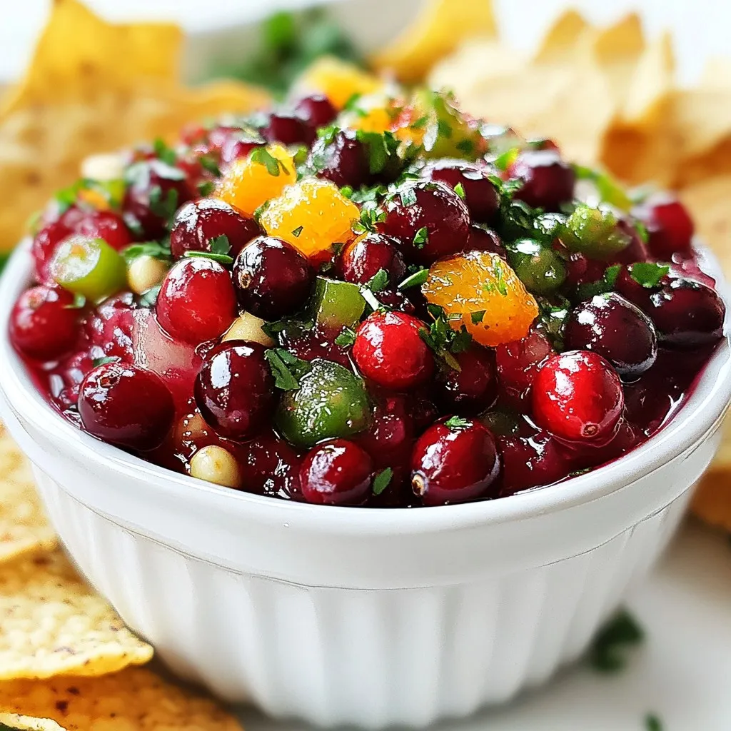 To make Tangy Cranberry Salsa, gather these fresh ingredients: - 1 cup fresh cranberries, rinsed - 1 orange, zested and juiced - 1 jalapeño, deseeded and finely chopped - 1/2 red onion, finely chopped - 1/4 cup fresh cilantro, chopped These fresh ingredients give the salsa its bright and tangy flavor. The cranberries add a tart bite, while the orange brings sweetness. Jalapeño adds heat, and red onion gives a nice crunch. Fresh cilantro adds a burst of flavor. Next, check your pantry for these staples: - 1 tablespoon honey or agave syrup - Salt and pepper to taste - 1 tablespoon olive oil Honey or agave syrup balances the tartness of the cranberries. Olive oil adds richness. Salt and pepper enhance all the flavors. Always taste as you go to find the right balance. You can also try these optional ingredients to make your salsa unique: - Chopped bell peppers for extra color - A splash of lime juice for more zing - Diced avocado for creaminess These extra ingredients can make your salsa even better. Bell peppers add sweetness and crunch, while lime juice brightens the taste. Diced avocado can give a creamy texture, making the salsa richer and more filling. Feel free to mix and match based on your taste! {{ingredient_image_1}} Start by rinsing 1 cup of fresh cranberries. Place them in a food processor. Add the zest of 1 orange and half of its juice. Pulse the mixture gently until the cranberries become coarsely chopped. You want them chunky, not pureed. This will give your salsa texture. Next, transfer the cranberry mixture to a mixing bowl. Now, add the finely chopped jalapeño, red onion, and cilantro. Pour in the remaining orange juice. This adds brightness and flavor. Mix everything well. The colors should pop, and the aroma will be fantastic. Drizzle 1 tablespoon of olive oil over the mixture. Then, add 1 tablespoon of honey or agave syrup. Stir the salsa until all ingredients blend nicely. Season with salt and pepper to taste. Adjust the sweetness and heat based on your preference. Let the salsa chill in the refrigerator for at least 30 minutes. This allows the flavors to meld together, making it tangy and delightful. To make your tangy cranberry salsa shine, try adding lime juice. This gives a bright twist. You can also mix in diced mango for a sweet touch. A pinch of cumin adds warm, earthy tones. If you love spice, toss in more jalapeños. Experiment with different herbs like mint. Each change can create a new flavor sensation. Keep your salsa fresh by storing it in a sealed container. Place it in the fridge right after making it. This helps the flavors blend well. It tastes even better after a day! If you plan to enjoy it later, use a glass jar. Glass keeps the salsa tasting great longer than plastic. Serve this salsa with tortilla chips for a fun snack. It is perfect for game day or parties. For a dinner twist, use it as a topping on grilled chicken or fish. It brightens up the dish and adds zest. You can even spoon it over tacos for a fresh kick. Enjoy it at your next gathering! Pro Tips Balance the Flavors: Adjust the sweetness with more honey or agave and the heat with extra jalapeño to suit your taste preferences. Chill for Best Results: Allowing the salsa to sit in the refrigerator for at least 30 minutes enhances the flavors and makes the salsa taste even better. Fresh Ingredients Matter: Use fresh, high-quality cranberries and cilantro for the best taste and vibrant color in your salsa. Perfect Pairings: This salsa pairs beautifully with grilled chicken or fish, and also works great as a topping for tacos or burritos. {{image_2}} To spice things up, add more jalapeños. Start with one more for a kick. If you love heat, try two extra jalapeños. Remove the seeds for less spice. You can also mix in a pinch of cayenne pepper. This gives you a nice, warm flavor. For a sweeter salsa, add fruits like mango or pineapple. Chop them finely and mix with the cranberries. The sweetness balances the tartness of the cranberries. You can also use peaches or apples for a unique taste. This fruity twist makes the salsa fun and fresh. If you want a vegan option, swap honey for agave syrup. Maple syrup is another great choice. Both add sweetness without using animal products. Adjust the amount to fit your taste. This way, everyone can enjoy the salsa, no matter their diet! Store your Tangy Cranberry Salsa in an airtight container. This keeps it fresh and tasty. Place the salsa in the fridge right after serving. Use it within three days for the best flavor. If you notice any extra moisture, drain it before serving again. You can freeze this salsa for later use. Pour the salsa into a freezer-safe bag or container. Leave some space at the top for expansion. Seal it well and label it with the date. This salsa can last up to three months in the freezer. Thaw it overnight in the fridge before using. Tangy Cranberry Salsa stays good in the fridge for up to five days. Watch for changes in color or smell. If the salsa smells sour or looks watery, it’s time to toss it. Always trust your senses; they guide you best! Yes, you can use frozen cranberries. Just thaw them before you chop. They may release more juice. This juice can add a nice flavor. But remember, fresh cranberries give a better texture. You can serve this salsa with many foods. Tortilla chips pair well for a snack. It also goes great with grilled chicken or fish. You can even use it as a topping for tacos. Add it to sandwiches for a fun twist. You can keep Tangy Cranberry Salsa in the fridge for about three days. Store it in an airtight container. After three days, the flavors may change. If it looks or smells off, throw it away. Always trust your senses! This blog post shared how to make Tangy Cranberry Salsa. We explored fresh ingredients, pantry staples, and optional enhancements. I detailed step-by-step instructions for mixing and flavoring. You learned tips to boost taste and how to store it well. We also covered fun variations and how long to keep leftovers. In my view, this salsa is a must for any gathering. Try it out and enjoy!