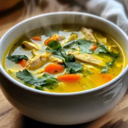To make a warm bowl of turmeric chicken soup, you need these main ingredients: - 1 lb (450g) boneless, skinless chicken thighs, diced - 1 tablespoon olive oil - 1 medium onion, chopped - 3 cloves garlic, minced - 1 tablespoon fresh ginger, grated - 1 teaspoon ground turmeric - 1 teaspoon ground cumin - 1 teaspoon coriander powder - 6 cups chicken broth - 2 medium carrots, sliced - 1 cup spinach leaves - 1 lemon, juiced - Salt and pepper to taste These ingredients create a rich and tasty flavor. The chicken gives the soup protein. The spices add warmth and depth. You will love the bright yellow color from the turmeric. For added flavor and flair, consider these optional garnishes: - Fresh cilantro - Sliced green onions - A sprinkle of chili flakes These garnishes enhance both the taste and look of your soup. Fresh cilantro adds a nice herby note. Chili flakes give it a little kick if you like heat. Turmeric chicken soup is not just tasty; it is good for you too. Here are some health benefits of key ingredients: - Turmeric: This spice is known for its anti-inflammatory properties. It may help with pain relief. - Chicken: It provides lean protein, essential for muscle health and recovery. - Spinach: This leafy green is full of vitamins. It boosts your immune system and adds iron. - Garlic: Garlic can help lower blood pressure and improve heart health. Each ingredient in this soup works together to nourish your body and comfort your soul. Enjoying a bowl of this soup is a great way to stay healthy and satisfied. {{ingredient_image_1}} First, gather all your ingredients. You will need 1 pound of diced chicken thighs, 1 tablespoon of olive oil, 1 chopped onion, 3 minced garlic cloves, and 1 tablespoon of grated fresh ginger. Also, prepare 1 teaspoon of ground turmeric, 1 teaspoon of ground cumin, and 1 teaspoon of coriander powder. Don't forget 6 cups of chicken broth, 2 sliced carrots, 1 cup of spinach leaves, the juice of 1 lemon, and salt and pepper to taste. Fresh cilantro adds a nice touch for garnish. 1. Heat the olive oil in a large pot over medium heat. 2. Add the chopped onion and sauté it for about 5 minutes. The onion should be translucent. 3. Stir in the minced garlic and grated ginger. Cook this for 1 minute until it smells good. 4. Next, add the diced chicken thighs. Season with salt and pepper. Cook until the chicken is brown on all sides, about 5 to 7 minutes. 5. Sprinkle in the ground turmeric, cumin, and coriander. Stir well to coat the chicken. Let the spices bloom for 2 minutes. 6. Pour in the chicken broth and add the sliced carrots. Bring this mixture to a boil. 7. Lower the heat and let the soup simmer for 20 to 25 minutes. The chicken should be cooked through and the carrots tender. 8. Stir in the spinach and lemon juice. Cook for an additional 2 to 3 minutes until the spinach wilts. 9. Taste your soup and adjust the seasoning. Add more salt, pepper, or lemon juice if needed. 10. Serve it hot, garnished with fresh cilantro for extra flavor. For a beautiful finish, add a handful of fresh cilantro on top of each bowl. This soup pairs well with crusty bread or a light salad, making it a complete meal. Enjoy this warm, nourishing bowl of turmeric chicken soup with family and friends! To boost the taste of your turmeric chicken soup, use fresh spices. Fresh spices have a stronger flavor than dried ones. Toasting spices in the pot before adding other ingredients can help, too. Simply heat them for a minute in the olive oil. This step wakes up their flavors. Adding a splash of coconut milk can make the soup creamy and rich. If you like heat, add a pinch of red pepper flakes. A good pot is key for this soup. A large, heavy pot works best. I recommend a Dutch oven or a stockpot. These types hold heat well and cook evenly. A sharp knife makes chopping chicken and veggies easy. Also, use a cutting board to keep your space tidy. A wooden spoon helps mix the soup without scratching your pot. One common mistake is not cooking the spices long enough. Make sure to let them bloom. This helps release their full flavor. Another mistake is adding too much salt at the start. Taste the soup before adding more salt. Lastly, don't skip the lemon juice. It adds bright flavor and balances the spices. If you follow these tips, your soup will be full of flavor! Pro Tips Marinate the Chicken: For deeper flavor, marinate the chicken thighs in a mixture of turmeric, cumin, coriander, and a splash of lemon juice for at least 30 minutes before cooking. Use Homemade Broth: If possible, use homemade chicken broth for a richer taste and better nutritional value compared to store-bought options. Enhance with Coconut Milk: For a creamier texture, add a can of coconut milk towards the end of cooking. It pairs wonderfully with the spices. Fresh Herbs Matter: Always use fresh herbs like cilantro for garnish; they add brightness and elevate the dish's overall flavor profile. {{image_2}} You can easily make this soup vegetarian. Swap chicken for chickpeas or tofu. These options add protein and keep it hearty. Use vegetable broth instead of chicken broth for a rich base. Add extra veggies like potatoes, bell peppers, or zucchini. This makes the soup colorful and tasty. If you like heat, add some spice. A pinch of cayenne pepper or red pepper flakes works well. You can also mix in fresh chili peppers for a kick. For a smoky flavor, consider adding smoked paprika. Adjust the spice level to your taste. A little heat can make the soup exciting! You don’t have to stick with chicken broth. Try mushroom broth for a deep, rich flavor. This option pairs well with the spices. Bone broth is another great choice. It’s nutritious and adds depth to the soup. Experiment with different broths to find your favorite! After enjoying your turmeric chicken soup, let it cool down first. Place it in an airtight container. This helps keep it fresh. Store it in the fridge for up to three days. If you want to keep it longer, freezing is a great option. Just make sure to label the container with the date. When you’re ready to eat your leftovers, heat the soup on the stove. Pour it into a pot and warm it over medium heat. Stir it often to heat it evenly. You can also use a microwave. Place the soup in a microwave-safe bowl and cover it. Heat it in short bursts, stirring in between, until it’s hot. If you freeze the turmeric chicken soup, it can last up to three months. Use a freezer-safe container or bag. Leave some space at the top, as liquids expand when they freeze. When you’re ready to eat it, thaw the soup in the fridge overnight. Then, reheat it on the stove or microwave as described above. Yes, you can use different chicken parts. Bone-in chicken adds more flavor. You can also use chicken breasts if you prefer white meat. Just remember to adjust cooking time for different cuts. For example, breasts cook faster than thighs. Absolutely! Turmeric chicken soup is very healthy. Turmeric has anti-inflammatory properties. The ginger and garlic boost your immune system. Spinach adds vitamins and minerals. This soup is low in calories and high in nutrients. It’s great for recovery and overall wellness. To make this soup in a slow cooker, start by sautéing the onion, garlic, and ginger in olive oil. Then add these to the slow cooker with the rest of the ingredients. Cook on low for 6-8 hours. You will enjoy a warm, flavorful soup ready to serve. You learned how to make delicious turmeric chicken soup today. We covered main ingredients, tasty garnishes, and health benefits. You now know preparation steps, cooking tips, and common mistakes to avoid. Plus, I shared fun variations and storage tips. You have all you need to enjoy this soup. Now, get cooking and savor every spoonful of warmth and flavor. Your kitchen adventure awaits!