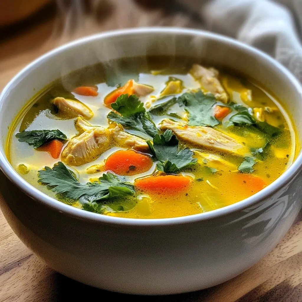 To make a warm bowl of turmeric chicken soup, you need these main ingredients: - 1 lb (450g) boneless, skinless chicken thighs, diced - 1 tablespoon olive oil - 1 medium onion, chopped - 3 cloves garlic, minced - 1 tablespoon fresh ginger, grated - 1 teaspoon ground turmeric - 1 teaspoon ground cumin - 1 teaspoon coriander powder - 6 cups chicken broth - 2 medium carrots, sliced - 1 cup spinach leaves - 1 lemon, juiced - Salt and pepper to taste These ingredients create a rich and tasty flavor. The chicken gives the soup protein. The spices add warmth and depth. You will love the bright yellow color from the turmeric. For added flavor and flair, consider these optional garnishes: - Fresh cilantro - Sliced green onions - A sprinkle of chili flakes These garnishes enhance both the taste and look of your soup. Fresh cilantro adds a nice herby note. Chili flakes give it a little kick if you like heat. Turmeric chicken soup is not just tasty; it is good for you too. Here are some health benefits of key ingredients: - Turmeric: This spice is known for its anti-inflammatory properties. It may help with pain relief. - Chicken: It provides lean protein, essential for muscle health and recovery. - Spinach: This leafy green is full of vitamins. It boosts your immune system and adds iron. - Garlic: Garlic can help lower blood pressure and improve heart health. Each ingredient in this soup works together to nourish your body and comfort your soul. Enjoying a bowl of this soup is a great way to stay healthy and satisfied. {{ingredient_image_1}} First, gather all your ingredients. You will need 1 pound of diced chicken thighs, 1 tablespoon of olive oil, 1 chopped onion, 3 minced garlic cloves, and 1 tablespoon of grated fresh ginger. Also, prepare 1 teaspoon of ground turmeric, 1 teaspoon of ground cumin, and 1 teaspoon of coriander powder. Don't forget 6 cups of chicken broth, 2 sliced carrots, 1 cup of spinach leaves, the juice of 1 lemon, and salt and pepper to taste. Fresh cilantro adds a nice touch for garnish. 1. Heat the olive oil in a large pot over medium heat. 2. Add the chopped onion and sauté it for about 5 minutes. The onion should be translucent. 3. Stir in the minced garlic and grated ginger. Cook this for 1 minute until it smells good. 4. Next, add the diced chicken thighs. Season with salt and pepper. Cook until the chicken is brown on all sides, about 5 to 7 minutes. 5. Sprinkle in the ground turmeric, cumin, and coriander. Stir well to coat the chicken. Let the spices bloom for 2 minutes. 6. Pour in the chicken broth and add the sliced carrots. Bring this mixture to a boil. 7. Lower the heat and let the soup simmer for 20 to 25 minutes. The chicken should be cooked through and the carrots tender. 8. Stir in the spinach and lemon juice. Cook for an additional 2 to 3 minutes until the spinach wilts. 9. Taste your soup and adjust the seasoning. Add more salt, pepper, or lemon juice if needed. 10. Serve it hot, garnished with fresh cilantro for extra flavor. For a beautiful finish, add a handful of fresh cilantro on top of each bowl. This soup pairs well with crusty bread or a light salad, making it a complete meal. Enjoy this warm, nourishing bowl of turmeric chicken soup with family and friends! To boost the taste of your turmeric chicken soup, use fresh spices. Fresh spices have a stronger flavor than dried ones. Toasting spices in the pot before adding other ingredients can help, too. Simply heat them for a minute in the olive oil. This step wakes up their flavors. Adding a splash of coconut milk can make the soup creamy and rich. If you like heat, add a pinch of red pepper flakes. A good pot is key for this soup. A large, heavy pot works best. I recommend a Dutch oven or a stockpot. These types hold heat well and cook evenly. A sharp knife makes chopping chicken and veggies easy. Also, use a cutting board to keep your space tidy. A wooden spoon helps mix the soup without scratching your pot. One common mistake is not cooking the spices long enough. Make sure to let them bloom. This helps release their full flavor. Another mistake is adding too much salt at the start. Taste the soup before adding more salt. Lastly, don't skip the lemon juice. It adds bright flavor and balances the spices. If you follow these tips, your soup will be full of flavor! Pro Tips Marinate the Chicken: For deeper flavor, marinate the chicken thighs in a mixture of turmeric, cumin, coriander, and a splash of lemon juice for at least 30 minutes before cooking. Use Homemade Broth: If possible, use homemade chicken broth for a richer taste and better nutritional value compared to store-bought options. Enhance with Coconut Milk: For a creamier texture, add a can of coconut milk towards the end of cooking. It pairs wonderfully with the spices. Fresh Herbs Matter: Always use fresh herbs like cilantro for garnish; they add brightness and elevate the dish's overall flavor profile. {{image_2}} You can easily make this soup vegetarian. Swap chicken for chickpeas or tofu. These options add protein and keep it hearty. Use vegetable broth instead of chicken broth for a rich base. Add extra veggies like potatoes, bell peppers, or zucchini. This makes the soup colorful and tasty. If you like heat, add some spice. A pinch of cayenne pepper or red pepper flakes works well. You can also mix in fresh chili peppers for a kick. For a smoky flavor, consider adding smoked paprika. Adjust the spice level to your taste. A little heat can make the soup exciting! You don’t have to stick with chicken broth. Try mushroom broth for a deep, rich flavor. This option pairs well with the spices. Bone broth is another great choice. It’s nutritious and adds depth to the soup. Experiment with different broths to find your favorite! After enjoying your turmeric chicken soup, let it cool down first. Place it in an airtight container. This helps keep it fresh. Store it in the fridge for up to three days. If you want to keep it longer, freezing is a great option. Just make sure to label the container with the date. When you’re ready to eat your leftovers, heat the soup on the stove. Pour it into a pot and warm it over medium heat. Stir it often to heat it evenly. You can also use a microwave. Place the soup in a microwave-safe bowl and cover it. Heat it in short bursts, stirring in between, until it’s hot. If you freeze the turmeric chicken soup, it can last up to three months. Use a freezer-safe container or bag. Leave some space at the top, as liquids expand when they freeze. When you’re ready to eat it, thaw the soup in the fridge overnight. Then, reheat it on the stove or microwave as described above. Yes, you can use different chicken parts. Bone-in chicken adds more flavor. You can also use chicken breasts if you prefer white meat. Just remember to adjust cooking time for different cuts. For example, breasts cook faster than thighs. Absolutely! Turmeric chicken soup is very healthy. Turmeric has anti-inflammatory properties. The ginger and garlic boost your immune system. Spinach adds vitamins and minerals. This soup is low in calories and high in nutrients. It’s great for recovery and overall wellness. To make this soup in a slow cooker, start by sautéing the onion, garlic, and ginger in olive oil. Then add these to the slow cooker with the rest of the ingredients. Cook on low for 6-8 hours. You will enjoy a warm, flavorful soup ready to serve. You learned how to make delicious turmeric chicken soup today. We covered main ingredients, tasty garnishes, and health benefits. You now know preparation steps, cooking tips, and common mistakes to avoid. Plus, I shared fun variations and storage tips. You have all you need to enjoy this soup. Now, get cooking and savor every spoonful of warmth and flavor. Your kitchen adventure awaits!