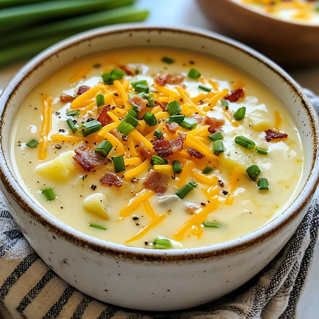 To make creamy baked potato soup, you will need the following ingredients: - 4 large russet potatoes, baked and cooled - 1 cup sour cream - 4 cups chicken or vegetable broth - 1 cup heavy cream - 1 cup shredded sharp cheddar cheese - 1/2 cup green onions, chopped - 4 slices of crispy turkey bacon, crumbled (or omit for vegetarian) - 2 tablespoons olive oil - 2 cloves garlic, minced - Salt and pepper to taste - Fresh chives, for garnish If you want to change this soup for dietary needs, here are some ideas: - Use Greek yogurt instead of sour cream for a lighter option. - Swap heavy cream with coconut milk for a dairy-free choice. - Use vegetable broth to keep it vegan. - Omit turkey bacon and add more green onions or mushrooms for texture. If you need to convert measurements, here are some simple conversions: - 1 cup = 240 ml - 1 tablespoon = 15 ml - 1 teaspoon = 5 ml - 4 large russet potatoes weigh about 1.5 kg - 1 cup of shredded cheese is around 113 grams - 1/2 cup of green onions is about 75 grams These conversions help you measure accurately and create a delicious soup. {{ingredient_image_1}} First, you need to bake the russet potatoes. Preheat your oven to 400°F (200°C). Place the potatoes on a baking sheet and bake for 45 to 60 minutes. You want them tender. After baking, let them cool a bit. Once cool, peel off the skin and dice the potatoes into small pieces. This will help them cook evenly in the soup. Next, grab a large pot. Heat olive oil over medium heat. Add the minced garlic and sauté it for about a minute. You want it fragrant but not burnt. Then, pour in the chicken or vegetable broth. Add the diced baked potatoes to the pot. Bring the mix to a gentle simmer. This step allows all the flavors to blend nicely. After simmering, it's time to blend. You can use a potato masher or an immersion blender. Mash the potatoes to your desired texture. If you want it creamier, blend until smooth. Now, stir in the heavy cream and sour cream. Mix until everything is well combined. Let the soup heat through for about five minutes. Next, add half of the shredded cheddar cheese and chopped green onions. Season with salt and pepper to taste. Stir everything well and let it simmer for another 2 to 3 minutes. When ready, ladle the soup into bowls. Top with the remaining cheddar cheese, crumbled turkey bacon, and fresh chives for a pop of color. Enjoy your delicious soup! Choose large russet potatoes. They have the best texture and flavor for this soup. Bake them at 400°F (200°C) for 45-60 minutes. Check if they are tender by poking with a fork. After baking, let them cool for a few minutes. This makes peeling easier. Use your hands or a paper towel to grip the skin. It should come off easily. For a creamy soup, mash the potatoes well. You can use a potato masher or an immersion blender. If you want some chunks, blend only half of the soup. Stir in heavy cream and sour cream for added richness. Heating the soup gently helps the flavors blend. Make sure to mix well for a smooth finish. Add garlic early when sautéing. This gives the soup a nice base flavor. For more depth, try using chicken broth instead of vegetable broth. Add spices like smoked paprika or even a pinch of cayenne for heat. Top with crispy bacon or extra cheese for richness. Fresh chives add a nice color and bright taste. Pro Tips Use Fresh Potatoes: For the best flavor and texture, choose firm, fresh russet potatoes that are free from blemishes and sprouting. Adjust the Consistency: Depending on your preference, you can control the creaminess by how much you mash or blend the potatoes. For a chunkier soup, mash lightly. Experiment with Toppings: Feel free to customize your toppings! Try adding different cheeses, crispy onions, or even a dollop of pesto for a unique twist. Make It Ahead: This soup can be made ahead and stored in the refrigerator for up to 3 days. Reheat gently on the stove, adding a splash of broth if it thickens too much. {{image_2}} You can make this soup vegetarian by skipping the turkey bacon. Use vegetable broth instead of chicken broth for a rich flavor. To make it vegan, substitute heavy cream and sour cream with coconut milk and cashew cream. These swaps keep the soup creamy while adding a unique taste. You can also add nutritional yeast for a cheesy flavor. For meat lovers, adding protein boosts flavor and heartiness. Cook diced chicken or sausage in the pot before adding garlic. This step allows the meat to brown and add depth to the soup. For chicken, use rotisserie for ease. If you love sausage, choose spicy or smoked for extra kick. Stir in the meat before mixing in the cream for a well-rounded taste. If you like heat, add red pepper flakes or diced jalapeños while cooking. Start with a small amount, then taste as you go. Hot sauce can also add flavor without changing the soup's texture. For a smoky touch, try adding chipotle peppers in adobo sauce. This gives your creamy baked potato soup a unique twist. You can store creamy baked potato soup in the fridge for up to three days. First, let the soup cool completely. Then, place it in an airtight container. Make sure it is sealed tightly to keep it fresh. When you want to eat it, just take it out and reheat. If you want to keep the soup longer, freeze it. Pour the cooled soup into a freezer-safe container. Leave some space at the top for expansion. Label the container with the date. It will stay good for up to three months. To use it, thaw it overnight in the fridge before reheating. You can reheat the soup on the stove or in the microwave. For the stove, pour the soup into a pot and heat it over low to medium heat. Stir it often to keep it smooth. If you use the microwave, place the soup in a bowl. Heat it in short bursts, stirring in between, until hot. Yes, you can use instant potatoes in this recipe. They save time and still create a good soup. Just follow the instructions on the package for the amount of water needed. Mix the instant potatoes with the broth until smooth. This option will still give you a creamy soup, but it may not have the same rich texture as using fresh baked potatoes. To thicken your creamy baked potato soup, you have a few options. You can mash the potatoes more to break them down. Another way is to add a slurry of cornstarch and water. Mix one tablespoon of cornstarch with two tablespoons of cold water. Stir this into the soup while it simmers. This will help give your soup a nice, thick texture. Creamy baked potato soup pairs well with many sides. A fresh green salad adds crunch and balance. Warm crusty bread is perfect for dipping. You could also serve it with a grilled cheese sandwich for a cozy meal. Each option enhances the soup's rich flavors and makes for a comforting dinner. We explored the key ingredients for creamy baked potato soup and how to make it. I shared tips for cooking, variations, and ways to store it. You can enjoy this soup with many twists to fit your needs. Cooking doesn’t have to be hard. With these simple steps, you can create a comforting dish everyone will love. Don't be afraid to experiment and find your favorite flavors. Trust your taste buds and enjoy every bite of your soup.