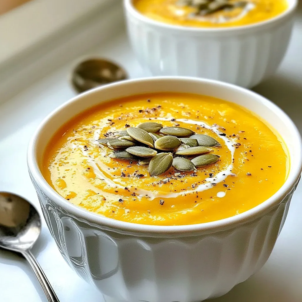 - 1 medium butternut squash (about 2 pounds), peeled and cubed - 1 medium yellow onion, chopped - 2 cloves garlic, minced - 1 medium carrot, diced - 1 medium apple (such as Granny Smith), peeled and chopped - 4 cups vegetable broth - 1 cup coconut milk - 2 tablespoons olive oil - 1 teaspoon ground ginger - 1 teaspoon cinnamon - 1/2 teaspoon nutmeg - Salt and pepper to taste - Pumpkin seeds (for garnish) To make this soup right, we need exact amounts for each ingredient. Use these measurements: - Butternut squash: 2 pounds, peeled and cubed - Yellow onion: 1 medium, chopped - Garlic: 2 cloves, minced - Carrot: 1 medium, diced - Apple: 1 medium, peeled and chopped - Vegetable broth: 4 cups - Coconut milk: 1 cup - Olive oil: 2 tablespoons - Ground ginger: 1 teaspoon - Cinnamon: 1 teaspoon - Nutmeg: 1/2 teaspoon - Salt and pepper: to taste - Pumpkin seeds: for garnish Garnishes can add flair. I suggest using pumpkin seeds for a nice crunch. You can also add a swirl of coconut milk on top. This makes the soup look pretty and taste even better. Other options include fresh herbs or a sprinkle of spices. Experiment and find what you like best! {{ingredient_image_1}} To make this soup, start with the butternut squash. First, cut off both ends. Use a vegetable peeler to remove the skin. Next, slice it in half and scoop out the seeds. Now, cube the squash into bite-sized pieces. Next, chop the onion. Cut it in half, then slice it thinly. Gather the slices and chop them into small pieces. For the carrot, peel it first. Then, slice it into small rounds. After that, stack the rounds and dice them into tiny pieces. Now, take the apple. Peel it and cut it in half. Remove the core, then chop it into small cubes. In a large pot, pour in the olive oil and heat it over medium. Once hot, add the chopped onion. Cook for about five minutes, until it is soft and clear. Then, add the minced garlic, diced carrot, and cubed butternut squash. Stir and cook for another five to seven minutes. You want the veggies to start softening. Next, mix in the chopped apple, ground ginger, cinnamon, nutmeg, and a pinch of salt and pepper. Stir everything well to combine. Pour in the vegetable broth and bring it to a boil. Once boiling, lower the heat to a simmer. Cover the pot and let it cook for 20 to 25 minutes. The squash and carrots should be tender. After cooking, take the pot off the heat. If you have an immersion blender, use it to blend the soup until smooth. If you don’t have one, carefully pour the soup into a regular blender. Make sure to do this in small batches, as the soup is hot. Always hold the lid down with a kitchen towel to prevent any mess. Once blended, return the soup to low heat. Stir in the coconut milk. Taste and add more salt or pepper if needed. Let it simmer for another five minutes to warm through. Now, your soup is ready to serve! To make your soup smooth and tasty, follow these steps: - Use fresh butternut squash for the best flavor. - Cook the onions until soft and clear. This step brings out their sweetness. - Stir the garlic in for just a minute to avoid burning it. - Blend the soup while it's hot. This keeps it creamy and warm. - Taste and adjust the salt and pepper after adding the coconut milk. You can add different spices to change the soup's taste. Here are some ideas: - Add a pinch of cayenne for a spicy kick. - Try a dash of smoked paprika for a smoky flavor. - Swap in a sweet potato for extra sweetness. - Mix in a tablespoon of maple syrup for a fall twist. Pair your soup for a complete meal. Here are my favorites: - Serve with crusty bread for dipping. - Add a fresh salad with a tangy dressing. - Top with roasted pumpkin seeds for a nice crunch. - Drizzle with extra coconut milk for a pretty finish. These tips will help you create a warm and inviting dish that everyone will love! Pro Tips Choose the Right Squash: For the best flavor and texture, select a butternut squash that feels heavy for its size and has a smooth, blemish-free skin. Enhance the Flavor: Roast the butternut squash and carrots before adding them to the soup for a deeper, caramelized flavor. Adjust Thickness: If you prefer a thicker soup, use less broth; for a thinner consistency, add more vegetable broth or coconut milk gradually. Storage Tips: This soup can be stored in an airtight container in the fridge for up to 5 days or frozen for up to 3 months—just reheat before serving! {{image_2}} You can swap the coconut milk for other options. Use heavy cream for a richer taste. Almond milk works well for a nutty flavor. Oat milk gives a creamy texture while staying dairy-free. Just make sure to adjust the seasoning based on your choice. Try using different squash types for fun flavors. Acorn or kabocha squash can add unique tastes. For a heartier soup, add legumes like lentils or beans. They boost protein and make the soup filling. Just adjust the cooking time to ensure everything is tender. You can easily make this soup gluten-free and vegan. Use vegetable broth with no gluten for the base. Omit the coconut milk if needed, or use a nut-free alternative. This way, everyone can enjoy the soup without worry. To store your soup, let it cool first. Pour the soup into an airtight container. Seal it tightly. Place it in the fridge if you plan to eat it soon. If you want to keep it longer, freeze it. For freezing, use freezer-safe bags or containers. Make sure to leave some space for expansion. Label the containers with the date. For reheating, the best method is on the stove. Pour the soup into a pot. Heat it over low to medium heat. Stir often to keep it from sticking. If it is too thick, add a splash of vegetable broth or water. You can also microwave it in a bowl. Heat it in short bursts. Stir in between to ensure even heating. In the fridge, the soup stays fresh for about 3 to 4 days. If you freeze it, it can last up to 3 months. For the best taste, eat it sooner rather than later. Always check for signs of spoilage before eating. If it smells off or has a strange color, throw it out. Yes, you can make this soup ahead of time. It stores well and tastes even better after a day. To prep, follow the recipe as normal. Let the soup cool completely, then transfer it to an airtight container. Store it in the fridge for up to five days. If you want to keep it longer, freeze the soup for up to three months. Just defrost in the fridge before reheating. Absolutely! Frozen butternut squash works well in this recipe. It’s already peeled and cubed, which saves time. Use about the same amount as fresh squash. You may want to add a few extra minutes to the cooking time. Make sure to check that it’s tender before blending. If you prefer not to use coconut milk, there are several options. You can use almond milk for a lighter version. Heavy cream adds richness but is not dairy-free. For a nut-free option, try oat milk. Each choice will change the flavor slightly, but they all work well in this soup. Just pick what fits your diet best! We discussed how to make a delicious butternut squash soup. You learned about the key ingredients and their measurements, plus optional garnishes to enhance your dish. I shared step-by-step instructions for preparing, cooking, and blending the soup. You also got tips for perfect texture and flavor, along with variations and storage info. In my experience, this soup is easy to make and great for any meal. Enjoy creating your own version!