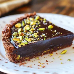 To make the dark chocolate pistachio tart, you will need: - 1 ½ cups all-purpose flour - ¼ cup unsweetened cocoa powder - ½ teaspoon salt - ½ cup unsalted butter, chilled and diced - ¼ cup powdered sugar - 1 large egg, beaten - 1 cup dark chocolate chips (70% cocoa or higher) - ½ cup heavy cream - ½ cup unsalted roasted pistachios, chopped - 1 teaspoon vanilla extract - Sea salt, for garnish Here are some quick conversions to help you: - 1 cup = 8 fluid ounces - ½ cup = 4 fluid ounces - ¼ cup = 2 fluid ounces - 1 tablespoon = ½ ounce - 1 teaspoon = ⅙ ounce Choosing the right ingredients is key. Here’s how to pick the best: - Dark Chocolate: Look for chocolate with at least 70% cocoa content. This gives a rich flavor. Check for a smooth texture and minimal ingredients. Avoid brands with too many additives. - Pistachios: Choose unsalted and roasted pistachios for the best taste. They should be bright green with no dark spots. Fresh nuts should smell sweet and nutty, not stale. These tips will enhance your tart's flavor and texture. Happy baking! {{ingredient_image_1}} To start, preheat your oven to 350°F (175°C). In a bowl, mix 1 ½ cups of all-purpose flour, ¼ cup of unsweetened cocoa powder, and ½ teaspoon of salt. This mix is the base of your crust. Next, add ½ cup of chilled, diced unsalted butter. Use your fingers to mix until it looks like coarse crumbs. Now, stir in ¼ cup of powdered sugar for sweetness. Next, add 1 beaten egg. Mix until the dough comes together. If it feels sticky, add a bit more flour. Shape the dough into a ball, wrap it in plastic, and chill for 30 minutes. This helps it hold shape when you bake. After chilling, roll out the dough on a floured surface. You want it to fit a 9-inch tart pan. Place the dough in the pan, pressing it into the corners. Prick the bottom with a fork to prevent bubbles. Cover the dough with parchment paper and fill it with pie weights or dried beans. Bake for 15 minutes. Then, remove the weights and cook for an extra 5-10 minutes until the crust is firm and slightly cracked. Let it cool on a wire rack. For the filling, use a saucepan over medium heat. Combine 1 cup of dark chocolate chips (70% cocoa or higher) with ½ cup of heavy cream. Stir until melted and smooth. This step is key for rich flavor. Once melted, take it off the heat and stir in 1 teaspoon of vanilla extract. Now, fold in ½ cup of chopped unsalted roasted pistachios. This adds a nice crunch and flavor to the filling. Make sure the pistachios are evenly mixed in. Pour the chocolate pistachio mixture into the cooled tart shell. Smooth the top with a spatula so it looks nice. Once filled, refrigerate the tart for at least 2 hours. This chilling time lets the filling set fully. When ready to serve, sprinkle with sea salt for a touch of flair. Your dark chocolate pistachio tart is now ready to impress! To make a great tart crust, start with cold butter. This helps create a flaky texture. Mix the flour, cocoa powder, and salt well. When you add butter, mix until it looks like crumbs. Be gentle; overworking it can make the crust tough. After mixing in the sugar and egg, chill the dough. This step is vital. It helps the crust hold its shape when baked. When rolling out the dough, use a floured surface. This prevents sticking. Press the dough into the pan and prick it with a fork. This lets steam escape and keeps the crust flat. For a smooth chocolate filling, use high-quality dark chocolate. I recommend chocolate chips with at least 70% cocoa. Melt the chocolate and cream together over medium heat. Stir constantly to avoid burning. Once melted, mix in vanilla extract. Be careful not to overheat. After blending, fold in the pistachios gently. This keeps the filling smooth. Pour the mixture into the cooled crust and smooth it out. This helps create an even surface. When it’s time to serve, slice the tart carefully. Use a sharp knife for clean cuts. Place each slice on a dessert plate. To make it fancy, garnish with whole pistachios and a dollop of whipped cream. A sprinkle of sea salt enhances the flavor and adds a nice touch. This makes the tart look inviting and delicious. Enjoy the compliments from your guests! Pro Tips Use High-Quality Chocolate: For the best flavor, opt for dark chocolate with at least 70% cocoa content. This will enhance the richness of the tart and provide a more luxurious finish. Chill the Tart Properly: Allow the tart to chill in the refrigerator for the full 2 hours to ensure the filling sets completely. This step prevents the chocolate from being too soft when sliced. Experiment with Nuts: While pistachios are a great choice, feel free to experiment with other nuts like walnuts or hazelnuts for a different flavor profile and crunch. Presentation Matters: Garnish each slice with a sprinkle of sea salt and a dollop of whipped cream or a scoop of vanilla ice cream for an elegant touch that enhances the dessert's visual appeal. {{image_2}} If you want to switch things up, try using other nuts. Almonds, walnuts, or hazelnuts work well. Each nut brings a unique taste and crunch. Almonds add a sweet and buttery flavor. Walnuts offer a rich and earthy note. Hazelnuts bring a delightful hint of chocolate. Simply chop the nuts and fold them into your chocolate mix just like you would with pistachios. You can enhance your tart with spices or citrus. A dash of cinnamon adds warmth. A pinch of nutmeg brings out the chocolate flavor. For a citrus twist, add orange zest. This makes the tart fresh and bright. Just mix in the spices or zest into your chocolate filling before pouring it into the crust. You’ll be surprised how much flavor this adds! If you need a gluten-free option, swap the flour. Use almond flour or a gluten-free blend. Almond flour gives a nice nutty taste. Just follow the same steps in the recipe. Make sure to check that your chocolate and other ingredients are gluten-free too. This way, everyone can enjoy your delicious tart without worry! To keep your dark chocolate pistachio tart fresh, store it in the fridge. Use an airtight container to prevent it from drying out. If you plan to eat it within a few days, this is perfect. Always place a piece of plastic wrap over the tart before sealing it. This simple step helps keep the tart moist and tasty. Avoid stacking other items on top of the container to prevent damage. If you want to save the tart for later, freezing works well. First, make sure the tart is fully cooled. Slice it into pieces for easier thawing. Wrap each slice in plastic wrap, then place them in a freezer-safe bag. Squeeze out as much air as you can before sealing. The tart can stay in the freezer for up to three months. When you're ready to enjoy it, let the slices thaw in the fridge overnight. When stored properly, the dark chocolate pistachio tart lasts about five days in the fridge. If frozen, it can last up to three months. Just remember, the sooner you eat it, the better it tastes! The chocolate stays rich, and the pistachios remain crunchy when fresh. Always check for any signs of spoilage, like off smells or changes in texture, before serving. I recommend using dark chocolate with at least 70% cocoa. This gives a rich, bold flavor. Brands like Ghirardelli or Valrhona work well. Look for high-quality chocolate that is smooth and glossy. This will make your tart taste amazing. Yes, you can make this tart ahead of time. It stays fresh in the fridge for about three days. Just cover it well with plastic wrap. You can also freeze it for up to a month. Just remember to thaw it in the fridge before serving. The tart is set when the filling is firm to the touch. It should not jiggle when you gently shake it. After chilling for at least two hours, press the center lightly. If it feels solid, it’s ready to slice and serve. If it’s still soft, give it more chilling time. This blog post covered how to make a dark chocolate pistachio tart. We looked at key ingredients, including quality chocolate and nuts. I shared step-by-step instructions, tips for perfecting your tart, and variations to try. You can also find storage advice to keep your tart fresh. In closing, enjoy making this tart and impressing your friends. It’s a simple treat with rich flavors everyone will love.