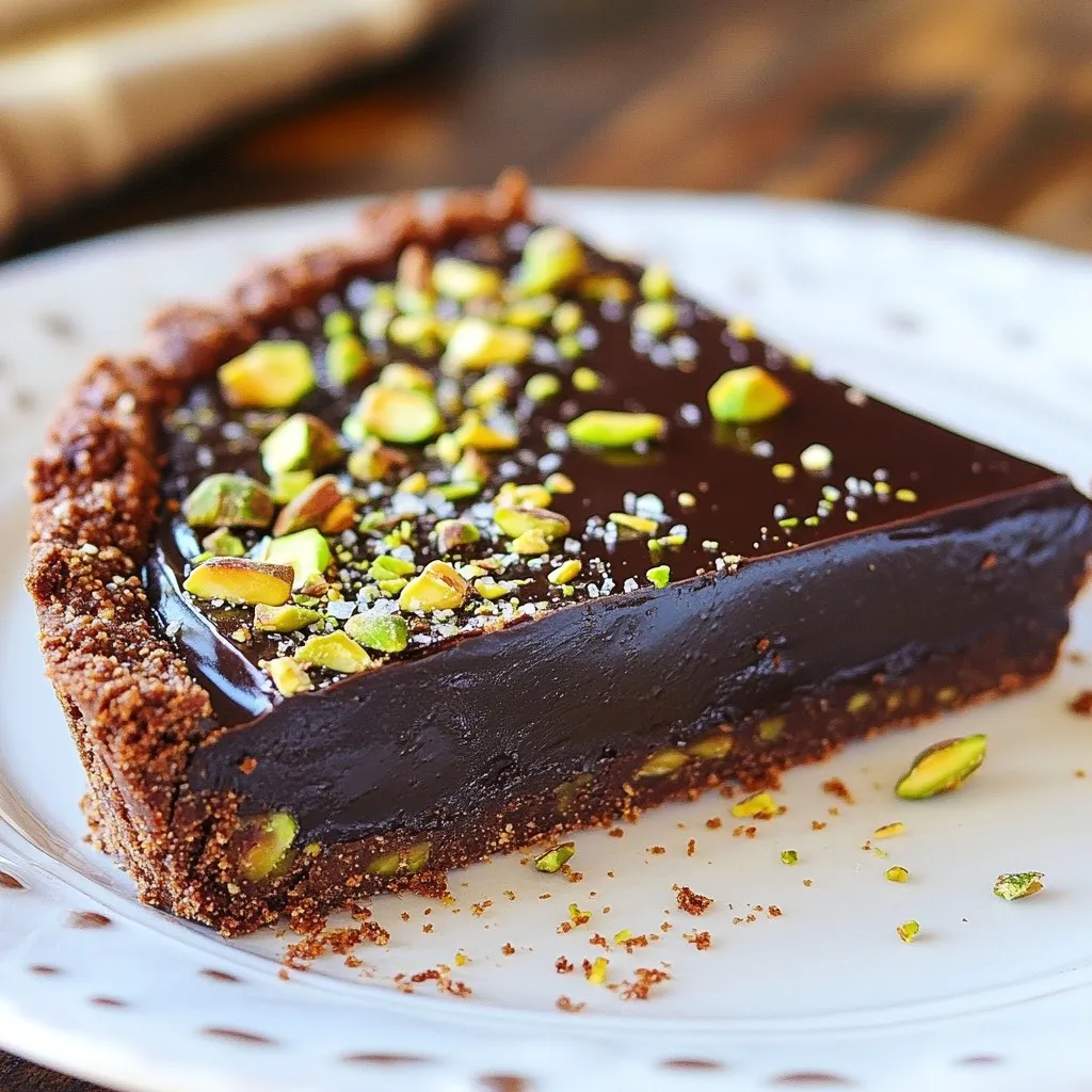 To make the dark chocolate pistachio tart, you will need: - 1 ½ cups all-purpose flour - ¼ cup unsweetened cocoa powder - ½ teaspoon salt - ½ cup unsalted butter, chilled and diced - ¼ cup powdered sugar - 1 large egg, beaten - 1 cup dark chocolate chips (70% cocoa or higher) - ½ cup heavy cream - ½ cup unsalted roasted pistachios, chopped - 1 teaspoon vanilla extract - Sea salt, for garnish Here are some quick conversions to help you: - 1 cup = 8 fluid ounces - ½ cup = 4 fluid ounces - ¼ cup = 2 fluid ounces - 1 tablespoon = ½ ounce - 1 teaspoon = ⅙ ounce Choosing the right ingredients is key. Here’s how to pick the best: - Dark Chocolate: Look for chocolate with at least 70% cocoa content. This gives a rich flavor. Check for a smooth texture and minimal ingredients. Avoid brands with too many additives. - Pistachios: Choose unsalted and roasted pistachios for the best taste. They should be bright green with no dark spots. Fresh nuts should smell sweet and nutty, not stale. These tips will enhance your tart's flavor and texture. Happy baking! {{ingredient_image_1}} To start, preheat your oven to 350°F (175°C). In a bowl, mix 1 ½ cups of all-purpose flour, ¼ cup of unsweetened cocoa powder, and ½ teaspoon of salt. This mix is the base of your crust. Next, add ½ cup of chilled, diced unsalted butter. Use your fingers to mix until it looks like coarse crumbs. Now, stir in ¼ cup of powdered sugar for sweetness. Next, add 1 beaten egg. Mix until the dough comes together. If it feels sticky, add a bit more flour. Shape the dough into a ball, wrap it in plastic, and chill for 30 minutes. This helps it hold shape when you bake. After chilling, roll out the dough on a floured surface. You want it to fit a 9-inch tart pan. Place the dough in the pan, pressing it into the corners. Prick the bottom with a fork to prevent bubbles. Cover the dough with parchment paper and fill it with pie weights or dried beans. Bake for 15 minutes. Then, remove the weights and cook for an extra 5-10 minutes until the crust is firm and slightly cracked. Let it cool on a wire rack. For the filling, use a saucepan over medium heat. Combine 1 cup of dark chocolate chips (70% cocoa or higher) with ½ cup of heavy cream. Stir until melted and smooth. This step is key for rich flavor. Once melted, take it off the heat and stir in 1 teaspoon of vanilla extract. Now, fold in ½ cup of chopped unsalted roasted pistachios. This adds a nice crunch and flavor to the filling. Make sure the pistachios are evenly mixed in. Pour the chocolate pistachio mixture into the cooled tart shell. Smooth the top with a spatula so it looks nice. Once filled, refrigerate the tart for at least 2 hours. This chilling time lets the filling set fully. When ready to serve, sprinkle with sea salt for a touch of flair. Your dark chocolate pistachio tart is now ready to impress! To make a great tart crust, start with cold butter. This helps create a flaky texture. Mix the flour, cocoa powder, and salt well. When you add butter, mix until it looks like crumbs. Be gentle; overworking it can make the crust tough. After mixing in the sugar and egg, chill the dough. This step is vital. It helps the crust hold its shape when baked. When rolling out the dough, use a floured surface. This prevents sticking. Press the dough into the pan and prick it with a fork. This lets steam escape and keeps the crust flat. For a smooth chocolate filling, use high-quality dark chocolate. I recommend chocolate chips with at least 70% cocoa. Melt the chocolate and cream together over medium heat. Stir constantly to avoid burning. Once melted, mix in vanilla extract. Be careful not to overheat. After blending, fold in the pistachios gently. This keeps the filling smooth. Pour the mixture into the cooled crust and smooth it out. This helps create an even surface. When it’s time to serve, slice the tart carefully. Use a sharp knife for clean cuts. Place each slice on a dessert plate. To make it fancy, garnish with whole pistachios and a dollop of whipped cream. A sprinkle of sea salt enhances the flavor and adds a nice touch. This makes the tart look inviting and delicious. Enjoy the compliments from your guests! Pro Tips Use High-Quality Chocolate: For the best flavor, opt for dark chocolate with at least 70% cocoa content. This will enhance the richness of the tart and provide a more luxurious finish. Chill the Tart Properly: Allow the tart to chill in the refrigerator for the full 2 hours to ensure the filling sets completely. This step prevents the chocolate from being too soft when sliced. Experiment with Nuts: While pistachios are a great choice, feel free to experiment with other nuts like walnuts or hazelnuts for a different flavor profile and crunch. Presentation Matters: Garnish each slice with a sprinkle of sea salt and a dollop of whipped cream or a scoop of vanilla ice cream for an elegant touch that enhances the dessert's visual appeal. {{image_2}} If you want to switch things up, try using other nuts. Almonds, walnuts, or hazelnuts work well. Each nut brings a unique taste and crunch. Almonds add a sweet and buttery flavor. Walnuts offer a rich and earthy note. Hazelnuts bring a delightful hint of chocolate. Simply chop the nuts and fold them into your chocolate mix just like you would with pistachios. You can enhance your tart with spices or citrus. A dash of cinnamon adds warmth. A pinch of nutmeg brings out the chocolate flavor. For a citrus twist, add orange zest. This makes the tart fresh and bright. Just mix in the spices or zest into your chocolate filling before pouring it into the crust. You’ll be surprised how much flavor this adds! If you need a gluten-free option, swap the flour. Use almond flour or a gluten-free blend. Almond flour gives a nice nutty taste. Just follow the same steps in the recipe. Make sure to check that your chocolate and other ingredients are gluten-free too. This way, everyone can enjoy your delicious tart without worry! To keep your dark chocolate pistachio tart fresh, store it in the fridge. Use an airtight container to prevent it from drying out. If you plan to eat it within a few days, this is perfect. Always place a piece of plastic wrap over the tart before sealing it. This simple step helps keep the tart moist and tasty. Avoid stacking other items on top of the container to prevent damage. If you want to save the tart for later, freezing works well. First, make sure the tart is fully cooled. Slice it into pieces for easier thawing. Wrap each slice in plastic wrap, then place them in a freezer-safe bag. Squeeze out as much air as you can before sealing. The tart can stay in the freezer for up to three months. When you're ready to enjoy it, let the slices thaw in the fridge overnight. When stored properly, the dark chocolate pistachio tart lasts about five days in the fridge. If frozen, it can last up to three months. Just remember, the sooner you eat it, the better it tastes! The chocolate stays rich, and the pistachios remain crunchy when fresh. Always check for any signs of spoilage, like off smells or changes in texture, before serving. I recommend using dark chocolate with at least 70% cocoa. This gives a rich, bold flavor. Brands like Ghirardelli or Valrhona work well. Look for high-quality chocolate that is smooth and glossy. This will make your tart taste amazing. Yes, you can make this tart ahead of time. It stays fresh in the fridge for about three days. Just cover it well with plastic wrap. You can also freeze it for up to a month. Just remember to thaw it in the fridge before serving. The tart is set when the filling is firm to the touch. It should not jiggle when you gently shake it. After chilling for at least two hours, press the center lightly. If it feels solid, it’s ready to slice and serve. If it’s still soft, give it more chilling time. This blog post covered how to make a dark chocolate pistachio tart. We looked at key ingredients, including quality chocolate and nuts. I shared step-by-step instructions, tips for perfecting your tart, and variations to try. You can also find storage advice to keep your tart fresh. In closing, enjoy making this tart and impressing your friends. It’s a simple treat with rich flavors everyone will love.