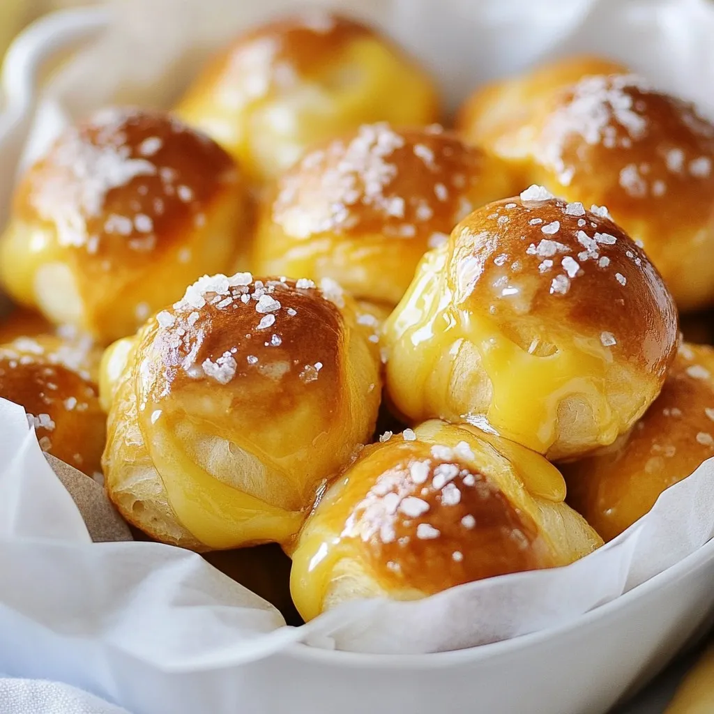 To make buttery soft pretzel bites, you need: - 1 cup warm water (about 110°F) - 2 tablespoons granulated sugar - 2 teaspoons salt - 2 teaspoons active dry yeast - 2 ½ cups all-purpose flour - 4 tablespoons unsalted butter, melted (plus more for brushing) - ½ cup baking soda - 1 large egg, beaten - Coarse sea salt, for sprinkling You can swap some ingredients if needed: - Use brown sugar instead of granulated sugar for a richer taste. - If you don’t have all-purpose flour, use bread flour for more chew. - You can replace unsalted butter with coconut oil for a dairy-free option. - Baking soda can be switched with baking powder in a pinch, but it may change the texture. Each ingredient plays a role in making these pretzel bites great: - Warm water helps activate the yeast, making the dough rise. - Sugar feeds the yeast, aiding in the fermentation process. - Salt enhances flavor and controls yeast activity. - Active dry yeast is crucial for the dough to become fluffy. - Unsalted butter adds richness and a soft texture. - Baking soda gives the pretzel bites their classic flavor and color. With these ingredients, you’ll make soft pretzel bites that are perfect for snacking. Enjoy the process and watch your bites turn golden brown! {{ingredient_image_1}} Start by mixing warm water, sugar, and salt in a bowl. Sprinkle the yeast on top and let it sit for 5 minutes. You want it to get frothy. This shows the yeast is alive. Next, add melted butter and flour into the bowl. Stir until a dough starts to form. Now, knead the dough on a floured surface for 5 to 7 minutes. You want it smooth and elastic. After kneading, place the dough in a greased bowl. Cover it with a damp cloth and let it rise in a warm spot for about 1 hour. It should double in size. Preheat your oven to 450°F (232°C) and line two baking sheets with parchment paper. In a large pot, bring 10 cups of water and ½ cup of baking soda to a boil. After the dough has risen, punch it down and divide it into small pieces. Roll each piece into a rope and cut it into bite-sized pieces. Carefully drop the pretzel bites into the boiling water for about 30 seconds. Use a slotted spoon to take them out and place them on the baking sheets. Brush each bite with beaten egg and sprinkle with coarse sea salt. Bake the pretzel bites for 12 to 15 minutes. You want them golden brown. For a richer taste, brush the baked bites with more melted butter right after they come out of the oven. To get the best pretzel bites, make sure your dough rises properly. A warm spot is key. When boiling, do not overcrowd the pot; work in batches. This ensures they cook evenly. Also, keep an eye on the baking time. Every oven is different, so check for that golden brown color. Serve the pretzel bites warm for the best taste. Pair them with a creamy cheese sauce or a spicy mustard dip for extra flavor. Enjoy your tasty snack! To make buttery soft pretzel bites, follow these tips: - Use warm water, around 110°F, to help the yeast grow. - Make sure the yeast is frothy before mixing it with flour. - Knead the dough until it feels smooth and elastic. - Let the dough rise in a warm spot until it doubles in size. - Don't forget to boil the pretzel bites before baking. This step gives them their classic texture. For the best results with your pretzel bites: - Use unsalted butter to control the salt level. - Brush the bites with melted butter right after baking for extra richness. - Sprinkle coarse sea salt generously for a nice crunch. - Experiment with different toppings like cheese or garlic powder for added flavor. Avoid these common mistakes: - Skipping the rising time can lead to dense bites. - Over-boiling the pretzel bites can make them tough. - Not using enough flour while kneading can make the dough sticky. - Forgetting to preheat the oven may result in uneven baking. With these tips, your buttery soft pretzel bites will turn out perfect every time! Pro Tips Use Fresh Yeast: Always check the expiration date of your yeast. Fresh yeast will ensure your pretzel bites rise properly and have the best texture. Knead Thoroughly: Kneading the dough for the full 5-7 minutes is crucial. This develops the gluten and gives your pretzel bites that perfect chewy texture. Boil for Flavor: Don't skip the boiling step! Boiling the pretzel bites in baking soda water enhances their flavor and gives them that classic pretzel crust. Brush for Extra Richness: Brushing the pretzel bites with melted butter immediately after baking adds a delicious richness and makes them extra irresistible. {{image_2}} You can easily change the flavor of your pretzel bites. For a cheesy twist, add shredded cheese to the dough. Cheddar or mozzarella work great. You can also sprinkle cheese on top before baking. For a garlic flavor, mix garlic powder into the dough or brush melted garlic butter on top after baking. Dipping sauces can take your pretzel bites to the next level. Classic cheese sauce is a favorite. You can make it by melting cheese with some cream. Mustard, especially spicy mustard, pairs well too. If you want something sweet, try a honey mustard sauce or a warm chocolate dip. Each sauce offers a unique taste. Serve your pretzel bites warm for the best experience. Place them in a basket lined with parchment paper. This keeps them warm and adds a nice touch. You can also add a side of dipping sauces for guests to choose from. This creates a fun and interactive snack time. Enjoy them at parties, game days, or cozy nights in. To keep leftover pretzel bites fresh, place them in an airtight container. You can also wrap them in plastic wrap or foil. Store them at room temperature for up to two days. If you want to keep them longer, refrigeration is an option, but it may change the texture slightly. When you want to enjoy your pretzel bites again, reheating is key. Preheat your oven to 350°F (175°C). Arrange the bites on a baking sheet. Heat them for about 5-7 minutes. This method helps restore their soft texture. You can also microwave them, but they may get chewy. If using a microwave, heat in 15-20 second intervals. Freezing is a great way to save pretzel bites for later. Allow them to cool completely first. Then, place them in a freezer-safe bag or container. Make sure to remove as much air as possible. They can last up to three months in the freezer. When ready to eat, thaw in the fridge overnight and reheat as mentioned before. This way, you can always have a tasty snack on hand! You can tell when your pretzel bites are perfectly baked by looking at their color. They should be a rich golden brown. If you tap the bottom, it should sound hollow. This means they are done. The baking time is usually between 12 to 15 minutes. Keep an eye on them as they bake. If they start to darken too quickly, pull them out early. Yes, you can use whole wheat flour instead of all-purpose flour. However, this may change the texture. Whole wheat flour will make the bites denser and a bit chewier. You might also need to add a little more water. Start with equal amounts and adjust as needed. It’s a great way to add more fiber to your snack. Serve homemade pretzel bites warm for the best taste. You can place them in a basket lined with parchment paper for a nice touch. Pair them with a creamy cheese sauce or a spicy mustard for dipping. These flavors go well with the salty pretzels. You can also sprinkle some herbs on top for a twist! You now have a complete guide on making pretzel bites, from ingredients to storage. We covered key flavors, step-by-step dough prep, and common mistakes to avoid. Don't forget to try different flavors or dips to find your favorites. Making pretzel bites can be fun and rewarding. With practice, you'll create snacks that everyone loves. Happy baking!