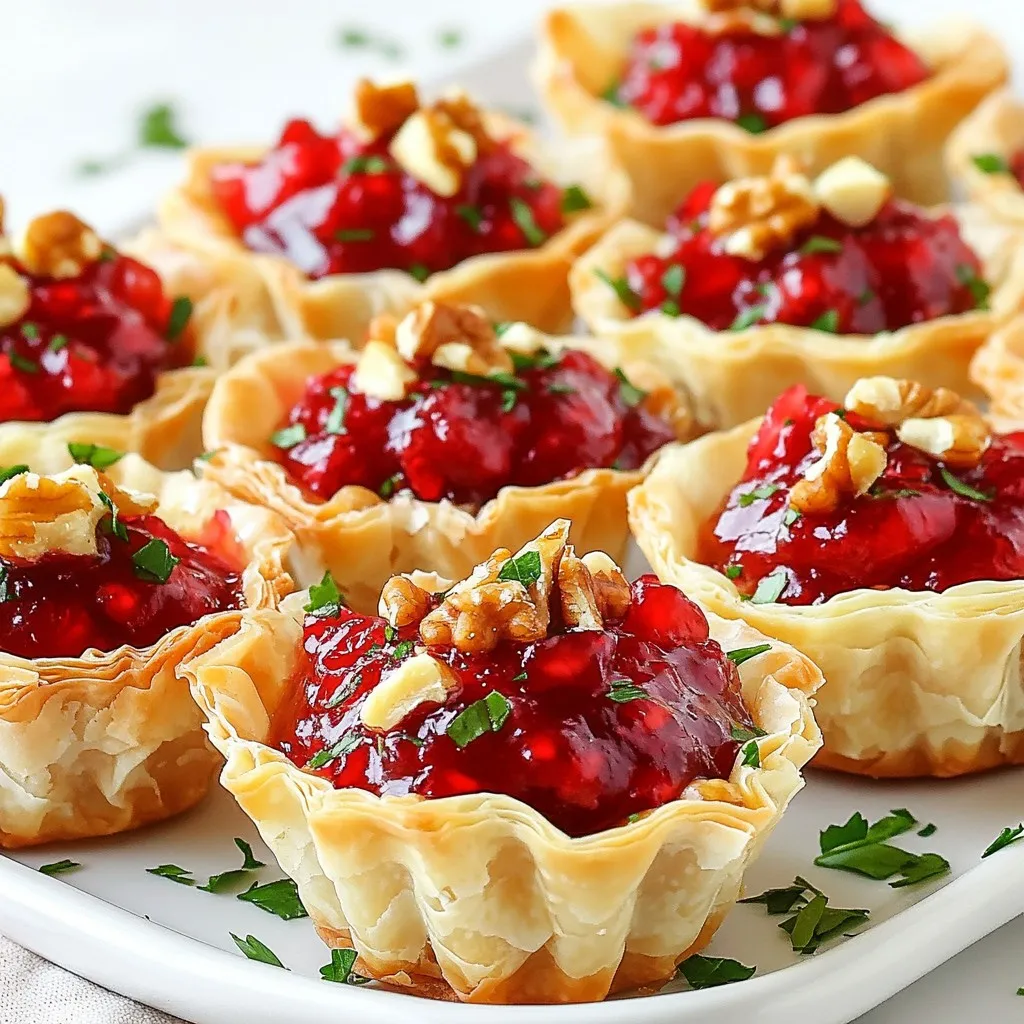 To make Cranberry Brie Phyllo Cups, gather these simple ingredients: - 12 sheets of phyllo dough - 1 cup brie cheese, cut into small cubes - 1 cup cranberry sauce (homemade or store-bought) - 1/4 cup fresh parsley, finely chopped - 1/4 cup chopped walnuts (optional) - 1/2 teaspoon garlic powder - 1/2 teaspoon black pepper - 1/4 cup melted butter These items create a tasty blend of flavors. The brie cheese adds creaminess, while the cranberry sauce brings sweetness. You can easily swap out some ingredients if needed: - Use goat cheese instead of brie for a tangy twist. - Try store-bought cranberry sauce if you don't have time to make it. - If you can't find walnuts, pecans or almonds work well. - Fresh herbs like thyme or chives can replace parsley for a different taste. These swaps keep the dish fun and flexible. Using fresh ingredients makes a big difference in flavor. Fresh parsley brightens the dish. Quality brie melts beautifully, creating a rich texture. Homemade cranberry sauce can enhance the taste even more. When you use fresh ingredients, your Cranberry Brie Phyllo Cups will impress everyone. They will taste better and look more appealing. Choose wisely for a festive treat! {{ingredient_image_1}} To start, preheat your oven to 375°F (190°C). This step is key for crisp phyllo cups. Next, carefully unroll your phyllo dough on a clean surface. Place a damp cloth over the sheets. This keeps them moist and easy to work with. Take one sheet of phyllo dough and brush it with melted butter. Lay a second sheet on top. Repeat this layering process for a total of four sheets. The layers give your cups a nice crunch. Now, cut the layered phyllo into 3-inch squares. Gently press each square into a mini muffin tin. This forms the cup shape. Repeat this step until you use all the phyllo dough. In a mixing bowl, combine the brie cheese cubes and cranberry sauce. You can use homemade or store-bought sauce. Add the finely chopped parsley and walnuts if you want a nutty touch. Sprinkle in the garlic powder and black pepper. Mix these ingredients gently until they blend well. This mixture creates a burst of flavor in each cup. Place the prepared phyllo cups in your preheated oven. Bake them for about 10 minutes. You want them golden brown and crispy. After baking, take them out and let them cool for a few minutes. Now, fill each baked phyllo cup with your cranberry-brie mixture. Be generous with the filling. Return the filled cups to the oven. Bake for an additional 5 to 7 minutes. You want the brie to melt and bubble slightly. Once done, let them cool before serving. These cups are perfect for any holiday gathering. Enjoy your delicious creation! Working with phyllo dough can be fun but tricky. Keep your dough moist. Use a damp cloth over the sheets while you work. This helps prevent it from drying out and breaking. Layering is key. Use four sheets at a time for extra crunch. Brush each sheet with melted butter for that golden look. Serve your phyllo cups warm. They taste best fresh from the oven. Arrange them on a nice platter for a festive look. Sprinkle extra parsley on top for color. This small touch makes them even more appealing. Guests will love the warm, gooey cheese and tart cranberry mix. Want to spice things up? Add chopped nuts like walnuts for crunch. They give a nice texture. You can also try different cheeses. Goat cheese or cream cheese can work well. For a sweet twist, mix in a bit of honey or a dash of cinnamon. Each change makes your phyllo cups unique and exciting. Pro Tips Keep Phyllo Dough Moist: To prevent the phyllo dough from drying out, always cover the unrolled sheets with a damp cloth while you work. Customize Fillings: Feel free to experiment with different fillings, such as caramelized onions or roasted red peppers, for a unique flavor twist. Serve Warm: These phyllo cups are best served warm, so consider baking them just before your guests arrive for the freshest taste. Garnish for Presentation: A sprinkle of extra parsley or a drizzle of balsamic glaze can enhance the visual appeal of your dish. {{image_2}} You can try different cheeses for fun flavors. Cream cheese offers a smooth texture. Goat cheese adds a tangy twist. A sharp cheddar can give a bold taste. Each cheese changes the cups' flavor profile. Swap out the cranberry sauce for other spreads. Fig jam brings sweetness and depth. A savory onion jam adds a rich taste. You can also use apple butter for a seasonal touch. Each spread can change how the cups taste. Change the fruit based on the season. In fall, use spiced apple slices. For winter, consider pomegranate seeds for color and crunch. In summer, fresh berries like strawberries or raspberries work well. Seasonal fruits can make these cups even more special. To keep your leftover Cranberry Brie Phyllo Cups fresh, use an airtight container. Place a layer of paper towel at the bottom. This helps absorb moisture and keeps the cups crispy. Store the container in the fridge. They are best eaten within two days for optimal taste. When you are ready to enjoy the leftovers, preheat your oven to 350°F (175°C). Place the phyllo cups on a baking sheet. Heat them for about 8 to 10 minutes. This method warms them through and keeps them crispy. Avoid using the microwave, as it can make the phyllo dough soggy. You can freeze the phyllo cups before baking. Assemble them as instructed, but do not bake. Place them in a single layer on a baking sheet and freeze until firm. After that, transfer them to a freezer-safe bag or container. These cups can stay fresh for up to three months. When you're ready to bake, simply remove them from the freezer. Bake from frozen for an extra 5 to 7 minutes. Enjoy the fresh, crispy taste even after freezing! Yes, you can make these phyllo cups in advance. Prepare the phyllo cups and fill them with the cranberry-brie mixture. Then, cover them and store them in the fridge for up to a day. When you are ready to serve, just pop them in the oven to warm up. This saves time and helps with party prep. Cranberry Brie Phyllo Cups work well with many dishes. You can serve them with a fresh salad or a charcuterie board. Pair them with cheeses, meats, and fruits for a great mix. They also go well with a light wine or sparkling drink. These options round out the meal and make it festive. This recipe is almost vegetarian as it uses brie cheese. To keep it fully vegetarian, ensure your brie does not contain animal rennet. You can also add more veggies, like spinach or mushrooms, to the filling. This adds flavor and makes the dish more filling while keeping it meat-free. This article gave you a clear guide to making Cranberry-Brie Phyllo Cups. We covered required ingredients and helpful substitutions. Fresh ingredients are key for great flavor. The step-by-step instructions ensure your cups turn out perfect every time. You also learned tips on handling phyllo dough and best serving practices. Enjoying variations allows for fun twists too. Lastly, proper storage will keep your leftovers tasty. With these insights, you can impress friends and family with your cooking skills. Enjoy your delicious creation!