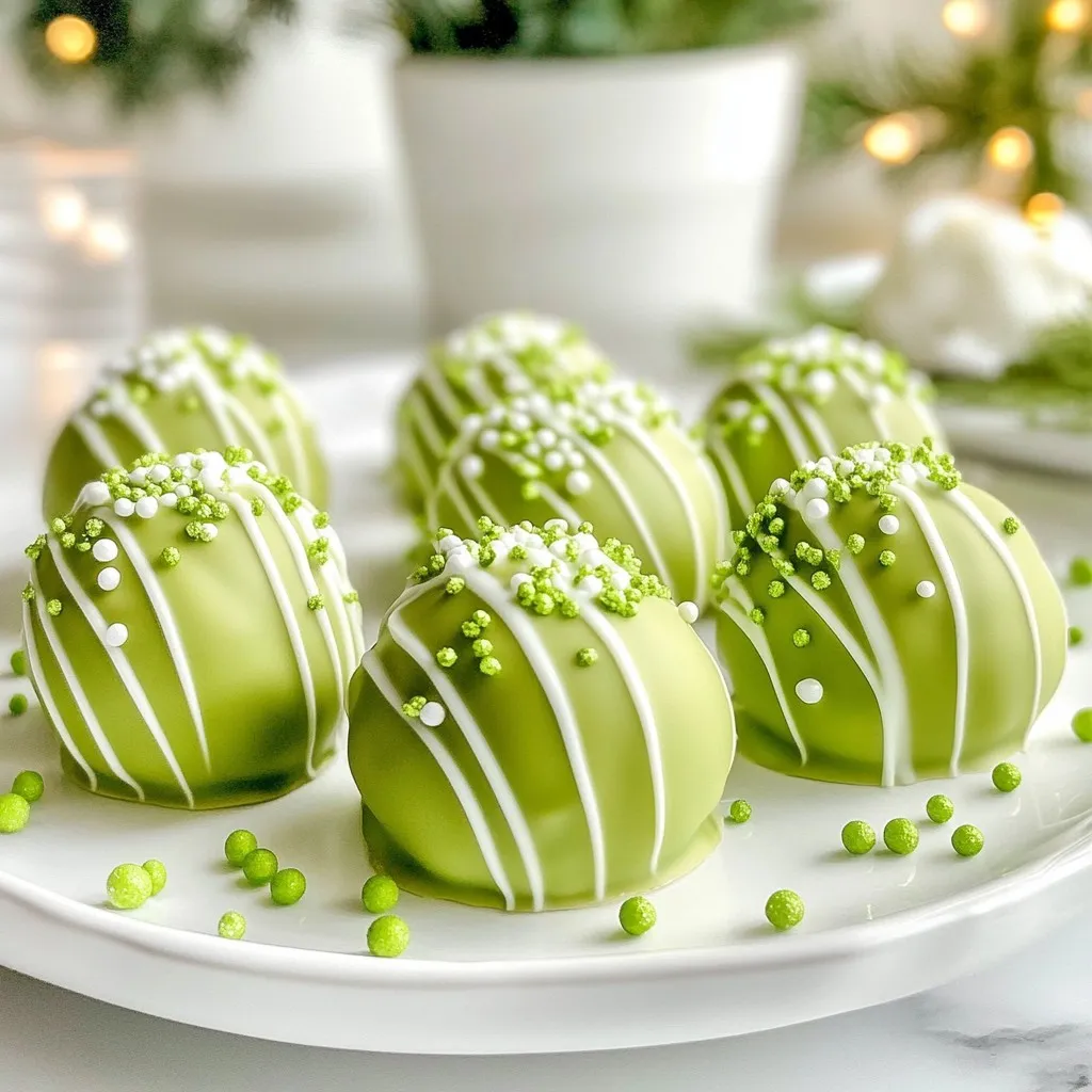 - Oreo cookies - Cream cheese - Green candy melts - White chocolate chips - Peppermint extract - Green sprinkles For these No-Bake Grinch Oreo Truffles, you need just a few key ingredients. First, grab a package of Oreo cookies. Make sure the cream filling is intact. You will also need 8 ounces of softened cream cheese. This gives the truffles their rich and creamy texture. Next, get 1 cup of green candy melts. These will coat your truffles and add that festive color. Besides the main ingredients, you can add a touch of white chocolate chips for extra sweetness. A hint of peppermint extract adds a fun flavor twist. Finally, green sprinkles will make your truffles look merry and bright. These ingredients come together to create a treat that is both tasty and festive. You can easily find them at any grocery store. Gather your ingredients and get ready to make these fun treats! {{ingredient_image_1}} To start, grab your package of Oreo cookies. Place them in a food processor. Pulse the cookies for about 20-30 seconds. You want them to turn into fine crumbs. This step is key for the texture of your truffles. Next, take a mixing bowl. Combine the Oreo crumbs with 8 oz of softened cream cheese. Add in ½ teaspoon of peppermint extract. Mix everything together until it forms a dough-like consistency. You should see a uniform blend, with no white cream cheese left. This mixture is the base of your truffles. Now, it’s time to shape the mixture. Use your hands to roll the Oreo mixture into small balls. Aim for about 1 inch in size. You can make around 20-24 truffles with this batch. Once you’ve rolled all the balls, place them on a baking sheet lined with parchment paper. This keeps them from sticking. Next, pop the baking sheet into the freezer for about 30 minutes. This step helps the truffles firm up, making them easier to coat later. While the truffles are freezing, it’s time to melt the green candy melts. Follow the package instructions for melting. Stir until the candy melts are smooth. Once your truffles are firm, take them out of the freezer. Dip each ball into the melted green candy melts. Make sure each truffle is fully coated. Use a fork to lift them out, letting any extra candy drip off. Place the dipped truffles back onto the parchment-lined baking sheet. Before the candy coating sets, add a festive touch. Sprinkle green sprinkles on top of each truffle. For an extra layer of fun, melt ¼ cup of white chocolate chips in a small microwave-safe bowl. Drizzle the melted chocolate over each truffle. This adds both flavor and decoration. Let the truffles harden completely. You can leave them at room temperature or pop them into the fridge for about 15-20 minutes. Now you have your No-Bake Grinch Oreo Truffles ready to enjoy! To make the best truffles, focus on the coating first. Ensure each truffle gets an even layer of the green candy melts. You can do this by using a fork. Dip the truffle in the melts, then gently tap the fork on the side of the bowl. This helps remove excess chocolate. When rolling the dough, keep your hands slightly damp. This helps prevent the mixture from sticking to your fingers. Aim for small balls, about one inch in size. Uniform sizes help them look neat and taste the same. Sprinkles can add fun and color. Use a mix of green sprinkles and red ones for a festive look. You can also try edible glitter for extra sparkle. For drizzling, melted white chocolate chips work great. You can also use dark chocolate for a richer taste. Just melt it the same way as the green candy melts. Drizzle over the truffles for an eye-catching finish. Pro Tips Use Softened Cream Cheese: Make sure your cream cheese is softened to room temperature for easier mixing and to achieve a smooth truffle texture. Chill for Firmness: Freezing the truffles before dipping helps them retain their shape and makes it easier to coat them with candy melts. Colorful Sprinkles: Use a mix of different colored sprinkles for a fun and festive look, especially if you're making these for a party. Storage Tips: Store the finished truffles in an airtight container in the fridge for up to a week to maintain freshness. {{image_2}} You can easily change the flavor of your truffles. Start by adding different extracts, like vanilla or almond. Each extract gives a new twist to the taste. For a minty kick, keep the peppermint extract. Another fun idea is to use other types of cookies. You can try using chocolate sandwich cookies or even ginger snaps for a holiday twist. Each cookie will change the flavor and make your truffles unique. Adjusting the colors can add fun for different holidays. For Halloween, use orange or black candy melts. For Valentine's Day, pink or red colors work great. Match your sprinkles to the season for extra flair. Presentation is key. You can place the truffles in festive boxes or on colorful platters. Use holiday-themed paper or decorations to make them stand out. This adds cheer and makes them perfect for sharing. You can store your No-Bake Grinch Oreo Truffles easily. First, I recommend refrigeration. Keep the truffles in the fridge for up to one week. This keeps them fresh and tasty. If you want to store them longer, freezing is a good option. Place the truffles in the freezer, and they can last up to three months. Just make sure to wrap them well so they don’t get freezer burn. Choosing the right container is key. Airtight containers work best for keeping truffles fresh. They stop air from getting in and drying them out. Jars are also great if you like to see your treats. Just be sure they have a tight seal. To prevent truffles from sticking together, I suggest using parchment paper between layers. This way, you can grab one easily when you want a sweet treat! Yes, you can make these truffles ahead of time. They taste even better after chilling. I recommend storing them in the fridge for up to one week. Just make sure to keep them in an airtight container. This helps lock in their yummy flavors. If you need a dairy-free option, try using vegan cream cheese. It works well and keeps the truffles creamy. You can also use cashew cream as a good alternative. Just soak cashews, blend, and use it in place of cream cheese. To store leftover truffles, place them in an airtight container. Keep them in the fridge for the best taste. If you want to keep them longer, you can freeze them. Just make sure to separate layers with parchment paper to avoid sticking. We’ve covered how to make delicious Oreo truffles. You learned about the main and extra ingredients, like cream cheese and peppermint. I shared step-by-step instructions to prepare, form, and coat your truffles. You also got tips to perfect them and variations for fun. Lastly, we discussed how to store these treats properly. Now, you can impress everyone with these tasty sweets. Enjoy creating your own Oreo truffles!