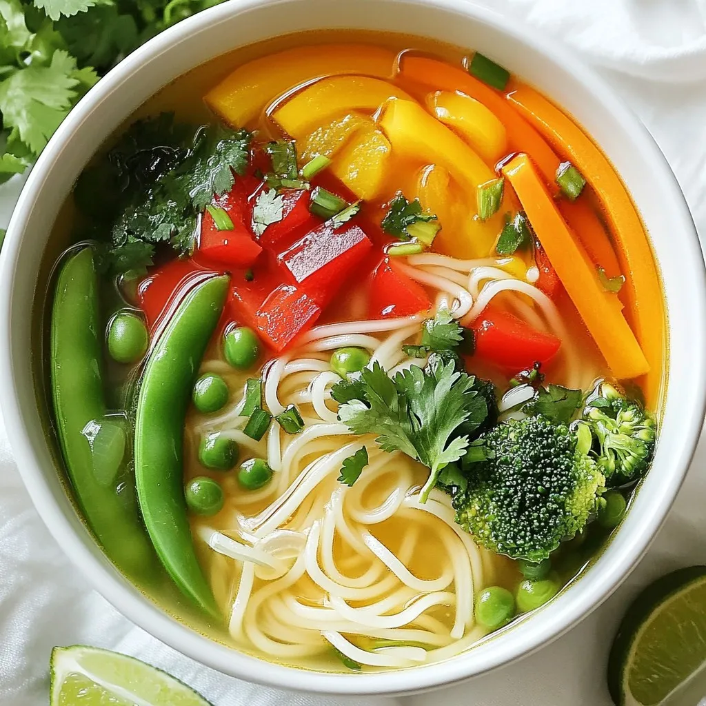 To make a tasty vegetable noodle soup, you need simple, fresh items. Here’s what you will need: - 200g rice noodles - 1 tablespoon sesame oil - 1 medium onion, diced - 2 cloves garlic, minced - 1 carrot, julienned - 1 bell pepper (red or yellow), sliced - 1 cup broccoli florets - 1 cup snap peas - 4 cups vegetable broth - 2 tablespoons soy sauce - 1 tablespoon miso paste (optional for depth) - 1 teaspoon ginger, grated You can add a few extra items to make your soup even better. Here are some great options: - Mushrooms for umami - Spinach for greens - Zucchini for extra crunch - Peas for sweetness - Fresh herbs like basil or mint Garnishes make the soup look and taste great. Here are some fun ideas: - 2 green onions, chopped - Fresh cilantro - Lime wedges for zest These ingredients come together to create a colorful, healthy dish. Enjoy the flavors and colors of your vegetable noodle soup! {{ingredient_image_1}} To start, boil water in a pot. Add the rice noodles and cook them as the package says. This usually takes about 4-6 minutes. When they are soft, drain them in a colander. Rinse them with cold water to stop the cooking. Set them aside for later. Next, grab a large pot and heat sesame oil over medium heat. Add the diced onion and minced garlic. Cook them until the onion looks clear. This should take about 3-4 minutes. The smell will be amazing! Now it’s time to add the fun stuff. Toss in the julienned carrot, sliced bell pepper, broccoli florets, and snap peas. Stir-fry these for about 4-5 minutes. You want them to be crisp but tender. Then, pour in the vegetable broth. Add soy sauce, miso paste, and grated ginger. Mix well and let it simmer gently. Finally, stir in the cooked rice noodles. Heat everything for an extra 2-3 minutes. Taste your soup, and adjust if needed. Don’t forget to garnish with green onions and cilantro before serving! Enjoy the bright flavors! To get the right texture in your soup, cook the rice noodles just right. Follow the package instructions closely. They should be soft but not mushy. Rinse them under cold water after cooking. This stops the cooking process and keeps them firm. When you add them to the soup, they will soak up the flavors without falling apart. To boost the flavor of your soup, consider these tips: - Add a dash of soy sauce for saltiness. - Use fresh ginger for a zing. - Include miso paste for a deeper taste. - Squeeze lime juice just before serving for brightness. - Top with fresh cilantro for a burst of herbiness. These small changes can take your soup from good to great! Want to save time while making your soup? Here are some hacks: - Prep your vegetables in advance. You can cut them the night before. - Use pre-cooked rice noodles if available. This cuts cooking time by half. - Make a big batch of broth ahead of time. Store it in the fridge or freezer. - Use a food processor to chop vegetables quickly. With these tips, you can enjoy a delicious vegetable noodle soup in no time! Pro Tips Use Fresh Vegetables: Fresh vegetables not only enhance the flavor but also add vibrant colors to the soup, making it visually appealing. Customize Your Broth: Feel free to use homemade vegetable broth for a deeper flavor, or add herbs like thyme or basil to elevate the taste. Adjust the Spice Level: If you enjoy a bit of heat, consider adding red pepper flakes or a dash of sriracha to spice things up. Perfect for Meal Prep: This soup stores well in the fridge for up to 3 days, making it ideal for meal prep. Just add the noodles when reheating. {{image_2}} You can easily make this soup vegan. Start with vegetable broth instead of chicken broth. The rice noodles are usually vegan, but check the package. Use soy sauce for added flavor. Miso paste adds a nice depth, too. This soup is packed with veggies, so it’s naturally vegan-friendly. If you need a gluten-free option, stick with rice noodles. They are a great choice! Make sure your soy sauce is gluten-free. You can use tamari instead of soy sauce. This soup stays tasty and safe for those with gluten issues. Feel free to add your favorite vegetables! You can add spinach, zucchini, or mushrooms. Just toss them in when you add the other veggies. For extra crunch, try adding bean sprouts or water chestnuts. This soup is all about your tastes and what you like best. To store leftover soup, let it cool first. Once cooled, pour it into an airtight container. Seal the container tightly. Place the soup in the fridge. It stays fresh for about three days. Reheat the soup on the stove for the best flavor. Pour it into a pot over medium heat. Stir often to heat evenly. You can also use a microwave. Place the soup in a microwave-safe bowl. Heat it in short bursts, stirring in between. Make sure it’s steaming hot before serving. If you want to freeze the soup, use freezer-safe containers. Leave some space at the top for expansion. Label each container with the date. The soup can last up to three months in the freezer. To thaw, move it to the fridge overnight. Reheat it on the stove or in the microwave. Yes, you can use many types of noodles. Rice noodles are light and absorb flavors well. However, you can also use egg noodles, soba noodles, or even zucchini noodles for a low-carb option. Each type will change the texture a bit, but they all work great in soup. If you choose a different noodle, cook it as directed on the package. You can add a variety of vegetables to this soup. Here are some tasty options: - Spinach - Kale - Mushrooms - Corn - Green beans - Cabbage - Peppers Feel free to mix and match based on your taste. The more colors, the better! To add heat to the soup, you have several options. Here are some ideas: - Add sliced jalapeños or red pepper flakes while cooking. - Stir in a splash of sriracha or chili garlic sauce. - Use spicy soy sauce instead of regular soy sauce. Start with a small amount and taste as you go. This way, you can control the heat level. Vegetable noodle soup is easy to make and full of flavor. We covered key ingredients like vegetables and noodles, cooking steps, and time-saving tips. You can customize the soup to fit your needs, whether vegan or gluten-free. Don't forget how to store leftovers for later. With these steps, you can enjoy a warm, tasty bowl anytime. Experiment with different flavors and enjoy your creation.