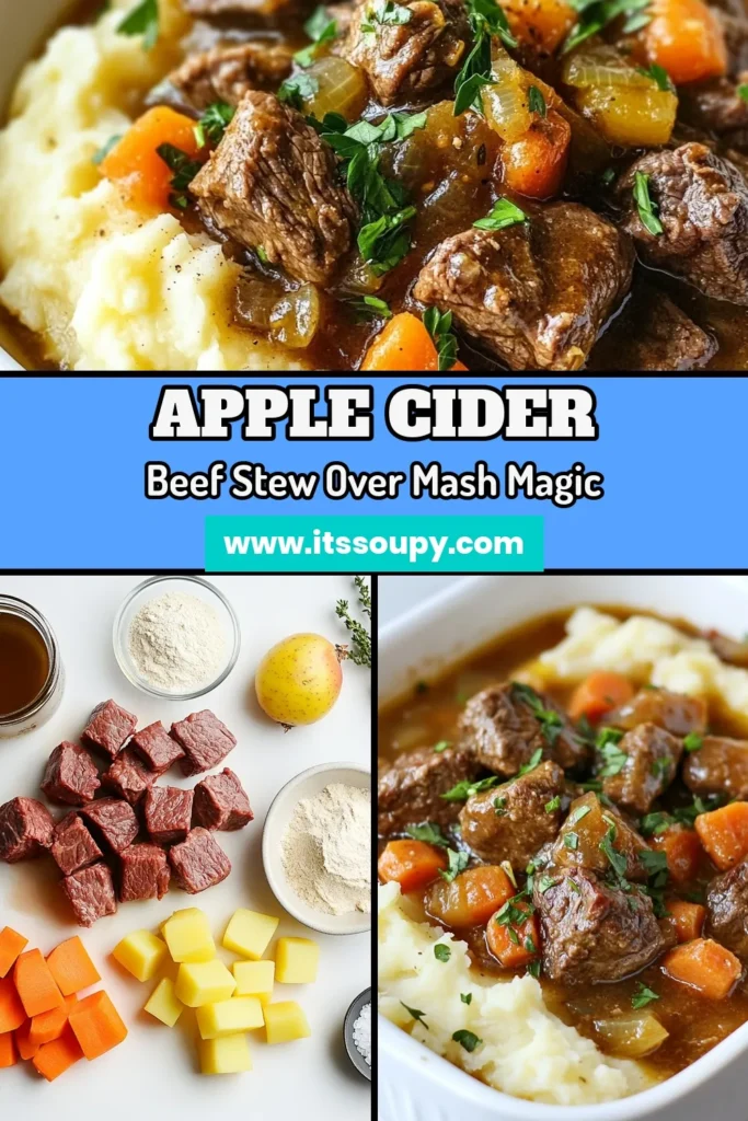 Cozy up with this delicious Apple Cider Beef Stew over Mash, the ultimate fall comfort food recipe! This hearty beef stew recipe combines tender beef chuck, savory apple cider, and colorful vegetables, all slow-cooked to perfection. Serve this flavorful beef stew over creamy mashed potatoes for a satisfying meal. Perfect for chilly evenings, it's sure to impress. Save this recipe for a delightful dinner tonight! #AppleCiderBeefStew #BeefStewOverMashedPotatoes #HeartyBeefStewRecipe #FallComfortFood