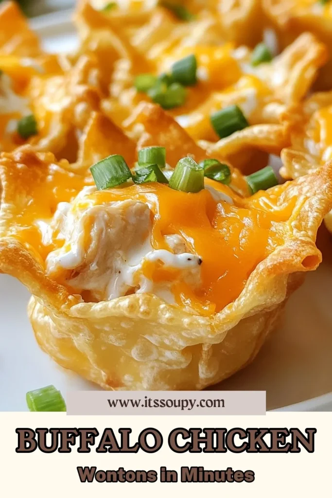 Savor the deliciousness of these Buffalo Chicken Wonton Cups! These easy buffalo chicken appetizers are perfect for parties or a tasty snack. Made with crunchy chicken snacks tucked into baked wonton cups, they’re sure to be a hit. Enjoy this flavorful recipe filled with shredded chicken, buffalo sauce, and melted cheese. Try this crowd-pleasing, quick appetizer today! Save the recipe and elevate your snack game! #BuffaloChickenWontons #Appetizers #WontonCups #EasyRecipes