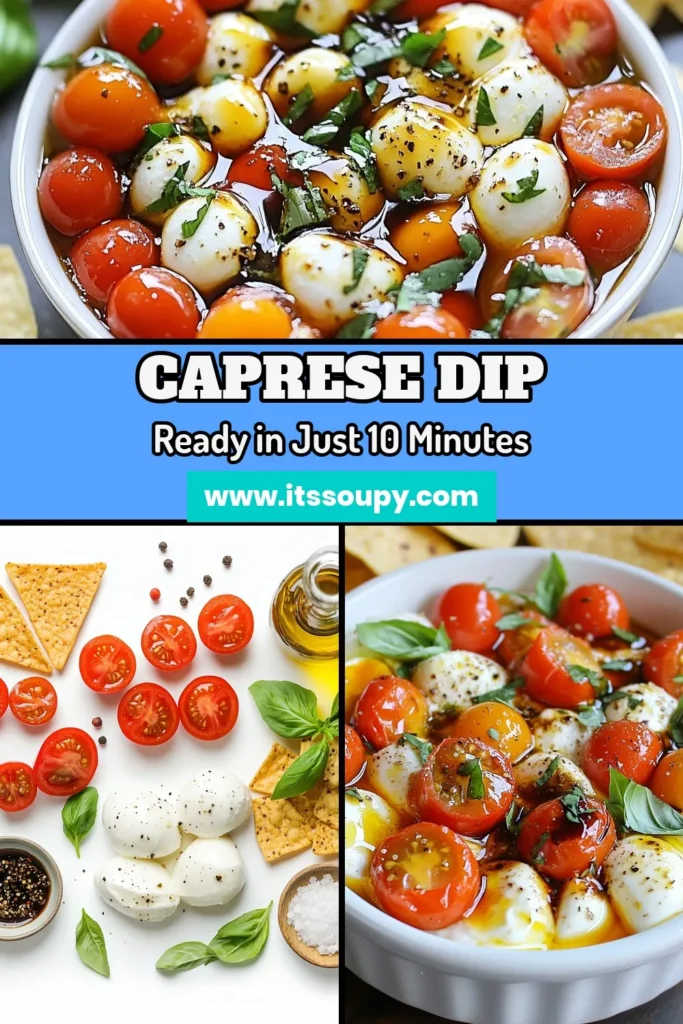 Looking for a delicious Caprese dip recipe? This easy appetizer recipe features a mouthwatering tomato mozzarella dip with fresh basil and a tangy basil dip with balsamic glaze. Perfect for parties, this quick dish takes just 10 minutes to prepare and pairs wonderfully with tortilla chips or sliced baguette. Try this crowd-pleaser at your next gathering! Save this easy Caprese dip recipe and impress your guests! #CapreseDip #PartyDipRecipes #AppetizerIdeas #EasyRecipes