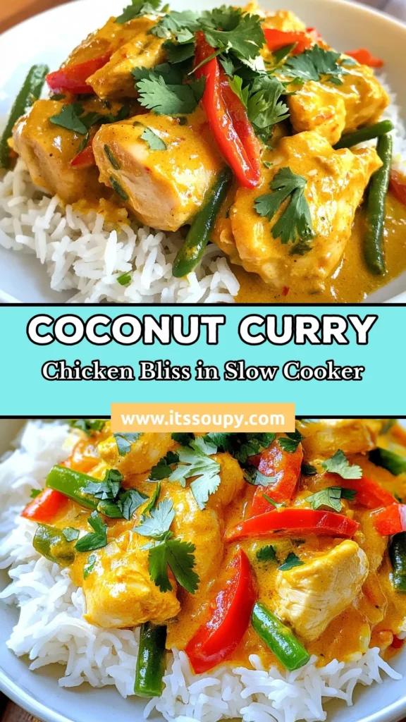 Discover the flavors of this easy slow cooker chicken curryrecipe with a delightful twist! This coconut chicken curry combines tender chicken thighs with rich coconut milk for a delicious Thai curry recipe that’s perfect for busy nights. Enjoy a simple and satisfying meal with vibrant veggies and jasmine rice. Ideal for coconut milk recipes, this dish is a must-try! Save this recipe for your next dinner! #CoconutChickenCurry #EasyChickenCurry #SlowCookerRecipes #ThaiCurryRecipe