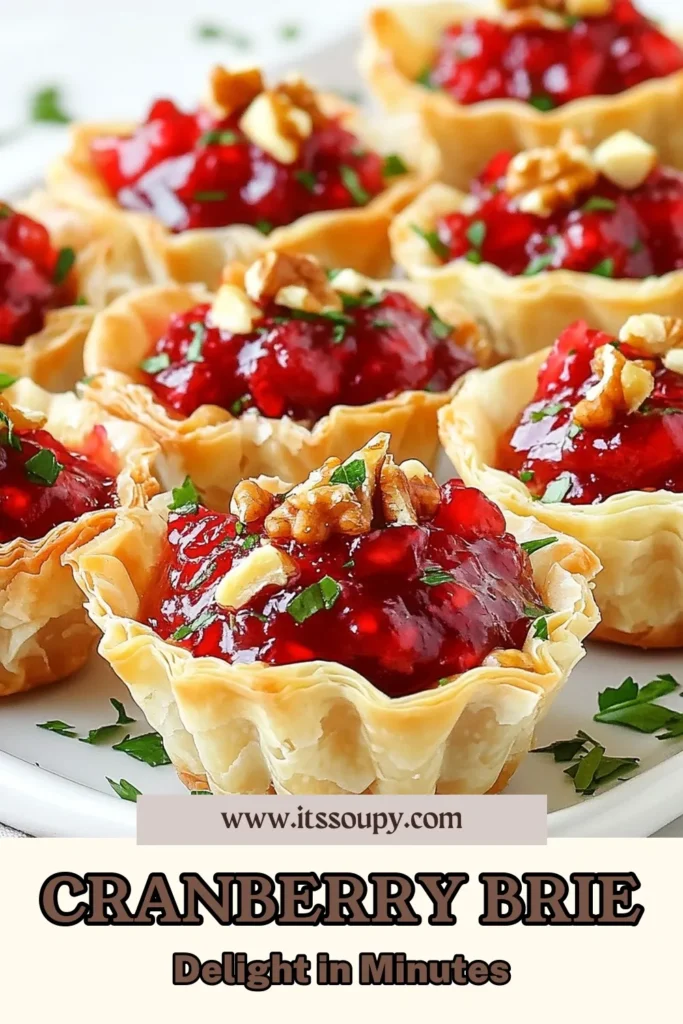Indulge in these delicious Cranberry Brie Phyllo Cups, the perfect holiday appetizers! This easy recipe uses flaky phyllo dough to create bites filled with creamy brie cheese and tart cranberry sauce. Ideal for gatherings, these phyllo dough appetizers are sure to impress. Make your next event memorable with these tasty brie cheese recipes. Save this recipe for your holiday entertaining! #CranberryBriePhylloCups #PhylloDoughAppetizers #HolidayAppetizers #BrieCheeseRecipes