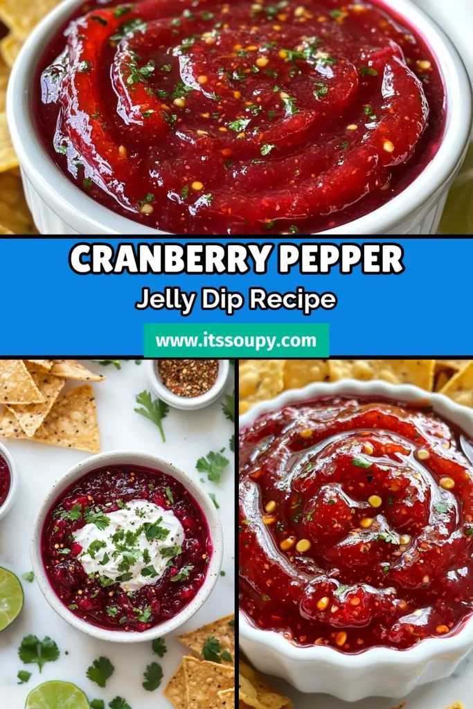 Looking for an easy appetizer recipe that will wow your guests? Try this delicious cranberry pepper jelly dip! Made with cream cheese, fresh ingredients, and sweet pepper jelly, it's perfect for holiday party snacks. Pair it with tortilla chips for a crowd-pleasing tortilla chip dip. Your guests will love this flavorful and festive treat! Save this recipe for your next gathering and make entertaining a breeze. #AppetizerIdeas #HolidaySnacks #CreamCheeseDip #CranberryPepperJellyDip